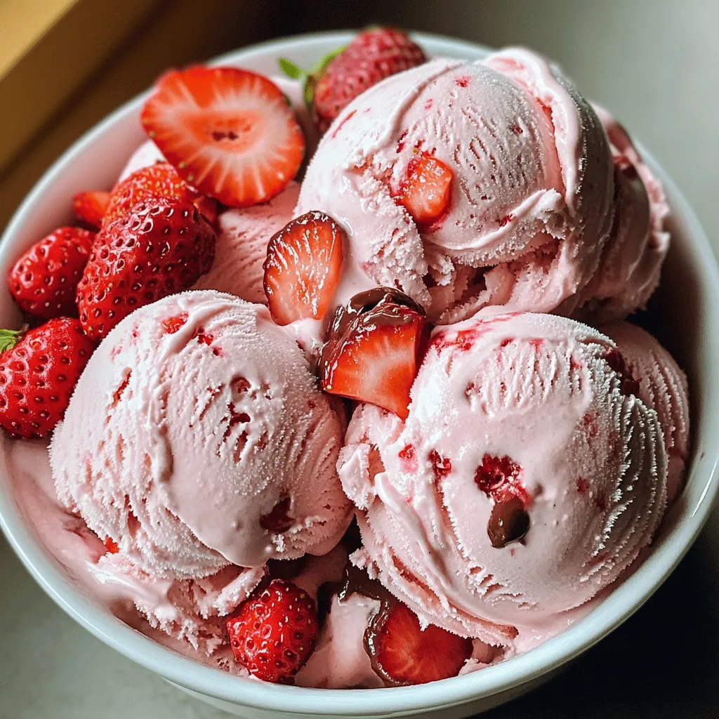 To make your own strawberry ice cream, you need five key ingredients: - 2 cups fresh strawberries, hulled and sliced - 1 cup granulated sugar, divided - 1 cup whole milk - 2 cups heavy cream - 1 teaspoon vanilla extract These ingredients work together to create a creamy and fruity delight. The strawberries bring a bright flavor, while the sugar adds sweetness. Whole milk and heavy cream give it that rich, smooth texture we love in ice cream. Vanilla enhances all the flavors, making each bite special. You can make your ice cream even more fun with these optional add-ins: - Chocolate chips - Fresh mint leaves - Nuts or seeds for crunch These extras add texture and new flavors. Chocolate chips mix great with strawberries. Mint leaves give a fresh twist, while nuts add a nice crunch. To make homemade strawberry ice cream, you will need a few simple tools: - Ice cream maker - Mixing bowls - Fork or potato masher - Airtight container An ice cream maker is key for getting that soft and creamy texture. Mixing bowls help combine your ingredients easily. A fork or potato masher will help break down the strawberries. Finally, an airtight container is perfect for storing your ice cream once it's ready. For the complete process, check out the Full Recipe. - Macerating the strawberries Start by placing the sliced strawberries in a medium bowl. Add half a cup of sugar and mix gently. Let them sit for 30 minutes. This helps release the sweet juices and boosts the flavor. - Mashing for texture After 30 minutes, grab a fork or a potato masher. Lightly mash the strawberries. Leave some chunks for a fun texture. Set them aside for later. - Combining milk, cream, and sugar In a large mixing bowl, whisk together the rest of the sugar, whole milk, heavy cream, vanilla extract, and a pinch of salt. Make sure the sugar dissolves completely. This mix is the base of your ice cream. - Incorporating the strawberries Add the macerated strawberries and their juice to the cream mixture. Stir well to blend everything evenly. The strawberries will give your ice cream a beautiful pink hue and sweet taste. - Operating the ice cream maker Pour the mixture into your ice cream maker. Follow the manufacturer’s instructions to churn. Typically, it takes about 20 to 25 minutes. You want it to turn creamy and soft. - Storing the ice cream Once churned, move the ice cream to an airtight container. Freeze it for at least 2 to 4 hours. This will help it firm up. Before serving, let it sit at room temperature for a few minutes to soften. This makes scooping easier. For the full recipe, check out Strawberry Fields Forever Ice Cream. Freezing time is key to a creamy ice cream. After churning, let your ice cream sit in the freezer for at least 2 to 4 hours. This step helps it firm up nicely. The consistency while churning also matters. Aim for a soft-serve texture. If you churn too long, it can become too hard once frozen. Ripening your strawberries before using them boosts their sweetness. Leave them on the counter for a day or two. The extra time helps them develop great flavor. You can add extracts, too. A splash of almond or lemon extract can give your ice cream a new twist. If your ice cream is too hard to scoop, it may need more time at room temperature. Just let it sit for a few minutes before trying again. Ice crystals can form if you don’t churn enough or if the ice cream freezes too fast. Make sure your ice cream maker is cold before you start. This helps avoid icy bits in your treat. For the full recipe, check the section above. Enjoy your homemade strawberry ice cream! {{image_2}} You can easily make vegan strawberry ice cream. Start by substituting dairy with plant-based milk. Almond or coconut milk works great. These milks add a nice creaminess without using dairy. Use agave or maple syrup as sweeteners. Both options are natural and tasty. They add a unique flavor to your ice cream. If you want a dairy-free version, there are good alternatives. You can use oat milk or cashew milk instead of whole milk. They are rich and creamy. For heavy cream, try using coconut cream. It gives a smooth texture. You can also blend in nut butters. Almond or cashew butter adds creaminess and flavor. Mixing flavors can make your ice cream even more fun. Try a strawberry banana swirl. Just blend ripe bananas with the strawberries. The banana adds a sweet and creamy taste. Another great combo is strawberry lemonade ice cream. Mix in lemon juice and zest for a tangy twist. This brightens the flavor and makes it refreshing. Check the Full Recipe to explore more ways to enjoy homemade strawberry ice cream! To keep your homemade strawberry ice cream fresh, use an airtight container. This will stop air from getting in and causing freezer burn. I recommend using a glass or plastic container that seals tightly. Make sure to fill it close to the top to limit air space. Freezer burn can ruin the taste and texture of your ice cream. To prevent this, cover the surface with plastic wrap before sealing the lid. This helps to block air and keep it creamy. For the best flavor, eat your ice cream within two weeks. It will stay fresh for about a month if stored well. After that, the taste and smoothness may fade. If you need to refreeze your ice cream, do it quickly. Take it out only when you are ready to serve. If it melts too much, it can form ice crystals. This can make it less creamy and enjoyable. Sometimes, ice cream can freeze too hard. To make it easier to scoop, let it sit at room temperature for about five minutes. This will soften it just enough for a smooth scoop. When serving, use a warm ice cream scoop. Run it under hot water for a few seconds. This trick helps to get that perfect scoop with ease. Enjoy your homemade strawberry ice cream! Making homemade strawberry ice cream takes about 4 hours and 50 minutes in total. You need around 50 minutes for prep work. Start by preparing your strawberries and mixing your ingredients. Then, churn the mixture in an ice cream maker for about 20 to 25 minutes. After that, you must freeze it for 2 to 4 hours to let it firm up. That’s when it becomes creamy and delicious! Yes, you can make strawberry ice cream without an ice cream maker! Here are two easy methods: - Freezer method: Pour your mixture into a shallow dish. Stir it every 30 minutes for about 3 to 4 hours. This helps break up ice crystals and keeps it creamy. - Bag method: Place your mixture in a smaller zip-top bag. Seal it tightly, then place it in a larger bag filled with ice and salt. Shake for about 10 to 15 minutes. Your ice cream will form in the smaller bag! If your ice cream turns out too icy, here are some tips: - Mix it well: If possible, let it soften, then mix it again. This can break up ice crystals. - Add more cream: Use more heavy cream next time. More fat helps create a smoother texture. - Sugar balance: Make sure you use enough sugar. Sugar lowers the freezing point, helping to keep your ice cream creamy. For the full recipe, check out Strawberry Fields Forever Ice Cream and enjoy this simple treat! Making homemade strawberry ice cream is fun and rewarding. You need fresh strawberries, sugar, milk, and cream. Optional add-ins like chocolate chips or nuts add more flavor. Use an ice cream maker to churn your mix. Remember to store it in an airtight container. Final thoughts: Enjoying your own ice cream is a treat. Follow the tips for the best texture and flavor. Experiment with variations to find your favorite. With a little practice, you can master homemade strawberry ice cream. Enjoy every scoop!