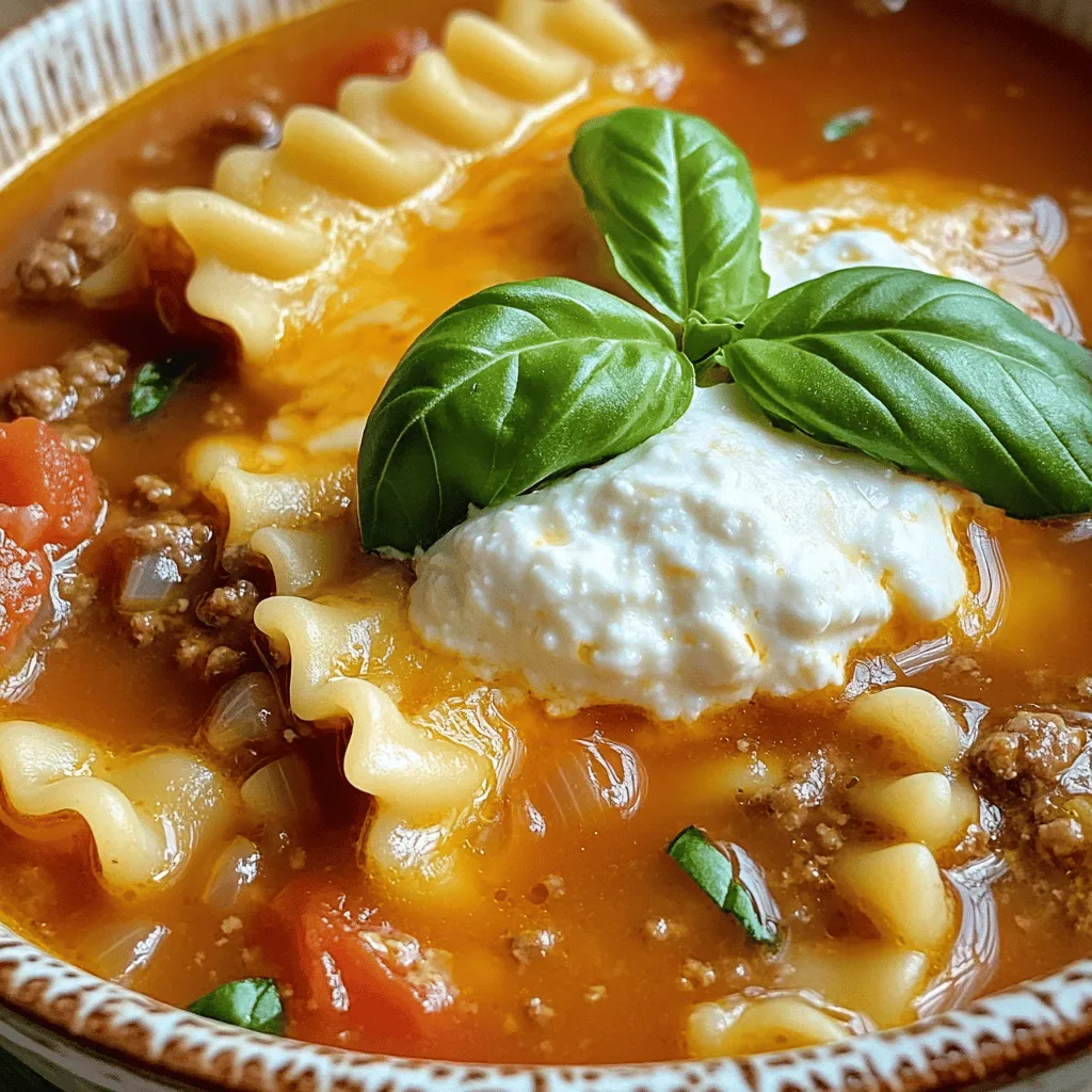 To make a delicious easy lasagna soup, you need the following main ingredients: - 1 lb ground beef or turkey - 1 medium onion, diced - 3 cloves garlic, minced - 1 (28 oz) can crushed tomatoes - 4 cups beef or vegetable broth - 8 oz uncooked lasagna noodles, broken into pieces - 1 cup ricotta cheese - 1 cup shredded mozzarella cheese - ½ cup grated Parmesan cheese These ingredients create a rich and hearty soup that feels like a warm hug. The ground beef or turkey provides protein, while the tomatoes and broth create a flavorful base. The lasagna noodles add heartiness, and the cheeses bring that classic lasagna taste. To enhance the flavor, you’ll want to add a few key seasonings: - 2 teaspoons Italian seasoning - 1 teaspoon salt - ½ teaspoon black pepper - Fresh basil for garnish Italian seasoning ties everything together with its mix of herbs. Salt and pepper are essential for balancing the flavors. Fresh basil adds a pop of color and a fresh taste to your soup. Each bite will remind you of comfort food at its best. For the full recipe, check out the [Full Recipe]. First, you need to brown your ground beef or turkey. Use a large pot over medium heat. Break the meat apart with a spoon. Cook until it is no longer pink. Drain any excess fat. Next, add your diced onion and minced garlic. Sauté them for about 3 to 4 minutes. You want the onion to become soft and translucent. This step fills your kitchen with a great smell. Now, stir in the crushed tomatoes and broth. You can use either beef or vegetable broth. Add Italian seasoning, salt, and black pepper for flavor. Bring this mixture to a gentle simmer. This helps the flavors blend nicely. Add the broken lasagna noodles to the pot once it simmers. Stir occasionally as they cook. In about 10 to 12 minutes, the noodles should be tender. This is the heart of your soup! While the noodles cook, mix ricotta, half of the mozzarella, and half of the Parmesan cheese in a bowl. Set this cheesy mix aside. When the noodles are done, ladle the soup into bowls. Add a spoonful of the cheesy mixture to each bowl. Stir gently to mix. Top each serving with the rest of the mozzarella and Parmesan. Let it melt slightly before adding fresh basil leaves for garnish. For the full recipe, check out [Full Recipe]. Enjoy your tasty creation! To make your lasagna soup shine, use fresh herbs. Basil and oregano add a great taste. You can also add thyme for a nice twist. For spices, try a pinch of red pepper flakes for some heat. Adding vegetables boosts nutrition and flavor. Chopped spinach or diced bell peppers work well. Just toss them in while cooking. If you choose ground turkey instead of beef, cook it a bit longer. Turkey can be leaner, so it needs more time to brown. For different noodle types, adjust cooking time. Whole wheat noodles may need a minute or two more. Always check for tenderness. Serve your lasagna soup with crusty bread. Garlic bread pairs nicely, too! You can also top it with fresh herbs for a pop of color. For a fun twist, serve it in bread bowls. This makes the meal more special. Don’t forget to check the Full Recipe for all details! {{image_2}} You can make a vegetarian version of lasagna soup by swapping out meat for veggies. Try using chopped mushrooms, spinach, or zucchini for a hearty mix. Beans like cannellini or lentils add protein too. For a rich flavor, I suggest using cottage cheese or a mix of ricotta and mozzarella. These cheeses bring creaminess and taste without the meat. If you like heat, make it spicy! Add red pepper flakes while cooking the soup for a kick. You can also drizzle in some hot sauce to boost the flavor. For a smoky heat, consider using chipotle peppers or diced jalapeños. Adjust to your taste, and enjoy that warm spice in every spoonful. For a gluten-free version, use gluten-free lasagna noodles. These cook well and hold the soup together. Check labels on the broth and cheese, as some may contain gluten. You can use vegetable broth and cheese made from nuts for a tasty twist. This way, everyone can enjoy the soup, no matter their dietary needs. To keep your easy lasagna soup fresh, follow these simple steps. First, let the soup cool down to room temperature. This helps prevent condensation in the storage container. Next, use airtight containers to store your soup. Glass or plastic containers work well. Make sure to leave some space at the top, as the soup may expand when frozen. Store it in the fridge if you plan to eat it within a few days. If you want to save your lasagna soup for later, freezing is a great option. Pour the cooled soup into freezer-safe containers or heavy-duty freezer bags. Be sure to label each container with the date. This way, you’ll know how long it’s been frozen. You can freeze lasagna soup for up to three months. When you are ready to enjoy it again, move the soup from the freezer to the fridge. Let it thaw overnight. For reheating, pour the soup into a pot. Heat it on the stove over medium heat. Stir it often to ensure it warms evenly. If the soup seems thick after freezing, add a little water or broth to thin it out. Enjoy your comforting dish! Easy lasagna soup lasts about 3 to 4 days in the fridge. To keep it fresh, store it in an airtight container. This helps prevent odors and keeps flavors intact. Yes, you can make this soup ahead of time. Cook it as usual and let it cool. Then, store it in the fridge for up to 3 days. To reheat, warm it gently on the stove or in the microwave. Just be sure to stir well as it heats. This method saves time on busy days. Yes, you can substitute some ingredients. Here are common swaps: - Use ground chicken or sausage instead of beef. - Swap ricotta for cottage cheese if you prefer. - For a vegetarian version, use lentils or mushrooms instead of meat. These changes can adjust the flavor and texture but still keep the dish tasty. You now have all the tools to make a delicious lasagna soup. We covered the main ingredients, like ground meat, tomatoes, and cheese. I shared a step-by-step guide to help you through cooking. You learned great tips to boost flavor and how to store leftovers. Plus, we discussed tasty variations like vegetarian and gluten-free options. Cook with confidence and enjoy creating this warm, comforting meal. The joy of sharing it with loved ones can make it even better. Happy cooking!