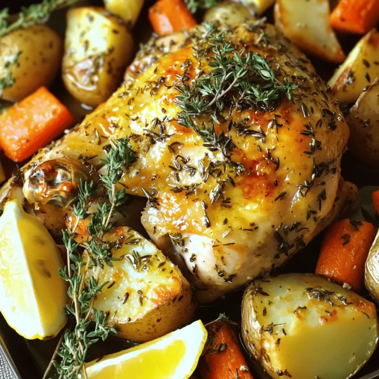 - 1 whole chicken (about 4-5 lbs) - 3 tablespoons olive oil - 2 teaspoons salt - 1 teaspoon black pepper - 1 tablespoon garlic powder - 1 tablespoon onion powder - 2 teaspoons dried thyme - 2 teaspoons dried rosemary - 1 teaspoon paprika - Juice of 1 lemon - 1 onion, quartered - 4 cloves garlic, smashed - Fresh herbs (like thyme and rosemary) for garnish For a great meal, you need a whole chicken. Aim for one that weighs about 4-5 lbs. This size cooks well and gives juicy meat. Next, gather your essential seasonings and herbs. Olive oil adds moisture and flavor. Salt and black pepper bring out the taste. Garlic powder and onion powder give depth. Dried thyme and rosemary add that lovely herbal note. Finally, a touch of paprika adds color and a slight kick. You can add optional ingredients to enhance flavor. Quarter an onion and smash some garlic cloves. They will stuff the chicken's cavity. This adds aroma and taste while cooking. Fresh herbs make a lovely garnish. They add color and a fresh touch to your dish. For the full recipe, check out the instructions to bring this meal to life. 1. Preheat your oven to 425°F (220°C). A hot oven helps the chicken cook evenly. 2. Rinse the chicken under cold water. Pat it dry with paper towels. This step is key for a crispy skin. 3. Place the chicken in a roasting pan. This helps collect the juices as it cooks. 4. In a small bowl, combine the olive oil, salt, pepper, garlic powder, onion powder, dried thyme, dried rosemary, and paprika. Mix these well to make a thick herb paste. 5. Rub the herb paste all over the chicken. Be sure to get it under the skin. This adds flavor throughout the meat. 6. Squeeze the juice of one lemon over the chicken. This gives a nice tangy flavor. 7. Stuff the cavity of the chicken with the quartered onion and smashed garlic cloves. This adds great aroma while cooking. 1. Place the chicken in the preheated oven. Roast it for about 1 hour and 20 minutes. The internal temperature should reach 165°F (75°C) for safe eating. 2. Baste the chicken with its juices twice during cooking. This keeps the meat moist and flavorful. 3. To check for doneness, insert a meat thermometer into the thickest part of the thigh. If it reads 165°F (75°C), the chicken is ready. 4. Once cooked, take the chicken out of the oven. Let it rest for 10-15 minutes before carving. This helps keep the juices inside the meat. 5. Before serving, garnish with fresh herbs for a beautiful touch. For the full recipe, check the details above. Enjoy your savory herb roasted chicken! To make your savory herb roasted chicken burst with flavor, focus on the herbs. Rub the herb mix all over the chicken. Getting it under the skin is key. This helps the chicken soak up all those tasty flavors while cooking. If fresh herbs are not handy, you can use dried herbs. They work well, too. Just remember, dried herbs are stronger. Use about one-third of the amount of fresh herbs. So, if a recipe calls for 3 teaspoons of fresh thyme, use just 1 teaspoon of the dried kind. Stuffing the chicken cavity with aromatics is another great trick. Use quartered onions, smashed garlic, or lemon wedges. This adds moisture and flavor. These ingredients will steam the chicken from inside. For the perfect meal, pair your roasted chicken with side dishes like roasted veggies, rice, or a fresh salad. Carrots and potatoes roasted alongside the chicken add taste and color. When serving, place the chicken on a large platter. Surround it with the roasted veggies. This makes your dish look inviting. Sprinkle fresh herbs on top for a lovely finish. It adds a pop of green and a hint of freshness. For more ideas, check out the Full Recipe for inspiration on creating a stunning meal! {{image_2}} You can mix things up with different herbs or spices. Try using fresh basil or cilantro. These herbs add a bright, fresh touch to your chicken. You can also swap in spices like cumin or coriander for a warm flavor. Citrus variations can change the taste of your meal. Instead of lemon, try orange or lime. Both add a sweet and tangy twist to your dish. A hint of grapefruit can also give your chicken a unique taste. Just squeeze the juice over the chicken before roasting. You can roast your chicken in different ways. An air fryer cooks quickly and gives you crispy skin. Set the air fryer to 375°F (190°C) and cook for about 50 minutes. Just make sure to check the temp! Another great option is a slow cooker. This method keeps your chicken moist and flavorful. Cook on low for 6-7 hours or on high for 3-4 hours. You can add veggies to the pot for a complete meal. Grilling is perfect for summer. It gives your chicken a smoky taste. Preheat your grill and cook the chicken over medium heat. Turn it every 10 minutes. It should take about 1 hour to cook through. For the full recipe, visit the [Full Recipe] link. After enjoying your savory herb roasted chicken, proper storage is key. First, let the chicken cool down to room temperature. Then, wrap it tightly in plastic wrap or foil. You can also place it in an airtight container. This helps keep moisture in and prevents it from drying out. For refrigeration, store the chicken in the fridge for up to four days. If you want to keep it longer, freezing works well. To freeze, cut the chicken into portions. Place each piece in a freezer-safe bag, removing as much air as possible. Label the bags with the date. When reheating your chicken, use the oven or a skillet for best results. Set your oven to 350°F (175°C). Heat the chicken for about 20 minutes, or until warm. This method helps retain its crispy skin and juicy meat. Roasted chicken lasts in the fridge for about four days. After that, it's best to toss it out. Signs of spoilage include a sour smell, slimy texture, or discoloration. If you see any of these signs, don't eat it. Always trust your senses when deciding if food is safe. For frozen chicken, you can keep it for up to six months. Just remember, the quality may decline over time. Always check for freezer burn, which looks like dry spots on the meat. This can affect flavor, but the chicken is still safe to eat. How to tell when the chicken is fully cooked? The chicken is done when it reaches an internal temperature of 165°F (75°C). You can check this with a meat thermometer. Insert it into the thickest part of the thigh. The juices should run clear, not pink. Can I use a smaller or larger chicken? Yes, you can use a different size chicken. Just adjust the cooking time. A smaller chicken cooks faster, while a larger one takes longer. Check the temperature to be sure it’s fully cooked. What are the best herbs for flavoring chicken? Great herbs for chicken include thyme, rosemary, and parsley. You can mix them for a rich taste. Fresh herbs add a vibrant flavor, while dried herbs still work well. Can I make this recipe ahead of time? Yes, you can prep the chicken a day before. Rub the herb mix on and cover it. Let it sit in the fridge overnight. This makes the flavors stronger. What are the best tools for roasting chicken? You need a roasting pan and a meat thermometer. A good knife helps carve the chicken easily. Using kitchen twine can help tie the legs for even cooking. You learned about the key ingredients and steps to roast a whole chicken perfectly. We covered tips to enhance flavor, serving ideas, and various cooking methods. Remember, choosing fresh herbs and keeping your chicken properly stored is crucial for taste. By following these tips, you can create a delicious meal. Enjoy the satisfaction of serving a perfect roast chicken, impressing family and friends alike. Happy cooking!