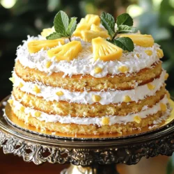 To make Pineapple Heaven Cake, gather these items: - 2 cups all-purpose flour - 1 ½ cups granulated sugar - 1 teaspoon baking powder - ½ teaspoon baking soda - ½ teaspoon salt - ½ cup unsalted butter, softened - 1 cup buttermilk - 2 large eggs - 1 teaspoon vanilla extract - 1 cup crushed pineapple, drained - 1 cup sweetened shredded coconut You can make your cake even better with these add-ins: - ½ cup chopped pecans - Fresh pineapple slices for garnish - Extra shredded coconut on top If you need to swap an ingredient, try these options: - Use coconut milk instead of buttermilk for a dairy-free cake. - Replace eggs with flaxseed meal mixed with water for a vegan option. - Use whole wheat flour instead of all-purpose flour for a heartier cake. These options still keep the cake tasty while letting you adjust to your needs. For the full recipe, check out the detailed instructions. Start by preheating your oven to 350°F (175°C). Grease and flour two 9-inch round cake pans. In a large mixing bowl, combine the dry ingredients: 2 cups of all-purpose flour, 1 ½ cups of granulated sugar, 1 teaspoon of baking powder, ½ teaspoon of baking soda, and ½ teaspoon of salt. Whisk them together until they blend well. Next, add ½ cup of softened unsalted butter to the mix. Use an electric mixer to cream the butter until it’s light and fluffy. Slowly pour in 1 cup of buttermilk while mixing. This will help create a smooth batter. Now, add 2 large eggs, one at a time. Mix well after each egg to ensure they are fully blended. Then, stir in 1 teaspoon of vanilla extract. Gently fold in 1 cup of drained crushed pineapple, 1 cup of sweetened shredded coconut, and ½ cup of chopped pecans if you choose to use them. Make sure these ingredients are evenly spread throughout the batter. Once your batter is ready, divide it evenly between the two prepared cake pans. Smooth the tops with a spatula. Place the pans in the preheated oven and bake for 25-30 minutes. To check if the cakes are done, insert a toothpick into the center. If it comes out clean, your cakes are ready! After baking, remove them from the oven and let them cool in the pans for about 10 minutes. Then, transfer the cakes to wire racks to cool completely. For the frosting, I like to keep it simple with whipped cream or cream cheese frosting. To make whipped cream, beat together 1 cup of heavy cream, ½ cup of powdered sugar, and 1 teaspoon of vanilla extract. Continue mixing until stiff peaks form. This frosting will be light and delicious! Spread the frosting between the layers of your cooled cake and on top as well. For a fun touch, you can garnish the cake with extra shredded coconut and pineapple slices. Enjoy this Pineapple Heaven Cake, and don’t forget to check the Full Recipe for more details! To make your Pineapple Heaven Cake moist, start with room temperature ingredients. This helps them blend better. Use fresh buttermilk for a rich flavor. Drain the crushed pineapple well to avoid excess moisture. Adding shredded coconut keeps the cake tender. Always measure your flour correctly. Too much flour can dry out your cake. After baking, let the cakes cool in the pans for just 10 minutes. This helps them firm up. Then, transfer the cakes to wire racks to cool completely. Once cool, use a serrated knife to level the tops if needed. This ensures even stacking. Place the first layer on your serving plate. Spread frosting on top before adding the second layer. For a beautiful finish, use whipped cream or cream cheese frosting. You can pipe it for a fancy look. Top the cake with extra shredded coconut and pineapple slices. Fresh mint leaves add a nice touch. Serve your cake on a decorative stand for added flair. Check out the Full Recipe for more ideas on garnishing! {{image_2}} You can change up the flavor by adding other fruits. Try diced mango, banana, or kiwi. These fruits pair well with pineapple. They add color and sweetness. You can mix them right into the batter. This gives you a tropical burst in each bite. The frosting can be just as fun. Instead of whipped cream, try cream cheese frosting. Mix together cream cheese, powdered sugar, and vanilla. This makes a tangy and sweet frosting. You could also use a simple glaze. Just mix powdered sugar with pineapple juice for a fruity touch. You can make this cake gluten-free! Use a gluten-free flour blend instead of all-purpose flour. This keeps the cake soft and moist. For a vegan version, swap eggs with flaxseed meal and buttermilk with almond milk. Use coconut cream for the frosting. These swaps keep the cake tasty and light. Explore the [Full Recipe] for more details on making this delightful cake! To keep your Pineapple Heaven Cake fresh, wrap it tightly in plastic wrap. This helps seal in moisture and flavor. You can also store it in an airtight container. Place it in the fridge if you have leftover cake. It stays fresh for about five days. If you want to save some cake for later, freezing is a great option. First, let the cake cool completely. Then, slice it into pieces. Wrap each piece in plastic wrap, then place them in a freezer bag. This way, you can enjoy cake anytime! The cake can freeze well for up to three months. When you are ready to eat your frozen cake, take it out of the freezer. Let it thaw in the fridge overnight. If you want to warm it up, use a microwave. Heat it in short bursts, around 15 seconds at a time. This keeps the cake moist and tasty. You can also enjoy it cold if you prefer! For more details, check the Full Recipe. Pineapple Heaven Cake is a moist, sweet dessert. It features layers of cake with crushed pineapple and coconut. This cake is simple yet delicious. The flavor is bright and tropical. It is a perfect treat for any occasion. You can easily impress friends and family with this cake. You can make Pineapple Heaven Cake a day in advance. Bake the cake layers and let them cool. Wrap them tightly in plastic wrap. Store them in the fridge. You can also prepare the frosting ahead of time. Just keep it in the fridge until you’re ready to frost the cake. Yes, you can use fresh pineapple. Just make sure to chop it finely. If you use fresh pineapple, drain any extra juice. This keeps your cake from getting too soggy. Fresh pineapple gives a nice, bright flavor to the cake. Pineapple Heaven Cake lasts about 3-4 days at room temperature. If you store it in the fridge, it can last up to a week. Make sure to cover it well to keep it fresh. You can also freeze it for up to three months. Just wrap each slice tightly before freezing. In this article, we explored how to make Pineapple Heaven Cake. We went through the key ingredients, from essential to optional add-ins. I shared my step-by-step instructions for preparing the batter, baking, and making frosting. We also covered tips for a moist cake and fun decorating ideas. You learned variations for different tastes and dietary needs, plus how to store leftovers effectively. Baking this cake can be fun and rewarding. Enjoy your baking adventure!