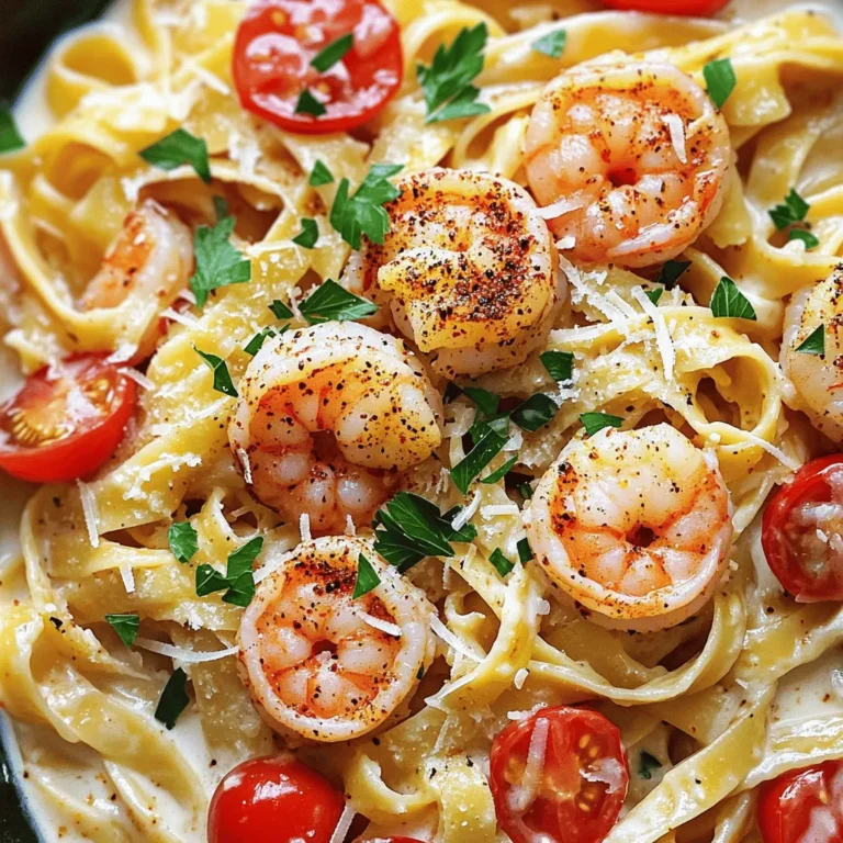 Creamy Cajun Shrimp Pasta is a tasty and quick meal. It takes just 30 minutes to make. This dish combines shrimp, pasta, and a rich sauce. You can find the full recipe at the top of this section. Here is what you need to make this dish: - 8 oz fettuccine or penne pasta - 1 lb large shrimp, deveined and tails removed - 1 tablespoon Cajun seasoning - 2 tablespoons olive oil - 1 small onion, diced - 3 cloves garlic, minced - 1 red bell pepper, sliced - 1 cup heavy cream - 1 cup chicken broth - 1 cup cherry tomatoes, halved - 1/2 cup grated Parmesan cheese - Salt and pepper to taste - Fresh parsley, chopped for garnish These ingredients work together to create a rich and creamy flavor. The Cajun seasoning adds a nice kick. The heavy cream and cheese give the sauce its creamy texture. You can use either fresh or frozen shrimp. Fresh shrimp often taste better, but frozen shrimp are easier to find. If you use frozen shrimp, make sure to thaw them first. Just place them in cold water for about 15 minutes. Both options will work well in this dish. Choose what you prefer or what you have on hand! Start with a large pot of water. Add salt to the water. Bring it to a boil. Once boiling, add 8 oz of fettuccine or penne pasta. Cook the pasta until it is al dente, following the package instructions. This usually takes about 8-10 minutes. After cooking, drain the pasta and set it aside. In a bowl, take 1 lb of large shrimp. Make sure they are deveined and tails are off. Sprinkle 1 tablespoon of Cajun seasoning over the shrimp. Toss the shrimp gently until they are well coated. This adds great flavor to the shrimp. In a large skillet, heat 2 tablespoons of olive oil over medium-high heat. Once hot, add the seasoned shrimp. Cook the shrimp for about 2-3 minutes on each side. They should turn pink and be fully cooked. Remove the shrimp and set them aside. In the same skillet, add 1 small diced onion, 3 minced garlic cloves, and 1 sliced red bell pepper. Cook these for about 5 minutes. You want the onion to be soft and clear. Then, pour in 1 cup of chicken broth and 1 cup of heavy cream. Stir well and let it simmer. Next, add 1 cup of halved cherry tomatoes to the skillet. Let them cook for 2-3 minutes until they start to soften. Now, return the cooked pasta and shrimp to the skillet. Stir in 1/2 cup of grated Parmesan cheese, mixing everything together until smooth. Season with salt and pepper to taste. Serve this dish hot, garnished with fresh chopped parsley. Enjoy your creamy Cajun shrimp pasta! For full details, refer to the Full Recipe. Want to change the heat level? You can adjust the Cajun seasoning. Start with one tablespoon. Taste the dish as you cook. If you want more heat, add extra seasoning little by little. You can also add a pinch of cayenne pepper for an extra kick. Remember, it’s easier to add spice than to take it away. For the creamiest sauce, use heavy cream. It blends well with the Cajun flavors. Be sure to simmer the sauce gently. This helps it thicken without curdling. Stir in the Parmesan cheese slowly. This adds richness and depth. If the sauce feels too thick, add a splash of chicken broth. This keeps the sauce smooth and creamy. Creamy Cajun shrimp pasta is great on its own, but sides can enhance the meal. A crisp green salad pairs well. It balances the richness of the pasta. Garlic bread is also a favorite. It lets you enjoy every drop of the creamy sauce. For a fun twist, serve with sautéed greens like spinach or kale. Each bite will be delicious! Check out the Full Recipe for more tips. {{image_2}} You can swap heavy cream for a lighter option like Greek yogurt or coconut milk. This change cuts calories and adds protein. You can also use whole wheat pasta instead of regular pasta. Whole wheat pasta has more fiber, making it a healthier choice. You can use many types of pasta for this dish. Try using gluten-free pasta if you have a gluten sensitivity. Spiralized zucchini or spaghetti squash works well for a low-carb option. These alternatives keep the flavors but change the texture. To make a vegetarian version, replace shrimp with sautéed mushrooms or firm tofu. Season them with Cajun spices for that same kick. For a vegan dish, use coconut cream instead of heavy cream. Don’t forget to use vegetable broth in place of chicken broth. These swaps keep the dish rich and tasty without animal products. For more ideas, check out the Full Recipe. Store your leftover creamy Cajun shrimp pasta in an airtight container. Make sure to let it cool first. This way, it keeps its flavor and texture. The pasta stays fresh in the fridge for up to three days. Label your container with the date. This helps you remember when you made it. When you want to reheat your creamy Cajun shrimp pasta, I recommend using the stove. Put your pasta in a pan over low heat. Add a splash of chicken broth or cream to help it stay creamy. Stir often until it’s hot. If you use a microwave, place it in a microwave-safe bowl. Cover it with a damp paper towel to keep moisture in. Heat in short bursts, stirring in between. You can freeze creamy Cajun shrimp pasta if you want to save it for later. First, let it cool completely. Then, place it in a freezer-safe container. It will keep for up to three months. When you’re ready to eat, thaw it in the fridge overnight. Then, reheat it on the stove or in the microwave. Enjoy a tasty meal anytime! For the full recipe, check out the recipe section. Yes, you can use chicken, scallops, or even tofu. Chicken works well with Cajun spices. You can cook it the same way as the shrimp. Just make sure it is cooked through. Scallops also add a nice touch. They cook quickly and have a sweet flavor. Tofu is a great choice for a vegetarian option. It absorbs the Cajun flavor well. You can serve this pasta with a side salad or garlic bread. A fresh green salad adds a nice crunch. Use ingredients like romaine, cherry tomatoes, and cucumbers. Garlic bread goes well with the creamy sauce. You can also pair it with grilled veggies for more flavor. This recipe takes about 30 minutes to make. You’ll spend 15 minutes prepping and cooking the pasta. The shrimp and sauce take another 15 minutes. It’s quick and easy, perfect for a weeknight dinner. You can find the full recipe [here](#). In this blog post, we explored how to make creamy Cajun shrimp pasta. We covered essential ingredients, cooking steps, and tips for the best flavors. You learned how to adjust the spice level and create a creamy sauce. I shared fun variations and storage tips for leftovers. Your choice of shrimp can elevate the dish. Whether you use fresh or frozen shrimp, you can enjoy a great meal. Try out these ideas and enjoy cooking a dish that brings joy to your table.