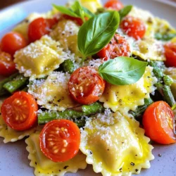 For a delightful plate of ravioli with tomatoes and asparagus, gather these main ingredients: - 250g fresh ravioli (cheese or spinach-filled) - 200g cherry tomatoes, halved - 150g asparagus, trimmed and cut into 2-inch pieces - 3 tablespoons olive oil - 2 cloves garlic, minced - 1 teaspoon dried oregano - Salt and pepper to taste - 50g Parmesan cheese, freshly grated - Fresh basil leaves for garnish These ingredients create a fresh and vibrant dish. The ravioli serves as the base. The cherry tomatoes add sweetness, while asparagus gives a nice crunch. Together, they bring a burst of flavor. You can enhance the dish with these optional ingredients: - Red pepper flakes for heat - Lemon zest for brightness - Pine nuts for crunch These extras let you customize your dish. Add a pinch of red pepper flakes for spice. A sprinkle of lemon zest brightens the flavors. Pine nuts add a lovely texture. This dish is not only tasty but also nutritious. Here’s a quick look at the nutritional facts per serving: - Calories: Approximately 450 - Protein: 18g - Carbohydrates: 60g - Fat: 18g - Fiber: 5g This meal offers a balance of carbs and protein. The fresh veggies add vitamins and minerals. Enjoy this dish knowing it’s both delicious and wholesome. For the complete cooking guide, check the Full Recipe. First, bring a big pot of salted water to a boil. This helps the ravioli cook evenly. Add 250g of fresh ravioli to the pot. You can use either cheese or spinach-filled varieties. Cook them for about 3-4 minutes. They are done when they float to the top. Drain the ravioli and set them aside. Remember to save 1/4 cup of the pasta water for later. Next, grab a large skillet and heat it over medium heat. Pour in 3 tablespoons of olive oil. After the oil warms up, add 2 minced garlic cloves. Sauté the garlic for about 30 seconds until it smells great. Now, toss in 150g of trimmed and cut asparagus pieces. Cook the asparagus for 3-4 minutes. They should soften but stay crunchy. Then, add 200g of halved cherry tomatoes and 1 teaspoon of dried oregano. Cook this mix for another 3-4 minutes. The tomatoes will soften and release their juices. Season with salt and pepper to taste. Now it’s time to bring everything together. Gently add the cooked ravioli to the skillet with the veggies. Pour in the reserved pasta water as well. Toss everything together so the flavors mix well. Heat it through for another 1-2 minutes. The ravioli should be warm and coated with the sauce. Finally, serve the dish by plating the ravioli mixture. Sprinkle 50g of freshly grated Parmesan cheese on top. Add fresh basil leaves to garnish for a touch of color and flavor. For the full recipe, check out the details above. To cook ravioli just right, use a big pot. Fill it with water and add salt. Bring the water to a fast boil. Once boiling, add the ravioli. Fresh ravioli usually cooks in 3-4 minutes. You know it's done when it floats to the top. This means it’s light and fluffy. Be sure to save some pasta water for later. For the best flavor, use fresh asparagus and ripe tomatoes. Start by trimming the asparagus. Cut it into 2-inch pieces. Heat olive oil in a skillet over medium heat. Add minced garlic first to bring out its flavor. Then, toss in the asparagus. Cook it until it softens but stays crunchy. Add halved cherry tomatoes and let them cook until soft. This brings out their natural sweetness. Serve the ravioli in a shallow bowl for a nice look. Top it with freshly grated Parmesan cheese. Add fresh basil leaves for a colorful touch. This dish is tasty alone, but you can pair it with a crisp salad or crusty bread. For extra flavor, drizzle some extra olive oil on top. This dish is perfect for a quick weeknight dinner or a special meal. For the full recipe, check out the details above. {{image_2}} You can use many types of ravioli. Cheese-filled ravioli adds a rich taste. Spinach ravioli gives a fresh, green flavor. If you want something unique, try lobster or mushroom ravioli. Each type brings its own twist to the dish. Feel free to switch up the veggies. Zucchini or bell peppers work well too. You can also add peas for a sweet crunch. For herbs, try thyme or parsley instead of basil. Each swap changes the dish while keeping it fresh. To make this dish vegan, use plant-based ravioli. Check for vegan cheese or skip it altogether. You can use nutritional yeast for a cheesy flavor. For a gluten-free option, use gluten-free ravioli. Always check ingredients to ensure they fit your diet. For a full recipe, see the *Full Recipe* section. After you enjoy your ravioli dish, store any leftovers in an airtight container. Place the container in the fridge. Your leftovers will stay fresh for about three days. Make sure to let the dish cool before sealing it. This helps prevent steam buildup, which can make the pasta soggy. If you want to keep the flavors bright, store the sauce and ravioli separately. When it’s time to enjoy your leftovers, reheating is easy! You can use the microwave or the stove. If you choose the microwave, place the ravioli in a bowl and add a splash of water. Cover it with a damp paper towel. Heat in short bursts until warm, stirring in between. For the stove, gently warm the dish in a skillet over low heat. Add a bit of olive oil if needed to keep it moist. If you want to save your ravioli dish for later, freezing is a great option. First, let the dish cool completely. Then, divide it into portions and place them in freezer-safe bags. Remove as much air as possible before sealing to prevent freezer burn. Your ravioli can last up to three months in the freezer. When you are ready to eat, thaw it in the fridge overnight before reheating. For the best results, try to freeze the dish without the sauce, then add the sauce fresh after reheating. For the full recipe, check out the earlier section on ingredients and cooking steps. Cooking fresh ravioli is quick and easy. It usually takes about 3-4 minutes. You know it's done when it floats to the top. If you use frozen ravioli, check the package for exact times. It may take a bit longer. Yes, you can use frozen ravioli. Just remember to cook it longer than fresh ravioli. Follow the package instructions for the best results. Frozen ravioli works well and can save time. Ravioli pairs well with many sides. You might serve it with a simple green salad. Garlic bread is also a great choice. Consider a light vinaigrette to brighten the meal. For drinks, a crisp white wine complements the dish nicely. For the full recipe, check out the complete guide on Ravioli Delight with Tomatoes & Asparagus. This blog post covered how to make a tasty ravioli dish with tomatoes and asparagus. You learned about key ingredients, step-by-step cooking, and helpful tips. We also explored variations to suit your needs and how to store leftovers. Remember, each choice adds a unique touch to your meal. Try different ingredients and enjoy your creation. Cooking should be fun, so get creative and share with friends. Your kitchen adventures start here!