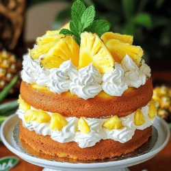 To make this delightful Pineapple Cream Cake, you will need the following items: - 1 cup all-purpose flour - 1 teaspoon baking powder - ½ teaspoon baking soda - ¼ teaspoon salt - ½ cup unsalted butter, softened - 1 cup granulated sugar - 2 large eggs - 1 teaspoon vanilla extract - ½ cup milk - 1 cup crushed pineapple (drained) - 1 cup heavy cream - 2 tablespoons powdered sugar - 1 teaspoon coconut extract - Fresh pineapple slices and mint leaves for garnish Using the right measurements is key. Here are some tips: - If you need gluten-free flour, use a 1:1 blend. - For dairy-free options, try coconut milk and a plant-based butter. - If you don’t have powdered sugar, blend granulated sugar until fine. Both fresh and canned pineapple can work well in this recipe. Fresh pineapple gives a bright flavor and texture. It’s also less sweet and has more natural juice. Canned pineapple is more convenient and often sweeter. Make sure to drain it well to avoid sogginess in your cake. For the best results, use what you love most! To make your Pineapple Cream Cake, you need to follow a few simple steps. Start by gathering your ingredients. You'll need flour, sugar, butter, eggs, and pineapple. Remember to preheat your oven, too. This helps the cake bake evenly. First, preheat your oven to 350°F (175°C). Grease and flour an 8-inch round cake pan. In a medium bowl, whisk together the dry ingredients: flour, baking powder, baking soda, and salt. In a large bowl, cream the softened butter and sugar. Mix until it's light and fluffy. Add the eggs one by one, then stir in the vanilla extract. Next, mix the dry ingredients with the butter mixture. Alternate adding the dry mix and the milk. Start with the dry mix and end with it. Gently fold in the crushed pineapple. Pour the batter into the prepared pan. Bake for 25-30 minutes. Check with a toothpick. When it comes out clean, your cake is ready. Let it cool for 10 minutes in the pan before moving it to a wire rack. Once your cake cools, it's time to make the whipped cream. In a chilled mixing bowl, whip the heavy cream. Add powdered sugar and coconut extract. Beat until you see stiff peaks form. This means your cream is ready to spread. After that, slice the cake in half. Spread whipped cream between the layers and on top. You can use the full recipe for more detail. Finally, garnish with fresh pineapple slices and mint leaves. Enjoy your tropical treat! To bake the best Pineapple Cream Cake, follow these tips: - Use room temperature butter and eggs. This helps the batter mix well. - Measure flour correctly. Spoon it into the cup, then level it off. - Do not overmix the batter. Mix just until combined for a light cake. - Check the cake at 25 minutes. A toothpick should come out clean when done. - Cool the cake in the pan for 10 minutes. Then move it to a wire rack. For a fluffy whipped cream, keep these steps in mind: - Chill your mixing bowl and beaters. Cold tools help the cream whip better. - Use heavy cream. It has a higher fat content, which makes it stable. - Add powdered sugar for sweetness and a bit of coconut extract for flavor. - Whip until stiff peaks form. This means the cream holds its shape well. A beautiful cake makes it even more special. Here are some ideas: - Slice the cake evenly. A serrated knife works best for clean cuts. - Spread whipped cream thickly between layers and on top. This adds to the look. - Use fresh pineapple slices and mint leaves as garnishes. They add color and freshness. - Serve the cake chilled for a refreshing treat. Enjoy every bite! For the full recipe, check out the details above. {{image_2}} You can make this cake gluten-free. Use a gluten-free flour blend instead of all-purpose flour. Look for blends with xanthan gum. This helps achieve the right texture. Follow the same steps as the original recipe. Your cake will still be soft and tasty. To create a vegan version, swap eggs for flaxseed meal or applesauce. Use a plant-based butter and milk. This keeps the cake moist and fluffy. The flavor remains delightful. You will still enjoy the same creamy topping. Use coconut cream instead of heavy cream for the icing. You can change the flavor of this cake to suit your taste. Add coconut extract for a tropical twist. You can also mix in some chocolate. Use cocoa powder in the batter for a rich chocolate flavor. Don’t forget to adjust the sugar to balance the taste. Another option is to add lemon zest for a fresh, zesty kick. These variations keep the cake fun and exciting. To keep your cake fresh, wrap it well. Use plastic wrap or foil. Place it in an airtight container. Store it in the fridge if you have leftovers. It stays good for about 3 to 5 days. Always check for any signs of spoilage before eating. You can freeze this cake too! First, let it cool completely. Slice the cake into pieces if you want. Wrap each piece in plastic wrap, then foil. This helps prevent freezer burn. Store it in the freezer for up to 3 months. When you’re ready to eat, just thaw it in the fridge overnight. Reheat your cake gently to keep it moist. Use the microwave for a quick fix. Heat it for about 10-15 seconds at a time. If you want to use the oven, preheat it to 300°F (150°C). Place the cake on a baking sheet and cover it with foil. Heat for about 10 minutes. This keeps your cake soft and tasty. For the best flavor, serve it cold with fresh toppings! Yes, you can use fresh pineapple. Just make sure to chop it small. Fresh pineapple adds a bright taste. You may need to drain excess juice. This keeps the cake from becoming soggy. To reduce the sweetness, cut back on sugar. Use only ¾ cup of sugar instead of a full cup. You can also add a pinch of salt. This helps balance the flavors in the cake. Use a proper cake pan and grease it well. Make sure to drain the crushed pineapple fully. You can also bake the cake longer if needed. This ensures the bottom stays firm and delicious. For a complete guide to making this cake, check out the full recipe. It shows each step clearly. This way, you can enjoy every bite of this delightful treat! This blog post covered key ingredients for a tasty cake, along with easy steps to make it. I shared tips for baking, whipping, and presenting. You also learned about fun variations, including gluten-free and vegan options. Proper storage and reheating techniques help keep your cake fresh. With these insights, you can confidently create a delicious Pineapple Paradise Cream Cake. Enjoy the process and the treat!