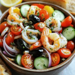 Seafood Components - 1 cup cooked shrimp, peeled and deveined - 1 cup calamari rings, cooked - 1 cup mussels, cooked and shelled I love using fresh seafood in this salad. The shrimp brings a sweet taste. Calamari adds a nice chewy texture, while mussels give a briny flavor. You can mix and match your seafood choices, but these three work great together. Vegetables and Extras - 1 cup cherry tomatoes, halved - 1 cucumber, diced - 1/4 red onion, thinly sliced - 1/4 cup black olives, sliced - 2 tablespoons capers, rinsed - 2 tablespoons fresh parsley, chopped The vegetables add color and crunch. Cherry tomatoes are juicy and sweet. Cucumber gives a cool bite, while red onion adds a mild sharpness. Black olives and capers provide a salty kick. Fresh parsley brightens the dish with its green flavor. Dressing Ingredients - 1 lemon, juiced - 3 tablespoons extra-virgin olive oil - Salt and pepper to taste The dressing is simple but powerful. Fresh lemon juice brings acidity. Extra-virgin olive oil adds richness. A pinch of salt and pepper ties it all together. This dressing enhances every bite of the salad. For the complete preparation, check the Full Recipe. Enjoy your fresh and flavorful Italian seafood salad! Combining Seafood Start by taking a large mixing bowl. Add the cooked shrimp, calamari rings, and mussels. These three seafood items bring great taste and texture. Make sure they are all well-cooked and ready to go. Adding Vegetables Next, it’s time to add color and crunch. Toss in the halved cherry tomatoes, diced cucumber, sliced red onion, black olives, and capers. Each vegetable adds a unique flavor. The mix will look vibrant and fresh. Dressing the Salad Now, let’s dress the salad. Squeeze the juice of one lemon over the seafood and veggies. Then, drizzle in three tablespoons of extra-virgin olive oil. These two ingredients brighten the dish. They make all the flavors pop. Final Tossing and Serving Gently toss everything together. Make sure all the ingredients get coated in the dressing. Now, sprinkle the chopped parsley, salt, and pepper over the top. Toss again to mix well. Let it sit for about 10 minutes. This waiting time helps the flavors blend. Serve your salad in bowls or on a large platter. You can garnish with extra parsley for a nice touch. Enjoy this fresh and flavorful Italian seafood salad with crusty bread for the full experience. For the complete recipe, check out [Full Recipe]. Cooking Seafood Perfectly To cook seafood right, you need timing. Overcooking makes it tough. For shrimp, cook until pink, about 2-3 minutes. For calamari, one minute is enough. Mussels can be steamed until they open, which takes about 5 minutes. This keeps them tender and tasty. Choosing Fresh Ingredients Fresh ingredients make your salad shine. Look for bright colors and firm textures. For seafood, choose bright, clear eyes on fish and a fresh smell. For veggies, select those with no soft spots. Fresh herbs add great flavor and aroma. Always wash your produce well before use. Marinating for Enhanced Flavors Marinating seafood is a game-changer. It helps blend flavors. Mix lemon juice, olive oil, salt, and pepper for a simple marinade. Let your seafood sit in this mix for 15-30 minutes. This step is key for a tasty salad. It adds depth and makes every bite pop. For a detailed guide on making this delightful dish, check out the Full Recipe. {{image_2}} Different Seafood Options You can switch up the seafood in this salad. Use any cooked seafood you love. Try scallops or crab instead of shrimp. You can mix and match according to your taste. Just remember to keep the seafood fresh and tasty. Vegetarian Alternative If you want a vegetarian version, skip the seafood. Use chickpeas or white beans for protein. Add artichoke hearts for a fun texture. You can also use marinated tofu as a substitute. This gives you a fresh and unique salad. Flavor Enhancements Boost flavors with herbs and spices. Fresh basil or dill can add a nice twist. You can also add red pepper flakes for some heat. A splash of balsamic vinegar can give a sweet tang. These small changes can make your salad pop. For the full recipe, check out the Italian Seafood Medley Salad. When you make Italian seafood salad, you want to keep it fresh. Here’s how to store it properly. Refrigerating Leftovers Store leftovers in an airtight container. This helps keep it fresh for about 2 days. Place the salad in the fridge right after serving. If you leave it out for more than 2 hours, throw it away. Keeping seafood safe is important. Freezing Options and Duration Freezing seafood salad isn't the best choice. The texture can change when thawed. If you must freeze it, use a freezer-safe container. It can last up to 1 month. When ready to eat, thaw it overnight in the fridge before serving. Reheating Tips If you choose to reheat your seafood, do it gently. Use a microwave-safe dish and cover it. Heat for short bursts, checking often. You want to warm it, not cook it again. After reheating, let it cool a bit before serving. For more detailed steps on how to make the salad, check the Full Recipe. To make a simpler version, use fewer seafood types. You can stick to shrimp and one other kind, like crab. Replace fresh herbs with dried ones. This keeps the flavors nice without fuss. Great sides include crusty bread or a fresh green salad. You can also serve it with lemon wedges on the side. These choices balance the seafood flavors nicely. The salad lasts up to two days in the fridge. Keep it in a covered container to stay fresh. Make sure to eat it within this time for the best taste. Yes, you can use frozen seafood. Just make sure to thaw it properly. Rinse the seafood under cold water before cooking. Fresh seafood gives a better texture, but frozen works too. To enhance the flavor, add more lemon juice or fresh herbs. You can also include a splash of white wine vinegar. A bit of garlic can add a nice kick too. For the full recipe, check out the detailed instructions above. Italian seafood salad mixes fresh seafood with crisp veggies and a tasty dressing. You can add your favorite seafood and even make it vegetarian. Remember to refrigerate leftovers properly to keep them fresh. Experimenting with flavors and ingredients keeps this dish exciting. Make it your own with these tips, and enjoy a refreshing meal that's simple and delicious. Happy cooking!