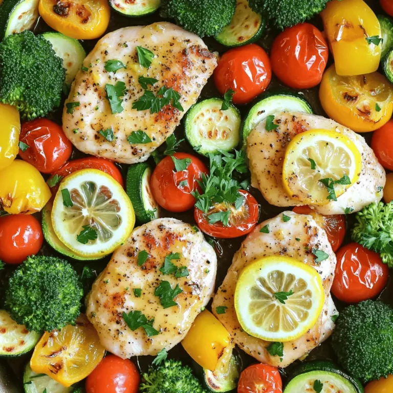 - 4 boneless, skinless chicken breasts - 2 tablespoons olive oil - 1 bell pepper (red or yellow), sliced - 1 zucchini, sliced - 1 cup cherry tomatoes, halved - 1 cup broccoli florets The chicken breasts are the star of this dish. They stay juicy and tender when cooked right. The olive oil helps them to brown nicely and adds flavor. Fresh vegetables like bell pepper, zucchini, cherry tomatoes, and broccoli not only add color but also taste. They roast beautifully alongside the chicken, soaking up the lemon garlic goodness. - 4 cloves garlic, minced - 1 lemon, juiced and zested - 1 teaspoon dried oregano - 1 teaspoon paprika - Salt and pepper to taste Garlic is a key player in this recipe. It brings a rich flavor that pairs well with chicken. The lemon juice and zest add a bright, fresh taste. Dried oregano and paprika give depth and warmth. Salt and pepper round out the seasoning, making every bite pop. - Fresh parsley - Additional lemon wedges Garnishes add a nice touch to your dish. Fresh parsley brings a burst of color and flavor. Lemon wedges allow you to squeeze more zest on top, enhancing the taste. For the full recipe, check out the detailed instructions. First, marinate the chicken. You need to mix olive oil, minced garlic, lemon juice, lemon zest, oregano, paprika, salt, and pepper in a small bowl. This mix is your flavor bomb! Place the chicken breasts in a large bowl and pour half of the marinade over them. Toss the chicken to coat it well. Let the chicken sit for at least 15 minutes to soak up all that flavor. Next, set up the oven. Preheat it to 400°F (200°C). This high heat helps the chicken cook well and keeps it juicy. Now, chop and arrange your veggies. Slice the bell pepper and zucchini. Halve the cherry tomatoes and cut the broccoli into florets. Spread these colorful veggies on a large baking sheet. Make sure they are arranged nicely. Drizzle the remaining marinade over the vegetables and toss gently to coat each piece. It's time to bake! Push the veggies to the sides of the baking sheet. Place the marinated chicken in the center. Bake in your preheated oven for 25 to 30 minutes. While it cooks, the chicken will absorb great flavors from the veggies. Check for doneness by using a meat thermometer. The chicken should reach 165°F (75°C) to be safe to eat. Once cooked, take the pan out and let it rest for 5 minutes. This step keeps your chicken juicy and tasty. Marinating chicken is key to great flavor. I suggest marinating for at least 15 minutes. This time allows the chicken to soak up the lemon and garlic notes. For more flavor, you can marinate overnight in the fridge. A longer marination time helps the chicken become tender and juicy. You can also add fresh herbs like thyme or rosemary to mix things up. To achieve the perfect roast, start by preheating your oven to 400°F (200°C). This high heat creates a nice golden brown on the chicken. Using a meat thermometer is essential. Aim for an internal temperature of 165°F (75°C). This ensures your chicken is safe to eat and stays moist. Remember to let the chicken rest for five minutes after cooking. This helps the juices settle back into the meat. For side dishes, I love serving this with a simple green salad or rice. The lightness of the salad pairs well with the rich flavors of the chicken. You can also serve it with crusty bread to soak up the juices. As for sauces, a drizzle of extra lemon juice can brighten the dish. A garlic aioli is another great pairing for dipping. Check out the Full Recipe for more options! {{image_2}} You can swap out veggies based on what you have. Try seasonal options like asparagus in spring or root veggies in winter. These swaps add different flavors and textures. How to adjust cooking times: - Keep cooking times in mind. Softer vegetables, like zucchini, cook faster. - Harder vegetables, like carrots, need more time. - Check for tenderness about halfway through baking. Herbs and spices can change the taste a lot. Try adding thyme or rosemary for a fresh twist. A pinch of red pepper flakes can bring heat, too. Experimenting with marinades: - Use yogurt or mustard for a tangy kick. - Soy sauce and ginger can give an Asian flair. - Let your imagination run wild with flavors. For those who need a change, chicken isn't your only option. Try turkey or fish for a lighter meal. Vegetarian options: - Swap chicken with tofu or tempeh. - You can use chickpeas for protein. - Make sure to cook until golden for best taste. For the full recipe, check out the detailed steps above. To store leftovers, let the dish cool down first. Place the chicken and veggies in an airtight container. This method keeps them fresh for later meals. You can enjoy your One-Pan Lemon Garlic Chicken and Veggies for up to three days in the fridge. When reheating, use your oven or a microwave. If using the oven, set it to 350°F (175°C). Heat until warm, about 15 minutes. If using a microwave, cover the dish loosely and heat in one-minute intervals. Stir between each interval for even warming. You can freeze your cooked One-Pan Lemon Garlic Chicken and Veggies. To do this, let the food cool completely. Then, transfer it to a freezer-safe container. This dish can last up to two months in the freezer. When you're ready to eat, thaw it in the fridge overnight. After thawing, reheat in the oven or microwave. Make sure the chicken reaches 165°F (75°C) to ensure it's safe to eat. The shelf life of this dish varies based on storage. In the fridge, it lasts about three days. In the freezer, it can last up to two months. Always check for any signs of spoilage before eating. Enjoy your meals confidently, knowing they are stored properly! The total cooking time is about 45 minutes. Here is a quick breakdown: - Prep time: 15 minutes - Cook time: 25-30 minutes This recipe is simple. You can have a tasty meal ready in no time. Yes, you can prepare this dish ahead of time. Here are some meal prep tips: - Marinate the chicken and store it in the fridge for up to 24 hours. - Chop the veggies and keep them in a sealed container. - When you’re ready to cook, just combine everything and bake. This makes weeknight dinners easy and quick! I recommend these side dishes: - A fresh green salad with a light vinaigrette. - Rice or quinoa to soak up the juices. - Crusty bread for a nice crunch. These sides enhance the meal and add variety. To keep your chicken juicy, follow these tips: - Marinate the chicken for at least 15 minutes. This adds flavor and moisture. - Bake it at the correct temperature, around 400°F (200°C). - Use a meat thermometer. Cook until the internal temperature reaches 165°F (75°C). These steps help keep your chicken tender and delicious! For the full recipe, check out the details above. In this blog post, we explored the easy steps to make One-Pan Lemon Garlic Chicken and Veggies. We covered the main ingredients, key seasonings, and optional garnishes that enhance flavor. You learned how to prepare the chicken and vegetables for baking. Tips and tricks improved your cooking technique and meal presentation. Variations let you customize this dish to your taste. Cooking should be fun and tasty. Try new ingredients and enjoy your meals more!
