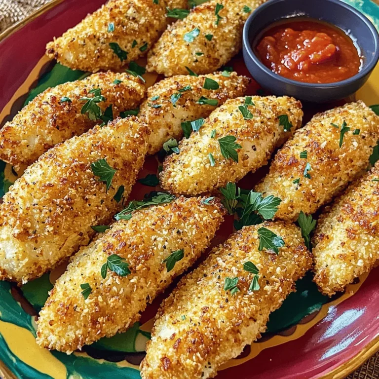 To make oven-baked crispy Parmesan chicken tenders, you need simple and fresh ingredients. Here’s what you will need: - 1 pound chicken tenderloins - 1 cup breadcrumbs (preferably panko) - ½ cup grated Parmesan cheese - 1 teaspoon garlic powder - 1 teaspoon onion powder - ½ teaspoon smoked paprika - ½ teaspoon dried oregano - Salt and pepper to taste - 2 large eggs - 1 tablespoon Dijon mustard - Cooking spray or olive oil for spraying Using quality ingredients is key. Fresh chicken will give you the best flavor and texture. Panko breadcrumbs help achieve that perfect crunch. They are lighter and crispier than regular breadcrumbs. Parmesan cheese adds a rich, nutty flavor. The spices and herbs enhance the taste, making the dish delightful. I always recommend having all ingredients ready before starting. This makes the cooking process smooth and fun. You can easily adjust spices to match your taste. For example, if you love garlic, add more garlic powder. Once you gather your ingredients, you are set to create a delicious dish. For the complete process, check out the Full Recipe. 1. Preheat the oven and prepare the baking sheet. Set your oven to 400°F (200°C). Line a baking sheet with parchment paper. Lightly grease it with cooking spray or olive oil. 2. Mix the breadcrumb coating. In a medium bowl, combine: - 1 cup breadcrumbs (preferably panko) - ½ cup grated Parmesan cheese - 1 teaspoon garlic powder - 1 teaspoon onion powder - ½ teaspoon smoked paprika - ½ teaspoon dried oregano - Salt and pepper to taste Stir well until everything blends together. 3. Whisk the egg mixture. In another bowl, whisk together: - 2 large eggs - 1 tablespoon Dijon mustard Mix until smooth and combined. 4. Coat the chicken tenderloins. Dip each chicken tenderloin into the egg mixture. Let the excess egg drip off. Then, coat it in the breadcrumb mix. Press gently to help the crumbs stick. Place the coated tenders on the baking sheet. 1. Place the chicken in the oven. Once all the tenders are coated, spray the tops with cooking spray or drizzle olive oil. This helps them brown nicely. 2. Cooking time and flipping tips. Bake the chicken for about 15-20 minutes. Flip them halfway through to ensure even crispiness. 3. Check for doneness. The chicken should be cooked through and the coating golden and crispy. You can cut one to check if it’s done. For the full recipe, look back above! Enjoy making these delicious oven-baked crispy Parmesan chicken tenders. For crispy chicken tenders, use Panko breadcrumbs. They are lighter and crunchier than regular breadcrumbs. This texture creates a great crunch that everyone loves. When using cooking spray, hold it about 6 inches above the chicken. This distance helps to coat evenly without using too much. A light spray on top enhances browning and crispiness. Flipping the chicken tenders halfway through baking is key. Use tongs for easy handling. This step ensures both sides get that golden color and crunch. To boost flavor, add spices and herbs. Italian seasoning works well in this recipe. Just a teaspoon can add depth to your dish. You can also marinate or brine the chicken before cooking. A simple brine of salt and water for 30 minutes makes a big difference. It keeps the chicken tender and moist. For more flavor, consider adding garlic or lemon juice to your marinade. These ingredients brighten the taste and pair well with the Parmesan. For the full recipe, check out the complete instructions above. {{image_2}} You can switch things up with different coatings. For a gluten-free option, try almond flour or crushed cornflakes. These alternatives give a nice crunch and suit those with gluten allergies. If you want to change the cheese, go for cheddar or mozzarella. Each cheese brings its own flavor, making your chicken tenders unique. Pair your chicken tenders with tasty sides. I love serving them with crispy fries or a fresh salad. You can also add some roasted vegetables for color and nutrition. When it comes to dipping sauces, the options are endless! Marinara sauce offers a classic touch, while ranch dressing is always a favorite. Honey mustard adds a sweet twist, perfect for a fun meal. Check out the Full Recipe for more ideas! After you enjoy your Oven-Baked Crispy Parmesan Chicken Tenders, store leftovers properly. First, let them cool to room temperature. Then, place them in an airtight container. Store the container in the fridge. These tenders will stay fresh for about 3 days. If you want to keep them longer, freezing works well. Wrap each tender in plastic wrap. Then, put them in a freezer-safe bag. Label the bag with the date. They can last up to 3 months in the freezer. When it's time to eat your leftovers, reheating is key. The oven is best for keeping them crispy. Preheat your oven to 375°F (190°C). Place the tenders on a baking sheet. Heat them for about 10-15 minutes, until hot and crisp. You can also use the microwave, but the tenders may lose their crunch. If you choose the microwave, heat them for 1-2 minutes. Check often to avoid overcooking. Enjoy your crispy chicken tenders again! For the full recipe, refer back to the beginning of the article. How long do I bake chicken tenders at 400°F? Bake chicken tenders for about 15 to 20 minutes at 400°F. Make sure they are golden brown and cooked through. Flip them halfway for even cooking and crispiness. Can I use chicken breasts instead of tenderloins? Yes, you can use chicken breasts. Just cut them into strips. This will give you a similar shape and texture to tenderloins. What should I do if the coating isn't crispy? If the coating isn’t crispy, you might need more cooking spray. Use it before and after baking. Make sure you press the breadcrumbs onto the chicken well. Are oven-baked chicken tenders healthier than fried? Yes, oven-baked chicken tenders are healthier. They use less oil, which lowers fat and calories. This makes them a great option for a lighter meal. Can I prepare the chicken tenders in advance? You can prep the chicken tenders ahead of time. Coat them and store them in the fridge for a few hours. Just bake them when you're ready to eat! For the full recipe, check it out. In this blog post, I shared a simple recipe for oven-baked chicken tenders. We covered the key ingredients, clear instructions, and useful tips for crispiness. Options for variations and storage were also addressed. As you try this recipe, remember that using panko and spices makes a big difference. Feel free to get creative with your sides and dips. These tenders are a great dish for any meal, easy to make, and delicious. Enjoy!