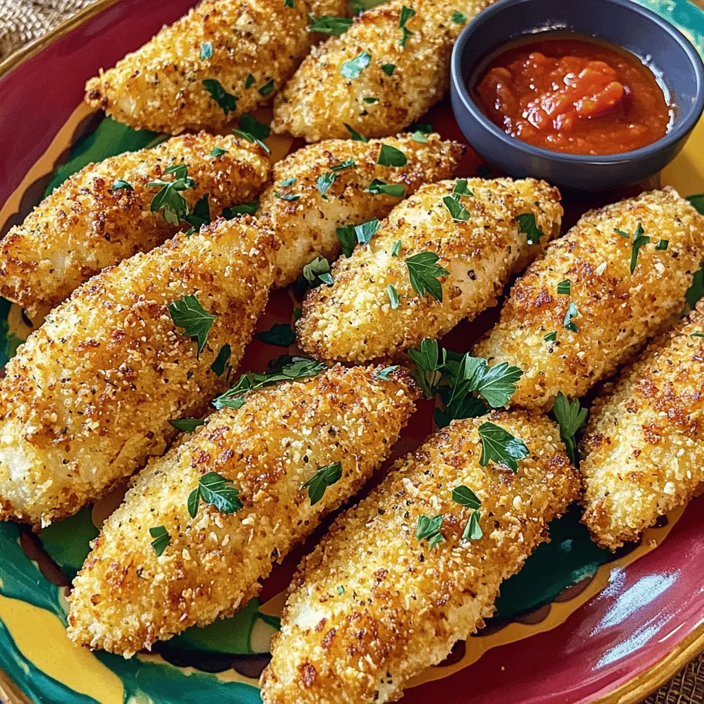To make oven-baked crispy Parmesan chicken tenders, you need simple and fresh ingredients. Here’s what you will need: - 1 pound chicken tenderloins - 1 cup breadcrumbs (preferably panko) - ½ cup grated Parmesan cheese - 1 teaspoon garlic powder - 1 teaspoon onion powder - ½ teaspoon smoked paprika - ½ teaspoon dried oregano - Salt and pepper to taste - 2 large eggs - 1 tablespoon Dijon mustard - Cooking spray or olive oil for spraying Using quality ingredients is key. Fresh chicken will give you the best flavor and texture. Panko breadcrumbs help achieve that perfect crunch. They are lighter and crispier than regular breadcrumbs. Parmesan cheese adds a rich, nutty flavor. The spices and herbs enhance the taste, making the dish delightful. I always recommend having all ingredients ready before starting. This makes the cooking process smooth and fun. You can easily adjust spices to match your taste. For example, if you love garlic, add more garlic powder. Once you gather your ingredients, you are set to create a delicious dish. For the complete process, check out the Full Recipe. 1. Preheat the oven and prepare the baking sheet. Set your oven to 400°F (200°C). Line a baking sheet with parchment paper. Lightly grease it with cooking spray or olive oil. 2. Mix the breadcrumb coating. In a medium bowl, combine: - 1 cup breadcrumbs (preferably panko) - ½ cup grated Parmesan cheese - 1 teaspoon garlic powder - 1 teaspoon onion powder - ½ teaspoon smoked paprika - ½ teaspoon dried oregano - Salt and pepper to taste Stir well until everything blends together. 3. Whisk the egg mixture. In another bowl, whisk together: - 2 large eggs - 1 tablespoon Dijon mustard Mix until smooth and combined. 4. Coat the chicken tenderloins. Dip each chicken tenderloin into the egg mixture. Let the excess egg drip off. Then, coat it in the breadcrumb mix. Press gently to help the crumbs stick. Place the coated tenders on the baking sheet. 1. Place the chicken in the oven. Once all the tenders are coated, spray the tops with cooking spray or drizzle olive oil. This helps them brown nicely. 2. Cooking time and flipping tips. Bake the chicken for about 15-20 minutes. Flip them halfway through to ensure even crispiness. 3. Check for doneness. The chicken should be cooked through and the coating golden and crispy. You can cut one to check if it’s done. For the full recipe, look back above! Enjoy making these delicious oven-baked crispy Parmesan chicken tenders. For crispy chicken tenders, use Panko breadcrumbs. They are lighter and crunchier than regular breadcrumbs. This texture creates a great crunch that everyone loves. When using cooking spray, hold it about 6 inches above the chicken. This distance helps to coat evenly without using too much. A light spray on top enhances browning and crispiness. Flipping the chicken tenders halfway through baking is key. Use tongs for easy handling. This step ensures both sides get that golden color and crunch. To boost flavor, add spices and herbs. Italian seasoning works well in this recipe. Just a teaspoon can add depth to your dish. You can also marinate or brine the chicken before cooking. A simple brine of salt and water for 30 minutes makes a big difference. It keeps the chicken tender and moist. For more flavor, consider adding garlic or lemon juice to your marinade. These ingredients brighten the taste and pair well with the Parmesan. For the full recipe, check out the complete instructions above. {{image_2}} You can switch things up with different coatings. For a gluten-free option, try almond flour or crushed cornflakes. These alternatives give a nice crunch and suit those with gluten allergies. If you want to change the cheese, go for cheddar or mozzarella. Each cheese brings its own flavor, making your chicken tenders unique. Pair your chicken tenders with tasty sides. I love serving them with crispy fries or a fresh salad. You can also add some roasted vegetables for color and nutrition. When it comes to dipping sauces, the options are endless! Marinara sauce offers a classic touch, while ranch dressing is always a favorite. Honey mustard adds a sweet twist, perfect for a fun meal. Check out the Full Recipe for more ideas! After you enjoy your Oven-Baked Crispy Parmesan Chicken Tenders, store leftovers properly. First, let them cool to room temperature. Then, place them in an airtight container. Store the container in the fridge. These tenders will stay fresh for about 3 days. If you want to keep them longer, freezing works well. Wrap each tender in plastic wrap. Then, put them in a freezer-safe bag. Label the bag with the date. They can last up to 3 months in the freezer. When it's time to eat your leftovers, reheating is key. The oven is best for keeping them crispy. Preheat your oven to 375°F (190°C). Place the tenders on a baking sheet. Heat them for about 10-15 minutes, until hot and crisp. You can also use the microwave, but the tenders may lose their crunch. If you choose the microwave, heat them for 1-2 minutes. Check often to avoid overcooking. Enjoy your crispy chicken tenders again! For the full recipe, refer back to the beginning of the article. How long do I bake chicken tenders at 400°F? Bake chicken tenders for about 15 to 20 minutes at 400°F. Make sure they are golden brown and cooked through. Flip them halfway for even cooking and crispiness. Can I use chicken breasts instead of tenderloins? Yes, you can use chicken breasts. Just cut them into strips. This will give you a similar shape and texture to tenderloins. What should I do if the coating isn't crispy? If the coating isn’t crispy, you might need more cooking spray. Use it before and after baking. Make sure you press the breadcrumbs onto the chicken well. Are oven-baked chicken tenders healthier than fried? Yes, oven-baked chicken tenders are healthier. They use less oil, which lowers fat and calories. This makes them a great option for a lighter meal. Can I prepare the chicken tenders in advance? You can prep the chicken tenders ahead of time. Coat them and store them in the fridge for a few hours. Just bake them when you're ready to eat! For the full recipe, check it out. In this blog post, I shared a simple recipe for oven-baked chicken tenders. We covered the key ingredients, clear instructions, and useful tips for crispiness. Options for variations and storage were also addressed. As you try this recipe, remember that using panko and spices makes a big difference. Feel free to get creative with your sides and dips. These tenders are a great dish for any meal, easy to make, and delicious. Enjoy!