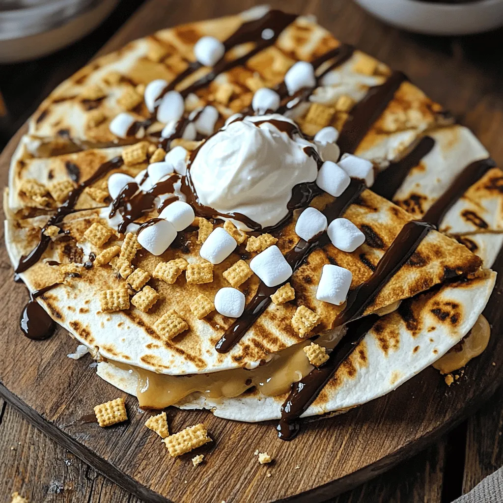 - 4 large flour tortillas - 1 cup milk chocolate chips - 1 cup mini marshmallows - 1/2 cup crushed graham crackers - 2 tablespoons butter, softened - 1/2 teaspoon vanilla extract - A pinch of salt Grilled S'mores Quesadillas use simple and fun ingredients. Flour tortillas are the base. They hold all the yummy stuff inside. Milk chocolate chips add sweetness and creaminess. Mini marshmallows give that classic s'mores taste. You can also use optional ingredients for extra flavor. Crushed graham crackers bring a nice crunch. Butter makes the quesadillas golden and rich. A touch of vanilla extract adds warmth to the flavor. Don't forget the pinch of salt! It balances the sweetness and enhances the taste. Each ingredient plays a role in making this treat special. You can find the full recipe for more details on how to combine them. Enjoy making this fun dessert! 1. Preheat your grill or a skillet over medium heat. This step is key for even cooking. 2. In a small bowl, mix the crushed graham crackers with a pinch of salt. This adds flavor to your dessert. 1. Take two tortillas and spread a thin layer of softened butter on one side of each. This helps them crisp up nicely. 2. On the unbuttered sides, sprinkle a layer of chocolate chips. Cover them well so every bite is sweet. 3. Add a generous amount of mini marshmallows on top of the chocolate. Make sure to balance the marshmallows for good melty goodness. 4. Sprinkle half of the graham cracker mix over the marshmallows. This gives a nice crunch. 5. Top with the second tortilla, buttered side facing out. This seals in all the tasty layers. 1. Carefully place the quesadilla on the preheated grill or skillet. Cook for about 2-3 minutes until golden brown. 2. Flip the quesadilla and cook for another 2-3 minutes on the other side. Keep an eye on it. 3. Once both sides are crispy and the chocolate and marshmallows are melted, remove the quesadilla from the heat. 4. Let it sit for a minute, then cut into wedges. Serve them dusted with any leftover graham cracker crumble from the Full Recipe. To get that perfect crunch, start with the right cooking temperature. Preheat your grill or skillet to medium heat. This heat lets the quesadilla cook evenly. Too hot and it burns; too low and it won’t crisp up. Timing for flipping is also key. Cook for about 2-3 minutes on one side. When it turns golden brown, it’s time to flip. Use a spatula to check the crispiness. If it looks good, flip it carefully. You can make these quesadillas even tastier. Adding nuts like chopped pecans or almonds gives a nice crunch. You can also switch up the chocolate. Try dark chocolate or even white chocolate for a twist. Using flavored tortillas can add fun tastes too. Cinnamon, herb, or even chocolate tortillas will bring new flavors. Experiment with what you like best. Serving ideas can make your dessert pop. Use a wooden cutting board for a rustic look. A colorful plate can make the dish more appealing. For garnishing techniques, dust with leftover graham cracker crumbs. Drizzle some chocolate syrup on top for extra flavor. A dollop of whipped cream can make it feel extra special. You can find the full recipe to try these tips and tricks! {{image_2}} You can switch up the classic s'mores quesadilla in fun ways. One tasty option is the peanut butter s'mores quesadilla. Just spread peanut butter on the tortillas before adding chocolate and marshmallows. The creamy texture adds richness. Another fun twist is to use fruit. Try adding sliced strawberries or bananas. The fruit adds freshness and brightness to each bite. Need a gluten-free option? Use corn tortillas instead of flour. They hold up well and taste great. For a vegan alternative, choose dairy-free chocolate chips and skip the butter. You can use coconut oil instead. This way, everyone can enjoy these sweet treats. If you don't have a grill, you can bake these quesadillas in the oven. Preheat your oven to 375°F. Place the assembled quesadillas on a baking sheet. Bake for about 10 minutes until crispy. If you prefer a stovetop method, a skillet works well too. Heat the skillet over medium heat and cook as you would on the grill. These methods give you options for perfecting your grilled s'mores quesadillas. Check out the Full Recipe for more details! To store leftover grilled s'mores quesadillas, place them in an airtight container. Make sure to cool them first. This keeps them fresh longer. You can store them in the fridge for up to three days. When you're ready to eat, reheat them in a skillet. Heat them over medium for about 2-3 minutes per side. This will make them crispy again. If you want to make quesadillas ahead of time, freezing is great. Wrap each quesadilla tightly in plastic wrap. Then, place them in a freezer bag. They can last up to two months in the freezer. When you're ready to cook, take them out and defrost in the fridge overnight. After that, grill them as you normally would. This will bring back their yummy taste. Grilled s'mores quesadillas last for about three days in the fridge. Always check for signs of spoilage. If you see mold or an off smell, it's best to throw them away. Keeping them stored properly helps them stay fresh and tasty. Grilled s'mores quesadillas are a fun twist on the classic campfire treat. They combine crispy tortillas with gooey chocolate and marshmallows. You fill them up, grill them, and slice them into wedges. This dessert is sweet and crunchy, perfect for kids and adults alike. You can even find the full recipe above to try it yourself! Yes, you can prepare some parts in advance. Mix the crushed graham crackers and salt before your event. You can also butter the tortillas ahead of time. Just keep them in the fridge until you’re ready to cook. This saves time and keeps your cooking fun and easy! Grilled s'mores quesadillas pair well with ice cream or whipped cream. You can also serve them with fresh fruit like strawberries or bananas. For drinks, try hot chocolate or milk for a cozy touch. These sides enhance the sweet flavor and make your dessert even more enjoyable! In this blog post, we explored how to make delicious grilled s'mores quesadillas. We covered main ingredients like flour tortillas, chocolate chips, and mini marshmallows. I shared tips for perfecting the cooking process, maintaining the right temperature, and trying fun variations. Remember, you can customize your quesadillas and even make them gluten-free or vegan. Enjoy these sweet treats fresh or as leftovers! With the right techniques, you’ll impress everyone with your tasty creations.