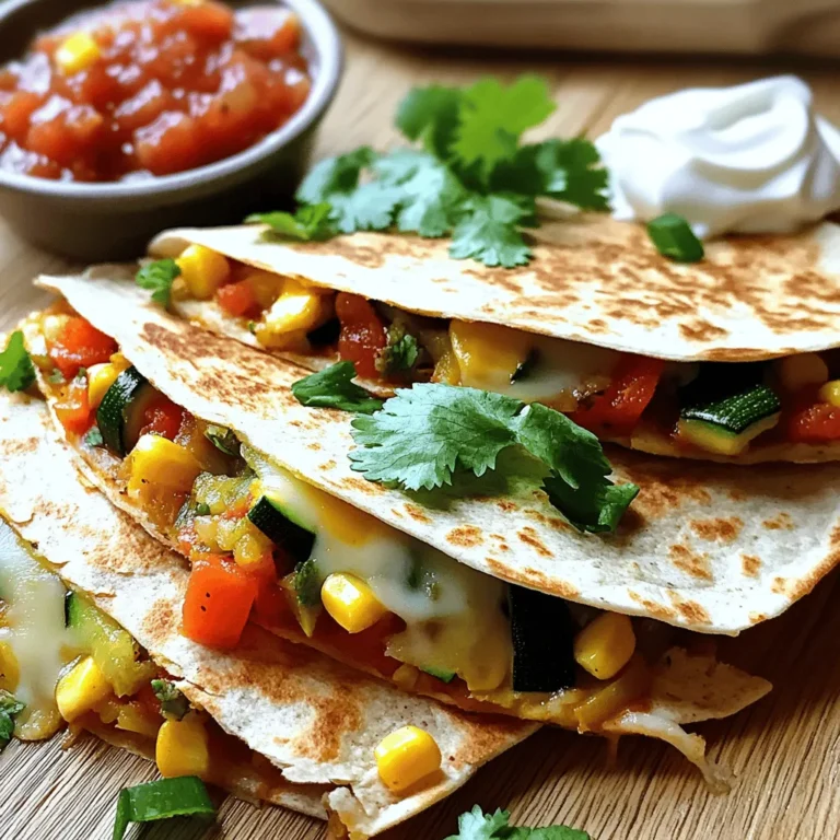 - 4 whole wheat tortillas - 1 cup shredded cheese (cheddar or Monterey Jack) - 1/2 cup bell peppers, sliced (red, green, or yellow) - 1/2 cup zucchini, sliced - 1/2 cup corn (fresh or frozen) - 1/4 cup red onion, finely chopped I love using whole wheat tortillas for a healthier twist. They add a nice flavor and texture. You can pick any cheese you like, but cheddar and Monterey Jack work best. Bell peppers, zucchini, corn, and red onion make a great mix. They add color and crunch to your quesadilla. - 1 teaspoon cumin - 1 teaspoon chili powder - Salt and pepper to taste - Fresh cilantro, chopped (for garnish) - Salsa and sour cream (for serving) Spices bring the dish alive. Cumin and chili powder add warmth. Adjust salt and pepper to fit your taste. You can garnish with fresh cilantro for a pop of color. Serve with salsa and sour cream for an extra kick. For the full recipe, check out the Easy Veggie Quesadillas section. 1. Start by heating olive oil in a large skillet over medium heat. 2. Add finely chopped red onion and sliced bell peppers. Sauté for about 3-4 minutes until they soften. 3. Next, add sliced zucchini and corn to the pan. Sprinkle in cumin, chili powder, salt, and pepper. 4. Cook this mixture for another 3-4 minutes. You want the veggies to be tender and colorful. 1. In the same skillet, place one whole wheat tortilla over medium heat. 2. Sprinkle half of your shredded cheese evenly over one half of the tortilla. 3. Add a generous spoonful of the veggie mixture on top of the cheese. 4. Sprinkle the remaining cheese over the veggie layer for extra flavor. 5. Fold the tortilla in half, covering the filling. Cook for about 2-3 minutes until golden and crispy. 6. Carefully flip the quesadilla and cook for another 2-3 minutes on the other side. 1. Transfer the quesadilla to a cutting board. Let it cool for a minute before slicing into wedges. 2. Serve warm and garnish with fresh cilantro. 3. Add salsa and sour cream on the side for dipping. These sides will enhance the flavors of your quesadillas. For the full recipe, check out the complete guide. To make the best quesadillas, use whole wheat tortillas. They add flavor and nutrition. Make sure your skillet is hot before you start cooking. This helps to get that nice golden color. When you cook the quesadilla, flip it carefully to keep the filling inside. For a crispy texture, use a little olive oil in the pan. This adds flavor and helps them crisp up. Cooking on medium heat allows the cheese to melt well. If you want extra crunch, try cooking them a bit longer on each side. Just watch them closely to avoid burning. If you want a vegan version, there are great cheese alternatives. Look for plant-based cheeses made from nuts or soy. These melt nicely and taste great too. You can also skip the cheese entirely and use avocado for creaminess. For vegetables, feel free to mix things up. Spinach, mushrooms, or even broccoli can work well. Use what you have on hand. This makes your quesadillas fun and unique. You can find the full recipe in the article to explore all the tasty options! {{image_2}} Mixing cheeses can add great depth to your quesadilla. I love using a blend of cheddar and Monterey Jack. The sharpness of cheddar pairs well with the creaminess of Monterey Jack. You can also try a smoky cheese for a unique twist. If you want a vegan option, there are many plant-based cheeses available. Look for ones that melt well. They can give you that gooey texture you crave without the dairy. You can take your quesadillas up a notch by adding spices or herbs. A pinch of smoked paprika can add a nice kick. Fresh herbs like cilantro or oregano can brighten the dish. If you want more protein, consider adding beans or grilled chicken. Black beans are a great choice and add fiber. You can mix and match to suit your taste. Each variation will create a new and exciting flavor profile. To keep your leftover quesadillas fresh, follow these steps: - Refrigeration tips: Place the quesadillas in an airtight container. This helps keep them moist and tasty. You can store them in the fridge for up to 3 days. If you wrap them in plastic wrap, it helps prevent drying out. - Freezing for easy meals: If you want to save them longer, you can freeze your quesadillas. Wrap each one in foil or freezer paper. Then, place them in a freezer-safe bag. They can last for up to 2 months in the freezer. Just remember to label them! To enjoy your quesadillas again, reheating is key. Here are the best methods: - Best methods for maintaining crispiness: The skillet is the best choice. Heat a skillet over medium heat. Add the quesadilla and cook for about 2-3 minutes on each side. This method keeps the outside crispy and the inside warm. - Microwave vs. skillet reheating: You can use a microwave if you're in a hurry. Just place the quesadilla on a microwave-safe plate. Heat it for 30 seconds to 1 minute. However, the microwave may make the quesadilla soft, not crispy. For the best taste, I recommend using the skillet! Try these simple tips to keep your easy veggie quesadillas fresh and delicious! For the full recipe, check out the main article. Making Easy Veggie Quesadillas takes about 20 minutes. You spend 10 minutes prepping the ingredients. Then, you cook them in 10 minutes. It’s a quick meal idea that fits into any busy day. Yes, you can make these quesadillas ahead of time. Store them in the fridge for up to 3 days. To reheat, use a skillet on low heat for the best results. This keeps them crispy and tasty. I love serving these quesadillas with salsa and sour cream. They add great flavor. You can also try guacamole or a fresh salad on the side. These dips enhance the meal and make it even more delicious. Yes, there are many gluten-free tortilla options. Look for brands made from corn or rice. These will work well for your veggie quesadillas. They taste great and keep the dish gluten-free. Enjoy your meal with confidence! For the full recipe, check out the Easy Veggie Quesadillas section. Easy Veggie Quesadillas are simple and tasty. We covered the main ingredients, including whole wheat tortillas and fresh veggies. The spices add great flavor while you cook your quesadillas. I shared tips to help you achieve the perfect texture and suggested easy swaps for ingredients. You can store and reheat leftover quesadillas with ease. Enjoy these delicious meals with your favorite dips and sides. Cooking can be fun and rewarding, so get creative with your quesadillas!