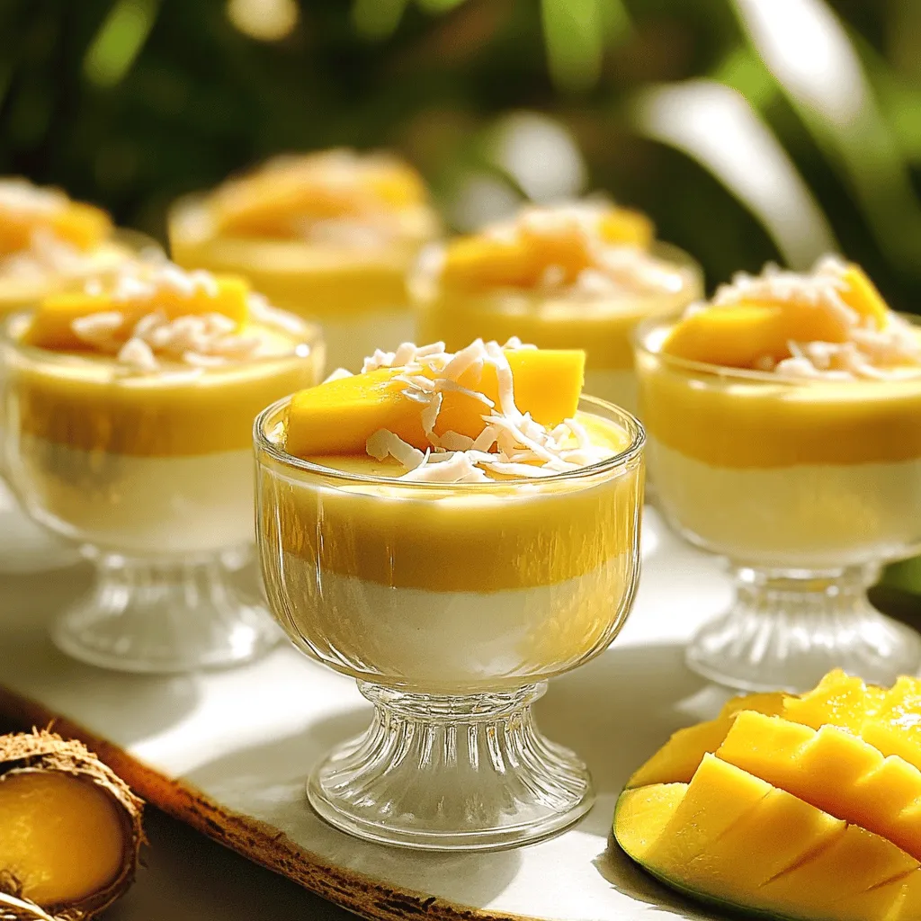 To make Coconut Panna Cotta, you need a few key ingredients. Each one plays an important role in creating that creamy, smooth texture and delightful flavor. Here’s what you need: - 1 cup coconut milk - 1 cup heavy cream - 1/2 cup sugar - 2 teaspoons powdered gelatin - 3 tablespoons cold water - 1 teaspoon vanilla extract - Pinch of salt Coconut milk adds a rich, tropical flavor. Heavy cream brings a nice creaminess. Sugar sweetens the dish just right. Powdered gelatin helps it set. Cold water activates the gelatin. Vanilla extract adds depth, and salt balances the sweetness. While the panna cotta is delicious on its own, you can enhance it with garnishes. These add color and flavor. Here are two great options: - Fresh mango slices - Toasted coconut flakes Fresh mango slices give a burst of freshness. Toasted coconut flakes add a crunchy texture. You can mix and match these garnishes for a fun touch. For the complete recipe, check out the Full Recipe section. Enjoy your cooking adventure! To start, you need to bloom the gelatin. Take a small bowl and sprinkle the powdered gelatin over the cold water. Let it sit for about 5-10 minutes. This step helps the gelatin dissolve evenly later on. Next, grab a medium saucepan. Combine the coconut milk, heavy cream, and sugar in it. Heat over medium heat, stirring often. You want the mixture warm but not boiling. This step is key to making sure the sugar dissolves well. Now, remove the saucepan from the heat. Add the bloomed gelatin to your warm coconut mixture. Stir until everything is dissolved. Then, mix in the vanilla extract and a pinch of salt. Both add great flavor. Finally, pour the mixture into individual glasses or molds. Put them in the refrigerator to set for at least 4 hours or until firm. This process makes a smooth, creamy dessert that is sure to impress. You can find the detailed steps in the Full Recipe. To get the best texture for your Coconut Panna Cotta, blooming the gelatin is key. Begin by sprinkling the powdered gelatin over cold water. Let it sit for 5 to 10 minutes. This step helps the gelatin dissolve well later. If you skip this, your panna cotta may not set properly. When cooling your mixture, avoid letting it boil. Boiling can cause curdling. Instead, heat until warm and then mix in the bloomed gelatin. This keeps the cream smooth and creamy. Presentation matters! You can serve Coconut Panna Cotta in clear glasses. This way, everyone can see the lovely layers. You can also use molds for a fun shape. Top it with fresh mango slices or toasted coconut flakes for extra flair. Pair your panna cotta with fruit sauces like raspberry or passionfruit. These add a nice contrast to the creamy base. You can also serve it with a drizzle of honey for a sweet touch. If you have leftovers, store them in the fridge. Use an airtight container to keep them fresh. Coconut Panna Cotta lasts for about 3 days. When you want to serve it again, just take it out of the fridge. You can enjoy it cold or let it sit for a few minutes at room temperature. If it seems too firm, you can gently warm it in a bowl over hot water. This will help soften it up without ruining the texture. For the full recipe, check out the guidelines above! {{image_2}} You can easily change the taste of your panna cotta. Adding extracts like almond or pure coconut creates a new flavor. A few drops can make a big difference. You can also try infusing spices. For example, cardamom adds warmth and depth. Simply add a pinch when you heat the coconut milk. Taste and adjust to your liking. If you want a dairy-free version, swap heavy cream for coconut cream. This keeps the creamy texture while being plant-based. You can also use other dairy-free creams. Look for options made from nuts or oats. This way, everyone can enjoy this dessert without worry. Seasonal fruits and flavors can make your panna cotta special. In summer, add fresh berries for a burst of taste. In fall, consider pumpkin or apple spice. These small changes keep the dish exciting. Use whatever fruits are ripe and ready. Each season offers a chance to create something new and delicious. Panna cotta means "cooked cream" in Italian. This dessert comes from Northern Italy. It dates back to the 1960s. Many chefs in Italy made panna cotta to use cream. They mixed it with sugar and gelatin. The dish grew in popularity over time. Now, it is loved around the world. People enjoy panna cotta for its smooth texture and sweet taste. Coconut panna cotta lasts about 3 to 5 days in the fridge. Store it in an airtight container. This keeps it fresh longer. If you use molds, cover them well with plastic wrap. This will prevent the panna cotta from picking up smells. Always check for signs of spoilage before eating. Yes, you can use agar-agar in place of gelatin. Agar-agar is plant-based, making it a great option. Use about 1 tablespoon of agar-agar for every 2 teaspoons of gelatin. Dissolve it in boiling water first. Then mix it into your coconut mixture. This will help achieve the right texture. Just remember, agar-agar sets faster than gelatin. So, keep an eye on your panna cotta as it cools. - Ingredients list - 1 cup coconut milk - 1 cup heavy cream - 1/2 cup sugar - 2 teaspoons powdered gelatin - 3 tablespoons cold water - 1 teaspoon vanilla extract - Pinch of salt - Fresh mango slices or toasted coconut flakes for garnish - Step-by-step summary 1. First, sprinkle gelatin over cold water. Let it bloom for 5-10 minutes. 2. Next, warm coconut milk, heavy cream, and sugar in a saucepan. Stir until sugar dissolves. 3. Remove from heat and stir in bloomed gelatin until it dissolves. 4. Add vanilla extract and salt, mixing until combined. 5. Pour into serving glasses or molds and chill for at least 4 hours. 6. If using molds, run a knife along the edge before inverting. Serve in glasses as is. 7. Top with fresh mango slices or toasted coconut before serving. - Serving information and prep time This recipe serves 4. You need about 15 minutes for prep and 4 hours for setting. Coconut Panna Cotta is a simple yet delicious treat. We explored the key ingredients, like coconut milk and heavy cream. I shared step-by-step instructions to help you create the perfect texture. Remember to bloom your gelatin properly. We also discussed fun variations and serving tips to make it special. In the end, enjoy experimenting with flavors and garnishes. This easy dessert can impress anyone. Whether you keep it classic or add your twist, Coconut Panna Cotta is sure to delight.
