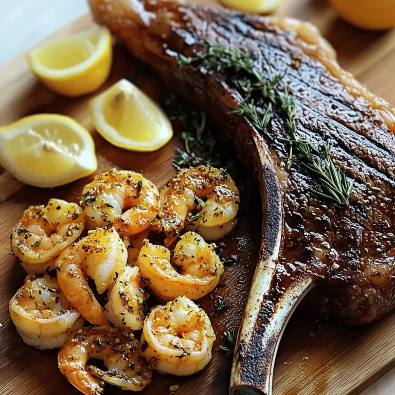 For the perfect Surf & Turf Tomahawk Steak, you need: - 1 tomahawk steak (2-3 inches thick) - 1 pound large shrimp, peeled and deveined These two stars shine on your plate. The tomahawk steak offers rich, beefy flavor. The shrimp adds a sweet, light touch. To bring out the best flavors, gather these: - 2 tablespoons olive oil - 2 teaspoons sea salt - 1 teaspoon freshly ground black pepper - 4 cloves garlic, minced - 2 tablespoons fresh rosemary, chopped - 1 tablespoon fresh thyme, chopped - 1 tablespoon Cajun seasoning - 2 tablespoons butter These ingredients create a mouth-watering blend. The rosemary and thyme give a fresh note. The Cajun seasoning adds a warm kick. Pair your steak and shrimp with these: - Lemon wedges for serving Lemon brightens the dish and adds a tangy zest. You can also serve on a wooden board for a rustic look. This setup makes your meal inviting and fun! Start by taking the tomahawk steak out of the fridge. Let it sit for 30 minutes. This helps it cook evenly. While it rests, gather your seasoning. Use olive oil, sea salt, black pepper, garlic, rosemary, and thyme. Rub the steak with olive oil. Then, sprinkle sea salt and black pepper on both sides. Finally, add minced garlic, chopped rosemary, and thyme. This adds great flavor. Preheat your grill to high heat. Place the seasoned steak on the hot grill. Sear it for 4-5 minutes on each side. This makes a nice char. For medium-rare, aim for an internal temperature of 130°F (54°C). Use a meat thermometer for accuracy. Adjust the time if you want it cooked more or less. Once done, take it off the grill. While the steak cooks, prepare the shrimp. Toss the peeled and deveined shrimp in Cajun seasoning. Make sure each shrimp is well-coated. In a large skillet, melt some butter over medium heat. Add the shrimp to the skillet. Cook for about 2-3 minutes on each side. Look for them to turn pink and opaque. This shows they are ready. After cooking, let the steak rest for 10 minutes. This helps the juices settle. Slice the steak against the grain and serve it with the sautéed shrimp. You can drizzle the leftover butter from the skillet over the meat. Pair with lemon wedges for a fresh touch. For the full recipe, check out the detailed instructions above. To get the best tomahawk steak, check the temperature often. Use a meat thermometer for accuracy. Aim for 130°F (54°C) for medium-rare. Letting the steak rest is key. This step helps the juices settle. If you skip it, the steak will lose flavor. Rest your steak for about 10 minutes before slicing. Grilling gives the steak a great char. I suggest using a high heat on your grill. For a smoky taste, add some wood chips. You can also use a cast-iron skillet. Heat it well before adding the steak. This method creates a nice crust. Remember to sear both sides for 4-5 minutes. Make your dish look amazing. Slice the tomahawk steak against the grain. This helps with tenderness. Arrange the slices on a large platter. Top with the sautéed shrimp for color. A wooden cutting board serves well for a rustic touch. Don’t forget to squeeze some lemon over it all. Fresh herbs can add a nice green pop. Check the [Full Recipe] for more tips! {{image_2}} You can mix up the seafood in your surf and turf. Shrimp are great, but try lobster or scallops too. They add rich flavors. For lobster, grill it with butter for a sweet taste. Scallops cook quickly and offer a nice sear. Pairing different seafood can change your meal. Each brings its own flavor and texture. Seasonings make a big difference. While garlic and herbs shine, you can explore other flavors too. Consider a spice blend like smoked paprika or chili powder for some heat. A coffee rub can add depth, while lemon zest gives a fresh twist. Always taste as you go. This helps you find what you love best. Great sides enhance your meal. Think creamy mashed potatoes or crispy roasted veggies. A fresh salad with citrus dressing adds brightness. Don’t forget about garlic bread; it’s perfect for soaking up juices. For a fun twist, try a corn salsa. It adds sweetness and crunch. Choose sides that balance the rich steak and seafood. After enjoying your Surf & Turf Tomahawk Steak, you may have leftovers. To store the leftover steak and shrimp, first, let them cool to room temperature. Then, wrap the steak tightly in plastic wrap or place it in an airtight container. For the shrimp, you can also use an airtight container. This keeps both fresh and prevents odors from other foods. Store them in the fridge for up to three days. To reheat leftover steak and shrimp, I suggest using the oven or skillet. For the oven, preheat it to 250°F (121°C). Place the steak on a baking sheet and heat until warm, about 20-30 minutes. This method keeps the meat juicy. For the shrimp, heat a skillet over medium heat. Add a little butter and cook for 2-3 minutes, stirring gently. This method revives their flavor. If you want to keep leftovers longer, you can freeze them. Wrap the steak in plastic wrap and then in foil. This prevents freezer burn. Place the shrimp in a freezer bag, removing as much air as possible. Label both with the date. You can freeze for up to three months. When ready to eat, thaw in the fridge overnight. Reheat as described for the best results. Enjoy your meal again! For the full recipe, check out the details above. Surf and turf is a dish that combines meat and seafood. It usually pairs steak with shellfish. This dish gives you the best of both worlds. The rich flavor of beef meets the delicate taste of seafood. You can create a balanced meal that excites your palate. Surf and turf is popular in fine dining and home cooking alike. It offers a chance to impress guests with a beautiful meal. To select a great tomahawk steak, look for high marbling. Marbling means fat streaks in the meat, which adds flavor. A good cut should be about 2-3 inches thick. Check the color, too. Bright red meat shows freshness. The bone should be long and curved, giving it a dramatic look. Ask your butcher for recommendations. They can help you find a top-quality steak for your surf and turf meal. Yes, you can cook a surf and turf tomahawk steak in the oven. Start by searing the steak in a hot skillet to get a nice crust. Then, transfer the skillet to a preheated oven. Cook at 400°F until it reaches your desired doneness. For the shrimp, sauté them in a separate pan on the stove. This method gives you a juicy steak with a crispy exterior. Follow the full recipe for the best results. In this article, we explored how to make Surf & Turf Tomahawk Steak. We covered main ingredients, cooking steps, and tips for perfection. You learned how to pair seafood, season your steak, and serve it well. Achieving the right temperature and presentation matters. Remember to store leftovers properly and reheating them right ensures good taste. Enjoy your cooking journey with Surf & Turf—you’ll impress everyone at the table!