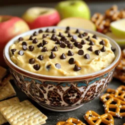 To make Chocolate Chip Cookie Dough Dip, you need these simple ingredients: - 1 cup all-purpose flour - ½ cup brown sugar, packed - ½ cup granulated sugar - 1 cup cream cheese, softened - ½ cup butter, softened - 1 teaspoon vanilla extract - ½ cup mini chocolate chips - ¼ teaspoon salt - Assorted dippers (e.g., graham crackers, apple slices, pretzels) Each ingredient plays a key role. The flour gives the dip its cookie dough base. The cream cheese and butter create a creamy texture. The sugars add sweetness and depth. Vanilla extract brings a warm flavor that ties it all together. Mini chocolate chips offer bursts of chocolate goodness in every bite. I love using assorted dippers to make this dessert fun. You can use graham crackers for crunch or apple slices for a refreshing bite. Pretzels add a nice salty touch that balances the sweetness. This dip is easy to make and perfect for sharing. You can find the full recipe further in the article. - Step 1: Combine Cream Cheese and Butter Start by taking your soft cream cheese and butter. Place them in a medium bowl. Beat them together with an electric mixer. Mix until the texture is creamy and smooth. - Step 2: Add Sugars and Mix Next, add both types of sugar: brown and granulated. Mix them in slowly. Keep blending until the mixture is fluffy and well combined. - Step 3: Incorporate All-Purpose Flour Now, sift the all-purpose flour into your bowl. Mix it in on low speed. This helps to keep the dip smooth and avoids any lumps. - Step 4: Mix in Vanilla and Salt Add in the vanilla extract and salt. Stir until everything is mixed well. This adds great flavor to your dip. - Step 5: Fold in Chocolate Chips Take your mini chocolate chips and fold them into the dip. Use a spatula or wooden spoon for this. Make sure the chips are evenly spread throughout. - Step 6: Transfer and Chill Finally, transfer your dip into a serving bowl. Smooth out the top with a spoon. Cover it with plastic wrap and chill for at least 30 minutes. This helps the flavors blend and makes it firmer. Make sure to check out the Full Recipe if you need more details. Best Dippers to Use I love using assorted dippers to enhance the experience. Here are my favorites: - Graham crackers - Apple slices - Pretzels - Vanilla wafers - Fresh strawberries Each dipper offers a different taste and texture, making each bite exciting. Presentation Tips for Serving Make your dip look great! Use a decorative bowl for serving. Surround the bowl with colorful dippers. This creates an inviting spread. For a special touch, sprinkle a few extra chocolate chips on top. It adds charm and visual appeal. How to Make it Extra Creamy For a super creamy dip, make sure your cream cheese and butter are very soft. You can microwave them for a few seconds if needed. Mix them well. This step helps to create that smooth texture everyone loves. What to Avoid When Mixing Do not rush the mixing process. If you mix on high speed too soon, you might create air bubbles. This can lead to a dip that is not as smooth. Start mixing slowly and then gradually increase speed. How to Prevent Lumps To avoid lumps, sift the flour before adding it. This helps break up any clumps. Also, mix on low speed when adding flour. This keeps the dip nice and smooth. If lumps do form, just keep mixing until they disappear. {{image_2}} Gluten-Free Options You can make this dip gluten-free. Simply swap all-purpose flour for gluten-free flour. Many brands work well. Just make sure to follow the same measurement. This keeps the flavor without the gluten. Vegan Chocolate Chip Cookie Dough Dip For a vegan version, replace cream cheese and butter with plant-based options. Use vegan cream cheese and coconut oil. You can also use maple syrup instead of granulated sugar. This makes the dip both tasty and vegan-friendly. Adding Peanut Butter Peanut butter adds a rich taste. Stir in half a cup of your favorite peanut butter when mixing the dip. It gives a nice twist and a nutty flavor. You can even use crunchy peanut butter for some texture. Experimenting with Different Mix-Ins Feel free to get creative with mix-ins. Try adding chopped nuts like walnuts or pecans for crunch. Shredded coconut can also add a fun tropical twist. These additions make each bite exciting and unique. For the full recipe, check out the Chocolate Chip Cookie Dough Dip details above! - Refrigeration Tips: Keep any leftover dip in an airtight container. This helps to maintain its creamy texture. Store in the fridge for up to five days. Remember to take it out about 15 minutes before serving to soften it slightly. - Freezing Instructions: If you want to save some for later, you can freeze the dip. Place it in a freezer-safe container. Make sure to leave some space for expansion. It can stay good for up to three months. When ready to enjoy, thaw it in the fridge overnight. - How Long It Lasts in the Fridge: The dip stays fresh for about five days when refrigerated properly. After this time, the texture may change, and the taste might not be as good. - Signs of Spoilage: Look for any off smells or changes in color. If you see any mold, it’s best to toss it. Also, if the dip has separated or feels watery, it’s time to say goodbye. Can I eat raw flour in this recipe? No, raw flour can carry bacteria like E. coli. It's safer to heat-treat the flour. To do this, spread the flour on a baking sheet and bake it at 350°F for about 5 minutes. This step makes it safe to eat. What can I use as a substitute for cream cheese? You can use Greek yogurt or mascarpone cheese. Both options give a creamy texture. They also add a nice flavor. If you want a dairy-free option, try coconut cream. It has a rich taste and works well in this dip. How do I make the dip less sweet? To reduce the sweetness, cut back on sugar. You can use only ¼ cup of brown sugar. Adding a pinch of salt can help balance the sweetness too. Another idea is to mix in unsweetened cocoa powder for a chocolatey twist. Can I prepare this dip in advance? Yes, you can make this dip ahead of time. Just store it in the fridge for up to three days. Cover it with plastic wrap to keep it fresh. Chilling helps the flavors blend well and makes it even tastier. What do others think about this recipe? Many people love this dip! They rave about its creamy texture and sweet chocolate flavor. It is a hit at parties and gatherings. Reviewers say it’s a fun treat for kids and adults alike. Popular adjustments people have made Some users add nuts for crunch. Others use mini marshmallows for extra sweetness. A few creative cooks mix in peanut butter for a nutty flavor. These tweaks make the dip unique while keeping it delicious. For the full recipe, check out our detailed instructions above! This blog post shared a fun chocolate chip cookie dough dip recipe. You learned easy steps to mix simple ingredients. I offered tips for presentation and serving, ensuring you impress your guests. We discussed variations, so you can make it healthier or explore new flavors. Feel free to store leftovers for later enjoyment. Dive into the world of dips and personalize your experience. This recipe is a tasty treat that anyone can enjoy.