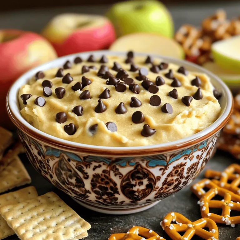 To make Chocolate Chip Cookie Dough Dip, you need these simple ingredients: - 1 cup all-purpose flour - ½ cup brown sugar, packed - ½ cup granulated sugar - 1 cup cream cheese, softened - ½ cup butter, softened - 1 teaspoon vanilla extract - ½ cup mini chocolate chips - ¼ teaspoon salt - Assorted dippers (e.g., graham crackers, apple slices, pretzels) Each ingredient plays a key role. The flour gives the dip its cookie dough base. The cream cheese and butter create a creamy texture. The sugars add sweetness and depth. Vanilla extract brings a warm flavor that ties it all together. Mini chocolate chips offer bursts of chocolate goodness in every bite. I love using assorted dippers to make this dessert fun. You can use graham crackers for crunch or apple slices for a refreshing bite. Pretzels add a nice salty touch that balances the sweetness. This dip is easy to make and perfect for sharing. You can find the full recipe further in the article. - Step 1: Combine Cream Cheese and Butter Start by taking your soft cream cheese and butter. Place them in a medium bowl. Beat them together with an electric mixer. Mix until the texture is creamy and smooth. - Step 2: Add Sugars and Mix Next, add both types of sugar: brown and granulated. Mix them in slowly. Keep blending until the mixture is fluffy and well combined. - Step 3: Incorporate All-Purpose Flour Now, sift the all-purpose flour into your bowl. Mix it in on low speed. This helps to keep the dip smooth and avoids any lumps. - Step 4: Mix in Vanilla and Salt Add in the vanilla extract and salt. Stir until everything is mixed well. This adds great flavor to your dip. - Step 5: Fold in Chocolate Chips Take your mini chocolate chips and fold them into the dip. Use a spatula or wooden spoon for this. Make sure the chips are evenly spread throughout. - Step 6: Transfer and Chill Finally, transfer your dip into a serving bowl. Smooth out the top with a spoon. Cover it with plastic wrap and chill for at least 30 minutes. This helps the flavors blend and makes it firmer. Make sure to check out the Full Recipe if you need more details. Best Dippers to Use I love using assorted dippers to enhance the experience. Here are my favorites: - Graham crackers - Apple slices - Pretzels - Vanilla wafers - Fresh strawberries Each dipper offers a different taste and texture, making each bite exciting. Presentation Tips for Serving Make your dip look great! Use a decorative bowl for serving. Surround the bowl with colorful dippers. This creates an inviting spread. For a special touch, sprinkle a few extra chocolate chips on top. It adds charm and visual appeal. How to Make it Extra Creamy For a super creamy dip, make sure your cream cheese and butter are very soft. You can microwave them for a few seconds if needed. Mix them well. This step helps to create that smooth texture everyone loves. What to Avoid When Mixing Do not rush the mixing process. If you mix on high speed too soon, you might create air bubbles. This can lead to a dip that is not as smooth. Start mixing slowly and then gradually increase speed. How to Prevent Lumps To avoid lumps, sift the flour before adding it. This helps break up any clumps. Also, mix on low speed when adding flour. This keeps the dip nice and smooth. If lumps do form, just keep mixing until they disappear. {{image_2}} Gluten-Free Options You can make this dip gluten-free. Simply swap all-purpose flour for gluten-free flour. Many brands work well. Just make sure to follow the same measurement. This keeps the flavor without the gluten. Vegan Chocolate Chip Cookie Dough Dip For a vegan version, replace cream cheese and butter with plant-based options. Use vegan cream cheese and coconut oil. You can also use maple syrup instead of granulated sugar. This makes the dip both tasty and vegan-friendly. Adding Peanut Butter Peanut butter adds a rich taste. Stir in half a cup of your favorite peanut butter when mixing the dip. It gives a nice twist and a nutty flavor. You can even use crunchy peanut butter for some texture. Experimenting with Different Mix-Ins Feel free to get creative with mix-ins. Try adding chopped nuts like walnuts or pecans for crunch. Shredded coconut can also add a fun tropical twist. These additions make each bite exciting and unique. For the full recipe, check out the Chocolate Chip Cookie Dough Dip details above! - Refrigeration Tips: Keep any leftover dip in an airtight container. This helps to maintain its creamy texture. Store in the fridge for up to five days. Remember to take it out about 15 minutes before serving to soften it slightly. - Freezing Instructions: If you want to save some for later, you can freeze the dip. Place it in a freezer-safe container. Make sure to leave some space for expansion. It can stay good for up to three months. When ready to enjoy, thaw it in the fridge overnight. - How Long It Lasts in the Fridge: The dip stays fresh for about five days when refrigerated properly. After this time, the texture may change, and the taste might not be as good. - Signs of Spoilage: Look for any off smells or changes in color. If you see any mold, it’s best to toss it. Also, if the dip has separated or feels watery, it’s time to say goodbye. Can I eat raw flour in this recipe? No, raw flour can carry bacteria like E. coli. It's safer to heat-treat the flour. To do this, spread the flour on a baking sheet and bake it at 350°F for about 5 minutes. This step makes it safe to eat. What can I use as a substitute for cream cheese? You can use Greek yogurt or mascarpone cheese. Both options give a creamy texture. They also add a nice flavor. If you want a dairy-free option, try coconut cream. It has a rich taste and works well in this dip. How do I make the dip less sweet? To reduce the sweetness, cut back on sugar. You can use only ¼ cup of brown sugar. Adding a pinch of salt can help balance the sweetness too. Another idea is to mix in unsweetened cocoa powder for a chocolatey twist. Can I prepare this dip in advance? Yes, you can make this dip ahead of time. Just store it in the fridge for up to three days. Cover it with plastic wrap to keep it fresh. Chilling helps the flavors blend well and makes it even tastier. What do others think about this recipe? Many people love this dip! They rave about its creamy texture and sweet chocolate flavor. It is a hit at parties and gatherings. Reviewers say it’s a fun treat for kids and adults alike. Popular adjustments people have made Some users add nuts for crunch. Others use mini marshmallows for extra sweetness. A few creative cooks mix in peanut butter for a nutty flavor. These tweaks make the dip unique while keeping it delicious. For the full recipe, check out our detailed instructions above! This blog post shared a fun chocolate chip cookie dough dip recipe. You learned easy steps to mix simple ingredients. I offered tips for presentation and serving, ensuring you impress your guests. We discussed variations, so you can make it healthier or explore new flavors. Feel free to store leftovers for later enjoyment. Dive into the world of dips and personalize your experience. This recipe is a tasty treat that anyone can enjoy.