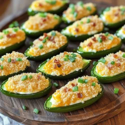 - 12 fresh jalapeño peppers - 8 oz cream cheese, softened - 1 cup shredded sharp cheddar cheese - 1/2 cup cooked bacon, crumbled (optional) - 1/4 cup green onions, finely chopped - 1 teaspoon garlic powder - 1 teaspoon smoked paprika - Salt and pepper to taste - 1 cup panko breadcrumbs - 1/4 cup grated Parmesan cheese - Cooking spray or olive oil for drizzling When making jalapeño poppers, fresh ingredients are key. Start with firm, bright green jalapeños. Their heat level will give your poppers the right kick. I love to mix cream cheese and cheddar cheese for a creamy, tangy filling. The cream cheese adds richness, while the cheddar gives a nice sharpness. Optional ingredients like crumbled bacon and green onions can add extra flavor. Bacon gives a smoky taste, while green onions add freshness. You can always adjust these based on your taste. For seasonings, garlic powder and smoked paprika bring depth. Salt and pepper are crucial for balancing flavors. The panko breadcrumbs add a great crunch. They make the poppers crispy on the outside. Gather all these ingredients before you start. Having everything ready helps the cooking process go smoothly. You can find the full recipe above to guide you through the steps. 1. Preheat the oven to 375°F (190°C). This step helps cook the poppers evenly. 2. Prepare your baking sheet by lining it with parchment paper. This keeps the poppers from sticking. 3. Cut the jalapeños in half lengthwise. Use a knife for this. 4. Remove the seeds and membranes. This step controls the heat. Use gloves if you want to protect your hands. 1. Combine the cheeses. In a bowl, mix the softened cream cheese and shredded cheddar cheese. 2. Add the seasonings. Include cooked bacon if you like. Add green onions, garlic powder, smoked paprika, salt, and pepper. 3. Mix well until the filling is smooth and creamy. This is the star of the dish. 1. Stuff the jalapeños. Spoon the cheese mixture into each jalapeño half. Pack it in slightly for a full flavor. 2. Coat with breadcrumbs. In a separate bowl, mix panko breadcrumbs and grated Parmesan cheese. Dip each stuffed jalapeño into this mixture. 3. Place them on the baking sheet. Make sure they are spaced out. 4. Spray the tops lightly with cooking spray or drizzle olive oil for extra crispiness. 5. Bake for 20-25 minutes. Check for tenderness and a golden top. This recipe is simple and leads to delicious, cheesy jalapeño poppers. For the full recipe, check out the complete instructions above. To make the best jalapeño poppers, I have a few key tips. First, ensure your poppers are crispy. After stuffing, coat them well with panko breadcrumbs. This step adds great crunch when baked. Lightly spray with cooking oil before baking. It helps achieve a golden finish. Next, always use gloves when handling jalapeños. The oils can irritate your skin. Gloves keep your hands safe and clean. If you accidentally touch your face, it can cause discomfort. So, protect yourself and enjoy cooking without worry. Presentation is important for jalapeño poppers. Arrange them on a colorful platter. You can garnish with chopped green onions for a fresh look. A drizzle of ranch or chipotle sauce adds flavor and flair. These small details make your dish stand out at any gathering. One common mistake is overstuffing the jalapeños. While it may seem tempting, too much filling can spill out. This can make a mess and alter the cooking time. Stick to a generous but controlled amount. Another mistake is incorrect baking time. Keep an eye on your poppers. Bake them for 20-25 minutes until they’re tender and golden. If they bake too long, they can dry out. Follow these tips, and you will have perfect jalapeño poppers every time. For the full recipe, check out the details above. {{image_2}} You can switch up the taste of jalapeño poppers by changing the cheese. Try blue cheese for a strong taste, or use pepper jack for an extra kick. Mixing cheeses can give you a unique flavor that surprises everyone. You can also add veggies into the stuffing. Diced bell peppers or spinach can boost the nutrition and color. They add a nice crunch too! If you're short on time, try the air fryer. It cooks the poppers faster and makes them crispy. Set your air fryer to 375°F (190°C) and cook for about 10-15 minutes. Keep an eye on them to avoid overcooking. Grilling jalapeño poppers adds a smoky flavor. Just place them on the grill after stuffing. Grill them for about 10 minutes, turning them halfway through. The charred taste makes them even better! Making jalapeño poppers vegetarian or vegan is easy. Just swap out the cream cheese for a plant-based version. You can also use cashew cheese for a rich taste. This way, everyone can enjoy the poppers without missing out on flavor. For the full recipe, refer back to the beginning. To keep your jalapeño poppers fresh, store them properly. Let the poppers cool down first. Place them in an airtight container. You can also wrap them in plastic wrap. Store them in the fridge for up to three days. This method helps keep the flavors intact. Freezing jalapeño poppers is easy! First, let them cool completely. Then, place them on a baking sheet. Make sure they are not touching. Freeze for about two hours. Once frozen, transfer them to a freezer bag. Remove as much air as you can. They can stay in the freezer for up to three months. This way, you can enjoy them later! To reheat your poppers, use the oven for best results. Preheat the oven to 375°F (190°C). Place the poppers on a baking sheet. Bake for about 15 minutes. This keeps them crispy. You can also use an air fryer. Set it to 350°F (175°C) and cook for 8-10 minutes. This method helps maintain their great taste and texture. For a quick option, you can use the microwave, but they may lose some crispiness. Enjoy your delicious jalapeño poppers again! For the full recipe, check the details above. To add more heat, keep some seeds in the jalapeños. The seeds hold heat. You can also mix in hot sauce or diced fresh peppers into the cheese filling. Try adding pepper jack cheese for a spicy kick. If you love smoky flavors, consider adding chipotle powder. This mix of heat and flavor makes each bite thrilling. Yes, you can prep jalapeño poppers ahead of time. Stuff the peppers and place them on a baking sheet. Cover and store in the fridge for up to 24 hours. When ready to cook, take them out of the fridge. You may need to add a few extra minutes to the bake time. This way, you can enjoy fresh poppers without the last-minute rush. Dipping sauces make poppers even better. A creamy ranch sauce cools the heat of the jalapeños. You might also enjoy a tangy blue cheese sauce. For a smoky flavor, try chipotle sauce. Salsa can add a fresh twist as well. Each sauce brings out different flavors and enhances the whole dish. Jalapeño poppers are a tasty treat that anyone can make. This guide covered the key ingredients, prep steps, and cooking techniques for perfect poppers. You learned tips to avoid common mistakes and found fun flavor variations. Remember, you can store leftovers or freeze them for later. Enjoy experimenting with recipes and serving them at your next gathering. With these skills, you’ll impress everyone with your cooking. Make these poppers to share great flavors and smiles. Happy cooking!