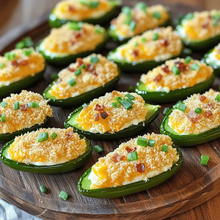 - 12 fresh jalapeño peppers - 8 oz cream cheese, softened - 1 cup shredded sharp cheddar cheese - 1/2 cup cooked bacon, crumbled (optional) - 1/4 cup green onions, finely chopped - 1 teaspoon garlic powder - 1 teaspoon smoked paprika - Salt and pepper to taste - 1 cup panko breadcrumbs - 1/4 cup grated Parmesan cheese - Cooking spray or olive oil for drizzling When making jalapeño poppers, fresh ingredients are key. Start with firm, bright green jalapeños. Their heat level will give your poppers the right kick. I love to mix cream cheese and cheddar cheese for a creamy, tangy filling. The cream cheese adds richness, while the cheddar gives a nice sharpness. Optional ingredients like crumbled bacon and green onions can add extra flavor. Bacon gives a smoky taste, while green onions add freshness. You can always adjust these based on your taste. For seasonings, garlic powder and smoked paprika bring depth. Salt and pepper are crucial for balancing flavors. The panko breadcrumbs add a great crunch. They make the poppers crispy on the outside. Gather all these ingredients before you start. Having everything ready helps the cooking process go smoothly. You can find the full recipe above to guide you through the steps. 1. Preheat the oven to 375°F (190°C). This step helps cook the poppers evenly. 2. Prepare your baking sheet by lining it with parchment paper. This keeps the poppers from sticking. 3. Cut the jalapeños in half lengthwise. Use a knife for this. 4. Remove the seeds and membranes. This step controls the heat. Use gloves if you want to protect your hands. 1. Combine the cheeses. In a bowl, mix the softened cream cheese and shredded cheddar cheese. 2. Add the seasonings. Include cooked bacon if you like. Add green onions, garlic powder, smoked paprika, salt, and pepper. 3. Mix well until the filling is smooth and creamy. This is the star of the dish. 1. Stuff the jalapeños. Spoon the cheese mixture into each jalapeño half. Pack it in slightly for a full flavor. 2. Coat with breadcrumbs. In a separate bowl, mix panko breadcrumbs and grated Parmesan cheese. Dip each stuffed jalapeño into this mixture. 3. Place them on the baking sheet. Make sure they are spaced out. 4. Spray the tops lightly with cooking spray or drizzle olive oil for extra crispiness. 5. Bake for 20-25 minutes. Check for tenderness and a golden top. This recipe is simple and leads to delicious, cheesy jalapeño poppers. For the full recipe, check out the complete instructions above. To make the best jalapeño poppers, I have a few key tips. First, ensure your poppers are crispy. After stuffing, coat them well with panko breadcrumbs. This step adds great crunch when baked. Lightly spray with cooking oil before baking. It helps achieve a golden finish. Next, always use gloves when handling jalapeños. The oils can irritate your skin. Gloves keep your hands safe and clean. If you accidentally touch your face, it can cause discomfort. So, protect yourself and enjoy cooking without worry. Presentation is important for jalapeño poppers. Arrange them on a colorful platter. You can garnish with chopped green onions for a fresh look. A drizzle of ranch or chipotle sauce adds flavor and flair. These small details make your dish stand out at any gathering. One common mistake is overstuffing the jalapeños. While it may seem tempting, too much filling can spill out. This can make a mess and alter the cooking time. Stick to a generous but controlled amount. Another mistake is incorrect baking time. Keep an eye on your poppers. Bake them for 20-25 minutes until they’re tender and golden. If they bake too long, they can dry out. Follow these tips, and you will have perfect jalapeño poppers every time. For the full recipe, check out the details above. {{image_2}} You can switch up the taste of jalapeño poppers by changing the cheese. Try blue cheese for a strong taste, or use pepper jack for an extra kick. Mixing cheeses can give you a unique flavor that surprises everyone. You can also add veggies into the stuffing. Diced bell peppers or spinach can boost the nutrition and color. They add a nice crunch too! If you're short on time, try the air fryer. It cooks the poppers faster and makes them crispy. Set your air fryer to 375°F (190°C) and cook for about 10-15 minutes. Keep an eye on them to avoid overcooking. Grilling jalapeño poppers adds a smoky flavor. Just place them on the grill after stuffing. Grill them for about 10 minutes, turning them halfway through. The charred taste makes them even better! Making jalapeño poppers vegetarian or vegan is easy. Just swap out the cream cheese for a plant-based version. You can also use cashew cheese for a rich taste. This way, everyone can enjoy the poppers without missing out on flavor. For the full recipe, refer back to the beginning. To keep your jalapeño poppers fresh, store them properly. Let the poppers cool down first. Place them in an airtight container. You can also wrap them in plastic wrap. Store them in the fridge for up to three days. This method helps keep the flavors intact. Freezing jalapeño poppers is easy! First, let them cool completely. Then, place them on a baking sheet. Make sure they are not touching. Freeze for about two hours. Once frozen, transfer them to a freezer bag. Remove as much air as you can. They can stay in the freezer for up to three months. This way, you can enjoy them later! To reheat your poppers, use the oven for best results. Preheat the oven to 375°F (190°C). Place the poppers on a baking sheet. Bake for about 15 minutes. This keeps them crispy. You can also use an air fryer. Set it to 350°F (175°C) and cook for 8-10 minutes. This method helps maintain their great taste and texture. For a quick option, you can use the microwave, but they may lose some crispiness. Enjoy your delicious jalapeño poppers again! For the full recipe, check the details above. To add more heat, keep some seeds in the jalapeños. The seeds hold heat. You can also mix in hot sauce or diced fresh peppers into the cheese filling. Try adding pepper jack cheese for a spicy kick. If you love smoky flavors, consider adding chipotle powder. This mix of heat and flavor makes each bite thrilling. Yes, you can prep jalapeño poppers ahead of time. Stuff the peppers and place them on a baking sheet. Cover and store in the fridge for up to 24 hours. When ready to cook, take them out of the fridge. You may need to add a few extra minutes to the bake time. This way, you can enjoy fresh poppers without the last-minute rush. Dipping sauces make poppers even better. A creamy ranch sauce cools the heat of the jalapeños. You might also enjoy a tangy blue cheese sauce. For a smoky flavor, try chipotle sauce. Salsa can add a fresh twist as well. Each sauce brings out different flavors and enhances the whole dish. Jalapeño poppers are a tasty treat that anyone can make. This guide covered the key ingredients, prep steps, and cooking techniques for perfect poppers. You learned tips to avoid common mistakes and found fun flavor variations. Remember, you can store leftovers or freeze them for later. Enjoy experimenting with recipes and serving them at your next gathering. With these skills, you’ll impress everyone with your cooking. Make these poppers to share great flavors and smiles. Happy cooking!