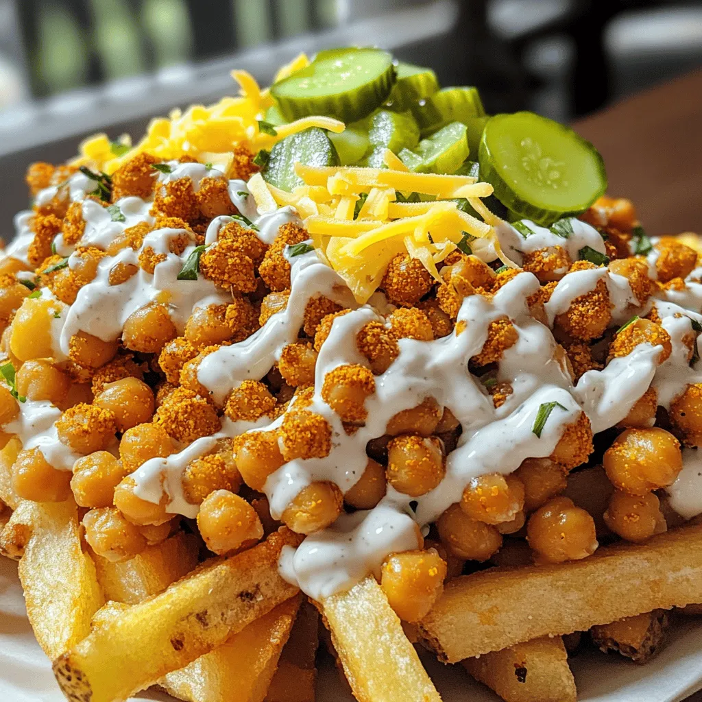 - 4 large russet potatoes, cut into fries - 1 cup chickpeas, drained and rinsed - 1 cup vegan cheese shreds (e.g., cheddar-style) - 1 tablespoon nutritional yeast - ½ teaspoon garlic powder - ½ teaspoon smoked paprika - ½ cup vegan ranch dressing - 2 green onions, chopped - Pickles, sliced, for topping To make Vegan Animal Fries, start with fresh russet potatoes. They give the best texture and flavor. I love to cut them into thin fries for that perfect crunch. Next, chickpeas add protein and a nice bite. They soak up flavor well, making them a great choice. For that cheesy taste, choose your favorite vegan cheese shreds. They melt beautifully on the fries. To enhance the flavor, I use nutritional yeast. It has a nutty taste that works well. Garlic powder gives it a savory kick, while smoked paprika adds depth with its warm notes. When serving, don't skip the toppings! Vegan ranch dressing brings creaminess to the dish. Chopped green onions add freshness. Lastly, sliced pickles give a tangy crunch. These ingredients together create a tasty dish that feels indulgent without any animal products. If you want the full recipe, check out the details above. Preheating the Oven First, set your oven to 425°F (220°C). This high heat helps create crispy fries. Tossing in Olive Oil and Seasoning Next, take 4 large russet potatoes. Cut them into fries. In a bowl, mix the fries with 1 tablespoon of olive oil, salt, and pepper. Make sure they are well coated. Baking Duration Spread the fries on a baking sheet. Bake them for 30-35 minutes. Flip them halfway through for even cooking. Tips for Crispiness For crispiness, give the fries space on the sheet. Overcrowding can make them soggy. Seasoning the Chickpeas While the fries bake, take 1 cup of chickpeas. Drain and rinse them. In a bowl, mix the chickpeas with 1 tablespoon of nutritional yeast, 1 tablespoon of soy sauce, ½ teaspoon of garlic powder, smoked paprika, salt, and pepper. Roasting Instructions Spread the seasoned chickpeas on another baking sheet. Roast them in the oven for about 20 minutes. Shake the pan halfway through for even roasting. Layering the Ingredients When the fries and chickpeas are done, take them out. On a serving plate, layer the fries first. Then sprinkle the roasted chickpeas and 1 cup of vegan cheese shreds on top. Melting the Cheese If you like, place the assembled fries back in the oven for 5 minutes. This melts the cheese slightly and brings everything together. Drizzling with Dressing Once done, take the fries out of the oven. Drizzle ½ cup of vegan ranch dressing over the top. Adding Toppings Finish by adding chopped green onions and sliced pickles for extra flavor. Enjoy your flavorful Vegan Animal Fries! For the full recipe, check the complete instructions above. Types of Potatoes for Perfect Fries I love using russet potatoes for fries. They’re starchy and create a great texture. Their skin adds flavor and crunch. Red potatoes work too but have less starch. Yukon Golds offer a nice buttery taste. Choose what you enjoy most! How to Cut Fries Uniformly Cutting fries evenly helps them cook well. Aim for 1/4-inch thick pieces. Use a sharp knife for clean cuts. A mandoline slicer also works if you have one. This ensures your fries will all cook at the same time. Alternative Vegan Cheese Options If you can't find vegan cheese, try cashew cream. Blend soaked cashews with lemon juice and nutritional yeast. It gives a creamy texture. You can also use nutritional yeast alone for a cheesy flavor. Sprinkle it generously over the fries. Other Topping Ideas Feeling adventurous? Add avocado slices or guacamole. They add creaminess and healthy fats. You can toss in roasted bell peppers or jalapeños for a kick. Fresh herbs like cilantro or parsley also brighten the dish. Air Fryer vs. Oven Using an air fryer makes cooking fast and easy. It crisps fries without much oil. Set it to 400°F and cook for about 20 minutes. If you prefer the oven, bake them at 425°F for a crunchy finish. Both methods give tasty results! How to Make it Gluten-Free To make these fries gluten-free, check your soy sauce. Use tamari as a gluten-free option. Most other ingredients are already gluten-free. Just ensure your vegan ranch dressing is also gluten-free. This way, everyone can enjoy these tasty fries! For the full recipe, check out the Vegan Animal Fries recipe above! {{image_2}} To add a kick to your fries, try some hot sauce or fresh jalapeños. Both options bring heat that pairs well with the creamy ranch dressing. If you love cheese, use spicy vegan cheese. It melts beautifully and adds flavor. These small changes turn your dish into a spicy delight. Want to make your fries even better? Add creamy avocado or guacamole on top. The smooth texture balances the crispy fries. You can also toss in other veggies like roasted corn or sautéed bell peppers. They add color and nutrition. Your dish will be a feast for both the eyes and the taste buds. Change your toppings with the seasons! In the fall, try adding roasted pumpkin or caramelized onions. They bring warmth and sweetness. For summer, grilled vegetables like zucchini or eggplant are great choices. They add a smoky flavor that sings of summer. With these variations, every season can inspire a new dish. For the full recipe, check out Vegan Animal Fries . To keep your Vegan Animal Fries fresh, store them in an airtight container. Place a paper towel at the bottom of the container. This helps absorb extra moisture. Let the fries cool before sealing them. Placing warm food in a container can cause sogginess. How long do they last? In the fridge, they stay good for about 3 days. If you want to keep them longer, consider freezing them. Frozen fries can last for up to 2 months. Just remember to store them in a freezer-safe bag or container. When it comes to reheating, I recommend using an oven for the best results. Preheat your oven to 400°F (200°C). Spread the fries on a baking sheet and heat for about 10-15 minutes. This keeps them crispy. If you're in a hurry, you can use a microwave. However, it may make them a bit soggy. To maintain crispiness, place the fries on a microwave-safe plate lined with a paper towel. Heat them in short bursts, checking often. These simple steps will help you enjoy your Vegan Animal Fries even after they've cooled! Yes, you can use frozen fries. They save time and work well in this recipe. Just follow the cooking time on the package. If you want extra crispiness, bake them longer. If you need a substitute for chickpeas, try black beans or lentils. Both options add protein and flavor. You can also use tofu for a different texture. To make oil-free fries, toss the cut potatoes in a bit of water instead of oil. You can also use vegetable broth for added flavor. Just make sure to keep an eye on them while they bake. Yes, vegan ranch dressings are simple to make. Use dairy-free yogurt, lemon juice, garlic powder, and herbs. Blend them together for a creamy dip. To keep fries crispy, serve them right away. Avoid stacking them on top of each other. If you must wait, keep them in a warm oven. This helps maintain that perfect crunch. This blog post covered making delicious vegan animal fries. We started with the key ingredients like russet potatoes and chickpeas, then enhanced the flavor with nutritional yeast and spices. We walked through step-by-step instructions for preparation and baking. You learned tips for perfect fries, variations to try, and how to store leftovers. In closing, you have many options for tasty vegan fries. Enjoy creating your unique versions with friends and family!