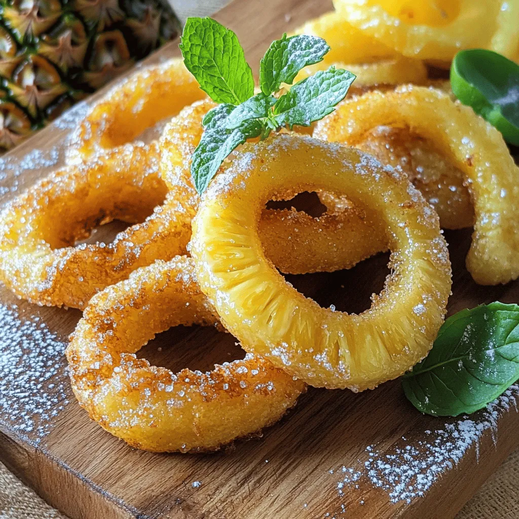 - Fresh pineapple - 1 cup all-purpose flour - 1 tablespoon cornstarch - 1 teaspoon baking powder - 1/2 teaspoon salt - 1 teaspoon ground cinnamon - 1/2 cup cold sparkling water - Vegetable oil for frying - Optional: 1/4 cup granulated sugar, shredded coconut, or chopped nuts To create the best fried pineapple rings, you need fresh pineapple. Start by picking a ripe one. The sweetness will shine through in every bite. You’ll also need some dry ingredients. These are flour, cornstarch, baking powder, salt, and cinnamon. Each adds flavor and helps the batter stick. Next, we add wet ingredients. Cold sparkling water makes the batter light and crisp. Vegetable oil is a must for frying. It helps achieve that golden crunch we all love. You can also add optional ingredients. A sprinkle of granulated sugar adds sweetness. Shredded coconut or chopped nuts will give your rings a fun twist. They add texture and flavor. For the complete process, check the Full Recipe. You'll make a treat that impresses everyone! To start, you need to peel and slice the pineapple. First, take a sharp knife and cut off the top and bottom of the pineapple. Stand it upright and slice down the sides to remove the skin. Make sure to cut deep enough to remove the eyes. Once peeled, cut the pineapple into rings about 1/2-inch thick. After slicing, it's important to dry the pineapple rings. Use paper towels to pat them dry. This helps the batter stick and keeps the rings crispy when fried. Next, let's make the batter. In a large bowl, mix the dry ingredients. Combine 1 cup of all-purpose flour, 1 tablespoon of cornstarch, 1 teaspoon of baking powder, 1/2 teaspoon of salt, and 1 teaspoon of ground cinnamon. Now, add and whisk in the cold sparkling water. Pour in 1/2 cup and stir until smooth. The batter should be thick enough to coat the back of a spoon. This will give your pineapple a nice, crunchy layer when fried. Now, it's time to fry the pineapple rings. Heat 1-2 inches of vegetable oil in a deep frying pan over medium-high heat. The oil should reach about 350°F (175°C). You can use a thermometer to check the temperature. Once the oil is hot, dip each pineapple ring into the batter. Let any extra batter drip off. For added crunch, you can roll the rings in shredded coconut or chopped nuts. Carefully place the battered rings into the hot oil. Fry 2-3 rings at a time to avoid overcrowding. Fry each side for about 3-4 minutes. You want them golden brown and crispy. After frying, transfer the rings to a paper towel-lined plate to drain excess oil. While they are still hot, sprinkle them with granulated sugar for sweetness. Follow this process for all the pineapple rings, and you’ll have a delicious treat! For the full recipe, refer to the ingredients and instructions above. To get crispy fried pineapple rings, the batter must be just right. The batter should be thick but smooth. If it's too thin, it won't stick well. If it's too thick, it won't fry properly. Mix well to find that perfect balance. Frying temperature is key. Heat the oil to 350°F (175°C). This temperature helps the rings cook quickly, making them crispy. If the oil is too cool, the rings will soak up oil and become soggy. Fry each ring for about 3-4 minutes on each side. You'll know they are ready when they turn golden brown. Serve your fried pineapple rings on a rustic wooden board or a colorful plate. This adds a nice touch. For a pop of color, garnish with a sprig of mint. A light dusting of powdered sugar can also make them look fancy. This small touch enhances the visual appeal and makes your dish stand out. If you want a lighter option, try using whole wheat flour instead of all-purpose flour. This adds fiber and nutrients. You can also bake the rings instead of frying them. To bake, place the battered rings on a parchment-lined tray. Bake at 400°F (200°C) for about 15-20 minutes, flipping halfway through. They won’t be as crispy, but they will still taste great. Explore the Full Recipe to find all the steps and tips for making these tasty treats! {{image_2}} You can make fried pineapple rings even more fun with some flavor twists. Adding spices to the batter can change the taste. Consider cinnamon, nutmeg, or even a pinch of cayenne for heat. You can also try extracts like vanilla or almond for a sweet note. Different coatings can add texture. After dipping in batter, roll the rings in granulated sugar, powdered sugar, or spices. Chopped nuts or shredded coconut also make a great crunchy layer. These variations let you personalize each bite. Dips can make your fried pineapple rings even better. Chocolate sauce adds a sweet touch. Caramel sauce brings a rich flavor. Yogurt gives a creamy contrast, perfect for those who want something lighter. Pairing these rings with side dishes can enhance your meal. Serve with a fresh salad or a bowl of rice. You can also enjoy them alongside grilled meats for a tropical twist. You can turn fried pineapple rings into a fun sundae. Stack them high with ice cream, drizzle chocolate sauce, and sprinkle nuts. Add a cherry on top for a classic touch. They also shine in fruit salads. Mix the fried rings with fresh berries, melons, and a splash of citrus juice. This can create a colorful and tasty dish for any gathering. For the full recipe, check the Crispy Fried Pineapple Rings section above. To keep fried pineapple rings fresh, start by cooling them. Let the rings sit at room temperature for about 15 minutes. This step helps reduce moisture. If you pack them while hot, they can become soggy. Next, store the cooled rings in an airtight container. Place a paper towel in the bottom to absorb any extra moisture. This method keeps them crisp for longer. You can also layer the rings with paper towels between them to help with moisture control. Finally, seal the container tightly. You can store them in the refrigerator for up to 3 days. When it's time to enjoy your leftovers, you want them crispy again. The best way to reheat fried pineapple rings is in an oven. Preheat your oven to 350°F (175°C). Spread the rings on a baking sheet lined with parchment paper. Heat them for about 10 minutes. This method helps restore their crunch. Avoid using a microwave, as it makes them soggy. If you prefer a quicker method, you can use a skillet. Heat the skillet over medium heat and add a little oil. Cook the rings for about 3-4 minutes on each side until they are hot and crispy. Enjoy your tasty treat! To make fried pineapple rings, start by peeling and slicing a fresh pineapple into rings. Dry the rings with paper towels to remove moisture. Next, mix flour, cornstarch, baking powder, salt, and cinnamon in a bowl. Gradually whisk in cold sparkling water to form a smooth batter. Heat vegetable oil in a frying pan at 350°F (175°C). Dip each ring in the batter and fry them for about 3-4 minutes until golden brown. Drain on paper towels and sprinkle with sugar. This method ensures crispy, flavorful treats. Yes, you can use canned pineapple, but the texture and flavor will differ. Canned pineapple is softer and may release more juice when fried. This can make the rings less crispy. To use canned pineapple, drain the rings well and pat them dry. The taste will be sweeter, but it may lack the fresh, vibrant flavor of fresh pineapple. If you're in a pinch, canned pineapple can still work, but fresh is always best for that perfect crunch. The best oils for frying pineapple rings are vegetable oil, canola oil, or peanut oil. These oils have high smoke points, meaning they can handle high heat without burning. Vegetable oil is widely available and neutral in flavor. Canola oil is also a great option, as it has a light taste. Peanut oil adds a hint of nuttiness, which can complement the pineapple well. Choose an oil that fits your taste and frying needs for the best results. In this article, we explored how to make fried pineapple rings. We covered the ingredients, step-by-step instructions, and useful tips for success. You learned how to peel, slice, and dry the pineapple, then make the batter and fry the rings to perfection. Consider flavor variations and healthier alternatives to customize your dish. Store leftovers properly to enjoy later. Armed with this knowledge, you can impress your friends and family with this delicious treat. Dive in, experiment, and enjoy every crispy bite!