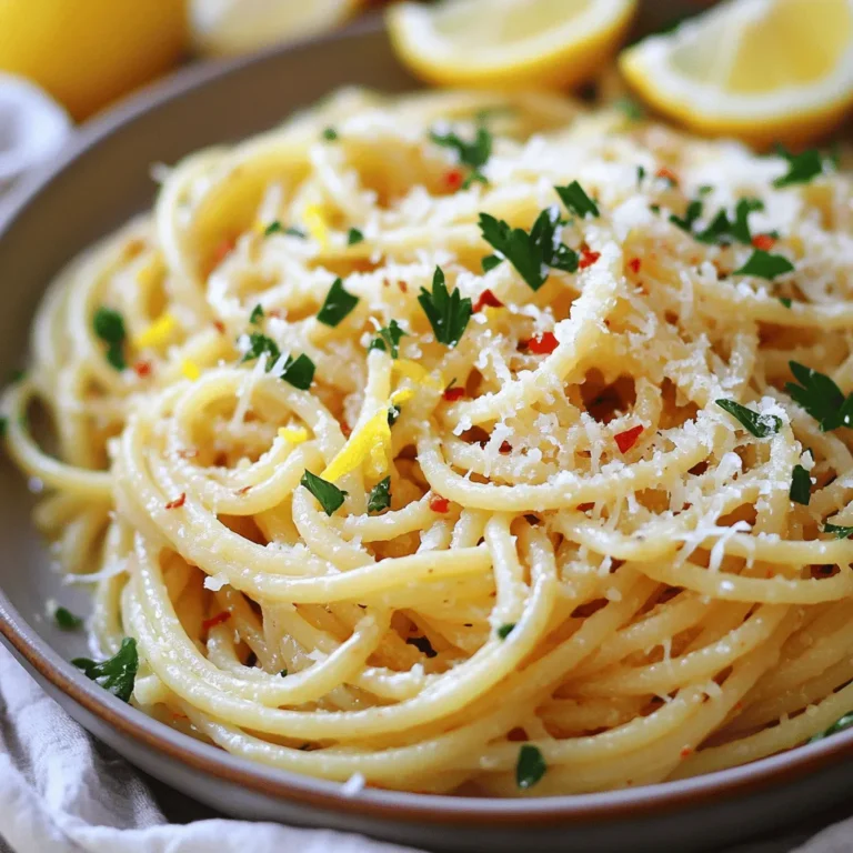To make a tasty Spaghetti Aglio e Olio, you need simple ingredients. Each one plays a key role in the flavor. Here’s what you’ll need: - 400g spaghetti - 6 cloves garlic, thinly sliced - 1/2 cup extra virgin olive oil - 1 teaspoon red pepper flakes - Zest and juice of 1 lemon - 1/4 cup fresh parsley, chopped - Salt to taste - Freshly grated Parmesan cheese (optional) These ingredients create a dish that’s rich in taste yet easy to prepare. The garlic and olive oil blend perfectly. The red pepper flakes add just the right amount of heat. Zesty lemon juice brightens the flavor. Fresh parsley gives it a vibrant look and taste. If you love cheese, sprinkle some Parmesan on top for a creamy touch. For the full recipe, follow the steps to enjoy this classic dish. You’ll impress your family and friends with a meal that feels gourmet but is quick to whip up! To start, bring a large pot of salted water to a rolling boil. The salt helps season the pasta as it cooks. Add 400g of spaghetti to the boiling water. Cook it until it is al dente, which usually takes around 8 to 10 minutes. This means it should still have a slight bite to it. Before you drain the pasta, reserve about a cup of the pasta water. This water is starchy and will help mix the sauce later. While the pasta cooks, grab a large skillet and heat 1/2 cup of extra virgin olive oil over medium heat. Once the oil is warm, add 6 cloves of thinly sliced garlic. Stir it often and cook for about 2 to 3 minutes. You want the garlic to turn golden and release a nice aroma. Be careful not to let it burn, as burnt garlic can taste bitter. Next, add 1 teaspoon of red pepper flakes to the skillet. This will give your dish a nice kick. Stir for about 30 seconds to let the flavors mix. Now, it's time to add the drained spaghetti to the skillet. Toss it well in the garlic oil mixture. If the pasta looks too dry, slowly add some of the reserved pasta water until it reaches the right consistency. Finally, remove the skillet from the heat. Mix in the zest and juice of 1 lemon for a fresh, zesty flavor. To finish, fold in 1/4 cup of chopped fresh parsley. This adds a touch of color and freshness. Season the dish with salt to taste, tossing everything together well. Enjoy your simple yet delicious Spaghetti Aglio e Olio with a zesty twist. If you want, you can sprinkle some freshly grated Parmesan cheese on top when serving. For the complete cooking process, refer to the Full Recipe. Choosing the right olive oil matters. Use extra virgin olive oil for the best flavor. It should be rich and fruity, enhancing the dish. Low-quality oil can ruin the taste. Be careful when cooking the garlic. You want it golden and fragrant, not burnt. Burnt garlic tastes bitter and unpleasant. Keep an eye on it as it cooks. Stir often to avoid burning. You can change the spice level with red pepper flakes. Start with one teaspoon and adjust to your taste. If you want less heat, use half a teaspoon. For more spice, add more flakes. Consider other spices if you like variety. Crushed black pepper or smoked paprika can add unique flavors. Try experimenting to find what you like best. Presentation is key for a great meal. Use fresh parsley to add color and flavor. Drizzle a bit more olive oil on top for shine. It makes the dish look inviting. Serve with lemon wedges on the side. They add a bright, zesty kick. Squeezing lemon over the pasta right before eating enhances the flavor. For the full recipe, check out the instructions above. Enjoy your Spaghetti Aglio e Olio! {{image_2}} You can add protein to make your spaghetti aglio e olio heartier. Shrimp works great. Just sauté the shrimp in olive oil first, then add the garlic. This adds a nice seafood flavor. Chicken is another option. Cook it in the same pan. Slice it thin and mix it in for a tasty bite. If you want a vegetarian option, try chickpeas. They add protein and a nice texture. Just drain and rinse a can of chickpeas. Toss them in with the spaghetti. You will get a filling meal that is still light. Herbs can change the flavor of your dish. Basil brings a sweet taste. Just chop it fresh and sprinkle it on top. Oregano adds a nice earthy note. Use dried oregano if you have it on hand. You can also mix different greens for freshness. Try arugula or spinach. Toss them in at the end for a bright touch. Want a richer sauce? You can add cream. Just pour in a small amount after you mix in the lemon juice. Stir well for a silky finish. If you prefer a vegan option, use coconut cream or cashew cream. These work well and keep the dish creamy without dairy. For complete details, check out the Full Recipe. To keep your spaghetti aglio e olio fresh, store leftovers in the fridge. Place the pasta in an airtight container. Make sure it cools first to prevent steam buildup. This helps avoid soggy pasta. Use it within three days for the best taste. When it’s time to eat, you can reheat your pasta. For the best texture, use the stovetop. Heat a bit of olive oil in a pan. Add your spaghetti and stir gently until warm. If you prefer the microwave, use a microwave-safe dish. Heat it in short bursts, stirring in between. This prevents the pasta from drying out. Freezing spaghetti aglio e olio is easy but has some steps. First, let it cool completely. Portion the pasta into freezer-safe bags. Remove as much air as possible before sealing. You can freeze it for up to a month. When you’re ready to eat, thaw it overnight in the fridge. Reheat it gently on the stovetop for the best results. Enjoy your dish as if it was just made! For the full recipe, refer to the earlier sections. Spaghetti Aglio e Olio is a classic Italian dish. It comes from Naples, Italy. The name means “spaghetti with garlic and oil.” The dish has few ingredients, making it simple yet tasty. Traditionally, it uses spaghetti, garlic, olive oil, and red pepper flakes. It highlights the flavor of each ingredient. This dish is perfect for a quick meal or late-night snack. If you want a garlic-free version, use sautéed shallots for flavor. Shallots have a milder taste but give a nice aroma. You can also try using leeks or onions. These options add depth without overpowering the dish. The essence of Aglio e Olio lies in the oil and spice, so keep that in mind. The best pasta for this dish is spaghetti. However, you can also use linguine or fettuccine. These noodles hold onto the garlic oil well. Whole wheat pasta is a healthier option, too. It adds a nutty flavor and more fiber to your meal. Yes, adding vegetables can enhance the dish! You can toss in cherry tomatoes for sweetness. Spinach or kale adds color and nutrition. Broccoli or zucchini can also work well. Just sauté them lightly in the olive oil before adding the pasta. Spaghetti Aglio e Olio can be a healthy choice. It contains good fats from olive oil and has no heavy sauces. Garlic has health benefits, like boosting the immune system. The dish is low in calories, especially when you control portion sizes. However, watch the amount of oil and cheese you use to keep it light. For the full recipe, check the section above. Spaghetti Aglio e Olio is simple yet delicious. We covered ingredients, cooking steps, and variations. Remember to choose good olive oil and watch the garlic. You can add shrimp, veggies, or even cream to change it up. Proper storage keeps leftovers tasty, and reheating can be quick and easy. Enjoy making this meal, and share it with friends or family. You'll impress them with your skills and flavors.
