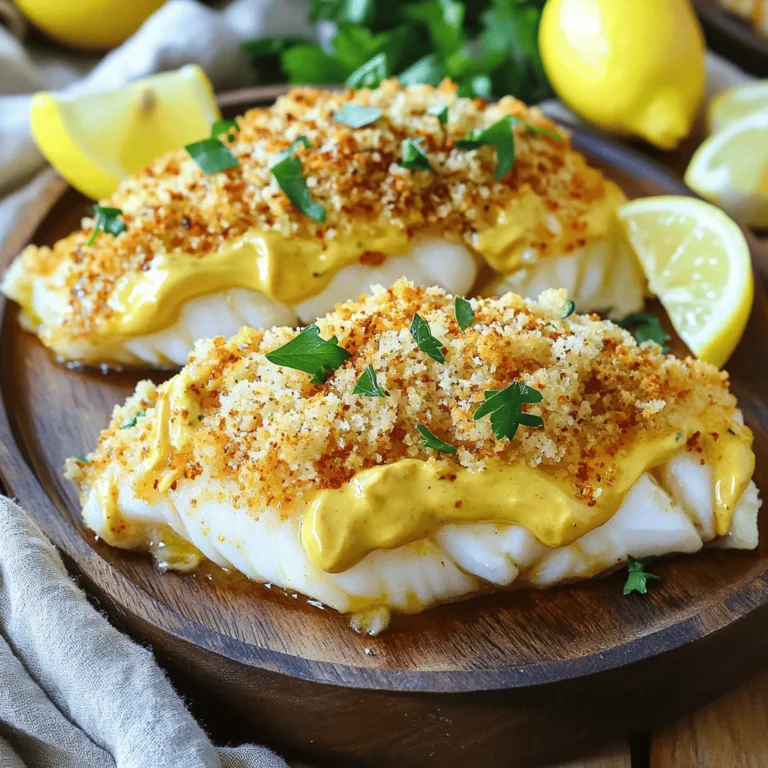 - Cod fillets: Cod is a mild fish that flakes easily. It pairs well with many flavors. - Mayonnaise: This ingredient keeps the fish moist and adds creaminess. It helps the spices stick to the cod. - Spices and seasonings: Use garlic powder, smoked paprika, salt, and pepper to enhance the dish. Each spice adds a layer of flavor, making every bite delicious. - Panko breadcrumbs: These breadcrumbs give a nice crunch to the dish. They create a golden crust when baked. - Fresh parsley: This herb adds color and freshness. It brightens the dish and makes it look appealing. - Side dishes: I recommend serving the cod with steamed vegetables or a crisp salad. These sides balance the richness of the fish. - Beverage pairings: A chilled white wine or sparkling water goes well with the cod. These drinks complement the flavors without overpowering them. For the complete cooking process, check out the Full Recipe. Start by setting your oven to 400°F (200°C). This high heat helps the cod cook quickly and evenly. While the oven heats, grab a baking dish and line it with parchment paper. This makes cleanup easy and helps prevent sticking. You want a nice, smooth surface for the fish. In a medium bowl, add the mayonnaise, Dijon mustard, lemon juice, garlic powder, smoked paprika, salt, and black pepper. Use a whisk or spoon to mix everything together. Make sure it’s smooth and creamy. The mayo will keep the fish moist, while the spices add great flavor. This combo is key for a tasty cod dish. Now it’s time to coat the cod fillets. Place the fillets in your baking dish, making sure they are spaced out. Take a generous amount of the mayo mixture and spread it over each fillet. Cover them well; this adds flavor and keeps the fish juicy. After coating, sprinkle panko breadcrumbs on top. This adds a nice crunch when baked. Bake the cod in your preheated oven for 15 to 20 minutes. Check for doneness by gently flaking the fish with a fork. It should be opaque and flake easily. If the topping is golden brown, you know it’s ready. When done, let it cool for a few minutes. This helps the flavors settle before you serve. Enjoy this delightful meal with lemon wedges for a fresh twist. For the full recipe, check the earlier section. To make your baked cod shine, try using different spices or herbs. You can switch smoked paprika for regular paprika for a milder taste. Adding a pinch of cayenne pepper gives it a nice kick. Fresh herbs like dill or chives can also add a bright flavor. Experimenting helps you find what you love best. Knowing when your cod is done is key. Cooked cod should flake easily with a fork. The flesh should be opaque and no longer translucent. If you have a meat thermometer, aim for an internal temperature of 145°F (63°C). This tells you that the fish is safe to eat and perfectly moist. How you plate your cod can make a big difference. Serve the cod on a colorful platter with lemon wedges on the side. A sprinkle of fresh parsley adds a pop of color and freshness. You can also arrange it with steamed vegetables or a simple salad for a nice touch. This makes your meal not just tasty, but beautiful too. For the full recipe, check it out [Full Recipe]. {{image_2}} You can swap mayonnaise for Greek yogurt. Greek yogurt gives a creamy texture and adds protein. It also cuts down on calories. Use the same amount of yogurt as mayo in the recipe. This change makes the dish lighter and still tasty. Feel free to experiment with different mustards or spices. You might try honey mustard for sweetness. Spicy brown mustard adds a kick. You can also mix in herbs like dill or basil to brighten the flavor. Each option brings a unique twist to the baked cod. Adding veggies makes this a one-pan meal. You can toss in zucchini, bell peppers, or spinach. Simply place the veggies around the cod in the baking dish. They will cook alongside the fish, soaking up all the delicious flavors. This not only adds color but also boosts nutrition. You can find the full recipe for these variations in the original section. To store leftover baked cod in the refrigerator, first, let it cool. Place the cod in an airtight container. This keeps it fresh and prevents odors from mixing. Make sure to eat it within three days for the best taste. You can also cover it tightly with plastic wrap or aluminum foil. For long-term storage, freezing baked cod with mayo is an excellent option. Wrap each fillet in plastic wrap or foil. Then, place them in a freezer-safe bag or container. This helps prevent freezer burn. You can freeze cod for up to three months. When you’re ready to eat it, just thaw it in the fridge overnight. Reheating baked cod without drying it out is key. The best way is to use the oven. Preheat the oven to 350°F (175°C). Place the cod on a baking sheet. Cover it with foil to keep moisture in. Heat for about 10 to 15 minutes. Check if it’s warm throughout. You want it to be hot but not overcooked. Enjoy your meal again! Yes, you can use frozen cod fillets. When using frozen cod, make sure to thaw them first. The best way to thaw is overnight in the fridge. If you're short on time, you can run cold water over the fillets for about 30 minutes. Pat them dry with paper towels before using. This step helps the mayo mixture stick better. Remember, frozen cod may release more moisture during cooking, so baking time may vary slightly. You can prepare the mayo mixture ahead of time. Just mix all the ingredients in a bowl and store it in the fridge. Keep it in an airtight container to keep it fresh. I recommend using it within 24 hours for the best flavor. This way, all you need to do is coat the cod before baking. It makes dinner prep quick and easy, especially on busy nights. The best way to know if cod is fully cooked is by checking its internal temperature. Cod should reach 145°F (63°C) to be safe to eat. You can use a food thermometer to check. The fish should also be opaque and flake easily with a fork. If it looks shiny or translucent, it needs more time. Following these tips ensures you enjoy a perfectly cooked meal. For the full recipe, visit our main article. This article guided you through making delicious baked cod. We covered essential ingredients like cod fillets, mayonnaise, and spices. You learned tips for perfect cooking and presentation, plus side dishes and drinks to serve. Experiment with flavors and toppings to suit your taste. Remember to store leftovers properly for later enjoyment. With these steps, you can create a tasty and satisfying meal every time. Enjoy your cooking journey and impress those around you with your baked cod!