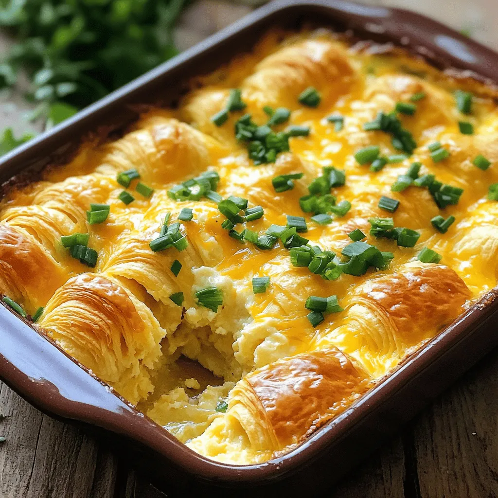 - 6 large croissants, torn into pieces - 6 large eggs - 2 cups milk (whole or your choice of milk) The heart of this dish is the croissants. They add a rich, buttery taste. Eggs add protein, while milk keeps everything moist. Together, they create a creamy texture. - 1 cup shredded cheese (Cheddar, Gruyere, or your preference) - 1 cup diced cooked ham or cooked bacon bits (optional) Cheese brings flavor and a gooey texture. You can pick your favorite type of cheese. If you want a meat element, ham or bacon adds a savory touch. Both options make the casserole even more filling. - 1/2 cup green onions, chopped - 1 teaspoon garlic powder - 1 teaspoon onion powder - 1/2 teaspoon salt - 1/4 teaspoon black pepper - Fresh herbs for garnish (like chives or parsley) Seasoning is key. Green onions add a fresh bite. Garlic and onion powder give depth. Salt and pepper enhance all flavors. Fresh herbs on top brighten the dish, making it look as good as it tastes. For the full recipe, you can look at the details provided above. In a large bowl, you will mix the eggs, milk, garlic powder, onion powder, salt, and black pepper. Use a whisk to blend them until smooth. This step is key to ensure the flavors mix well. The eggs provide the base, while the milk keeps it moist. The spices add a burst of flavor that makes each bite delightful. Next, grab a 9x13-inch baking dish. Grease it with oil or butter to prevent sticking. Spread the torn croissant pieces evenly across the bottom. This creates the perfect layer for your casserole. If you want, add diced ham or cooked bacon bits on top of the croissants. This optional step adds a savory touch that many love. Now, it’s time to pour the egg mixture over the croissants. Make sure every piece gets soaked well. Then, sprinkle the shredded cheese and chopped green onions on top. These toppings give a nice crunch and flavor as they bake. Cover the dish tightly with plastic wrap. Place it in the fridge overnight for the best results. This allows the flavors to meld and the croissants to absorb the egg mixture. You’ll wake up to a tasty breakfast that’s ready to bake! For the complete recipe, check [Full Recipe]. You can make this casserole the night before. This is ideal for busy mornings. You can prepare it easily, then bake it in the morning. It’s also perfect for special occasions or brunch. Just imagine serving it on a cozy Sunday morning with friends and family. For even cooking, make sure to spread the croissant pieces evenly. This helps every bite cook well. To check if it’s done, use a toothpick. If it comes out clean, your casserole is ready. The top should be golden brown for the best texture. Pair the casserole with fresh fruit or a light salad. This adds a nice balance to the meal. For brunch presentation, slice it into squares. You can garnish with fresh herbs like chives or parsley. This gives it a beautiful look and fresh flavor. For the full recipe, check the details above. {{image_2}} You can change the cheese to fit your taste. Cheddar adds a sharp bite. Gruyère brings a nutty flavor. Mozzarella melts well and gives a creamy texture. Try feta for a tangy kick. Each cheese changes this dish. Mixing two or more cheeses also works well. This brings layers of flavor to your casserole. Want a veggie twist? You can skip meat entirely. Use mushrooms, spinach, or bell peppers. These add color and taste. You can also mix in cooked sausage or turkey bacon for a different flavor. This makes the casserole lighter and still very tasty. This dish remains versatile, so feel free to explore. Adding herbs and spices can elevate your casserole. Fresh herbs like thyme or basil brighten the dish. A pinch of paprika adds warmth and depth. If you like heat, sprinkle in some red pepper flakes. These small tweaks can turn a classic recipe into something special. Experiment with your favorite flavors for a unique touch. For the full recipe, check out the guide. Once you finish your Overnight Croissant Breakfast Casserole, store leftovers in an airtight container. This helps keep the moisture in and prevents drying out. Make sure to place the casserole in the fridge within two hours of baking. It can last up to three days when stored correctly. To maintain freshness, try to avoid leaving it out at room temperature for too long. If you want to enjoy it later, slice it into portions before storing. This makes it easy to grab a piece for breakfast. If you want to keep some for later, freezing is a great option. First, let the casserole cool completely. Then, cut it into portions and wrap each piece in plastic wrap. After that, place the wrapped portions in a freezer-safe bag or container. Label it with the date so you can remember when you made it. For the best taste, eat it within three months. When you’re ready to enjoy it, take a piece out and let it thaw in the fridge overnight. Reheat it in the oven at 350°F for about 15-20 minutes. This keeps it warm and delicious. The casserole stays good for about three days in the fridge. If you freeze it, it’s best to eat within three months. After that, the texture and taste may change. Always check for any odd smells or signs of spoilage before eating. This way, you can enjoy your Overnight Croissant Breakfast Casserole at its best. The longer you wait, the less tasty it may become. For the best experience, aim to eat the casserole fresh or within these time frames. For the full recipe, check out the details above. Yes, using stale croissants can improve the casserole. Stale croissants soak up the egg mixture better. This gives you a softer texture. Fresh croissants might not absorb the mix as well. Stale bread also adds flavor and a nice chew. You get the best of both worlds: taste and texture. Yes, you can make this casserole gluten-free. Look for gluten-free croissants at your local store. You can also use gluten-free bread as a substitute. Just ensure it’s sturdy enough to hold the egg mix. Many brands offer tasty options that work well. To reheat leftovers, use the oven for the best results. Preheat your oven to 350°F (175°C). Cover the casserole with foil. Bake for about 15-20 minutes. This warms it up and keeps it moist. You can also use the microwave. Just heat in short bursts to avoid drying it out. Enjoy your warm, tasty casserole! This overnight croissant breakfast casserole combines simple ingredients for a delightful dish. You start with croissants and a rich egg mixture, adding your favorite cheese and meats, if desired. It’s perfect for busy mornings or special brunches. Remember, you can customize flavors and avoid waste with stale croissants. With these easy steps, you can enjoy a tasty breakfast anytime. Trust me, you'll love trying out different variations. This dish is not just a meal; it’s a cozy way to gather and enjoy.