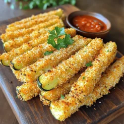 - Zucchini - Breadcrumbs - Parmesan Cheese - Eggs The star of this recipe is zucchini. These green veggies are packed with vitamins and have a great texture. You’ll need two medium zucchinis, cut into fry-shaped sticks. This shape helps them cook evenly and get crispy. For the coating, use breadcrumbs. You can choose plain or seasoned ones, depending on your taste. They add a nice crunch and fun flavor. Grated Parmesan cheese brings in a salty, nutty taste. It melts and binds to the zucchini, making each bite delicious. Finally, two large eggs help the breadcrumbs stick to the zucchini. - Garlic Powder - Onion Powder - Smoked Paprika - Salt and Pepper Seasonings are key to great flavor. Garlic powder gives a robust taste without being too strong. Onion powder adds sweetness and depth. Smoked paprika brings a slight smokiness, which makes these fries stand out. Don’t forget salt and pepper to enhance all the flavors! - Olive Oil Spray - Baking Sheet - Parchment Paper For cooking, you need a few essentials. Olive oil spray helps the fries crisp up nicely in the oven. A baking sheet is where the magic happens, so make sure to use one that’s sturdy. Lastly, parchment paper makes cleanup a breeze and prevents sticking. Check out the Full Recipe for a detailed guide on making these crispy baked zucchini fries! - Preheat your oven to 425°F. - Line a baking sheet with parchment paper. This helps the fries not stick. - In a shallow bowl, mix together the breadcrumbs, cheese, garlic powder, onion powder, smoked paprika, salt, and pepper. This mix gives great flavor. - In a different bowl, crack the eggs and whisk them until smooth. - Take each zucchini fry and dip it into the egg mix. Let the extra egg drip off. - Next, coat the fry in the breadcrumb mix. Press down gently so it sticks well. - Place the coated fries on the prepared baking sheet. - Arrange the fries in a single layer on the baking sheet. - Spray them lightly with olive oil. This oil helps them crisp up. - Bake for 20 to 25 minutes. Turn them halfway through for even cooking. Check for a golden brown color. - Once done, take them out and let them cool for a bit before serving. Follow these steps for crispy baked zucchini fries. You can find the full recipe above. Enjoy! To get the best crunch from your zucchini fries, use olive oil spray. This helps them crisp up beautifully in the oven. A light coat of oil is key. Don’t skip this step! After baking, consider broiling them for a minute or two. This adds even more crunch. Just keep an eye on them so they don’t burn. Pair your zucchini fries with tasty dipping sauces. Marinara sauce is a classic choice. A creamy ranch dip also works great. For a fun touch, serve them in a small basket or on a colorful plate. Garnish with fresh parsley or a sprinkle of extra Parmesan cheese to make it look fancy. You can switch up the cheese to change the taste. Try using shredded mozzarella or even feta for a twist. Adding herbs like oregano or spices such as chili powder can make your fries pop with flavor. Experiment with what you love! For the full recipe, check out the Crispy Baked Zucchini Fries section above. Enjoy your cooking! {{image_2}} If you want a gluten-free snack, use gluten-free breadcrumbs. This simple swap keeps the taste while making it safe for those with gluten allergies. Just choose a brand you like. You can find them in most grocery stores. Love some heat? Add cayenne pepper or chili powder to your breadcrumb mix. Start with a small amount, like 1/4 teaspoon. You can adjust it based on how spicy you want your fries. The heat will make them a fun treat! For cheesy flavor, mix in shredded mozzarella or cheddar cheese with your breadcrumbs. About 1/4 cup works well. This addition makes the fries rich and tasty. You can enjoy them as a side or a snack. Explore these variations when making your crispy baked zucchini fries. Check the [Full Recipe] for more details! To keep your crispy baked zucchini fries fresh, store them in an airtight container. This keeps them from getting soggy. Place a paper towel at the bottom of the container to absorb moisture. This method helps maintain their crunch. They can stay fresh in the fridge for about three days. When reheating, the oven is the best choice. Preheat it to 375°F (190°C). Place the fries on a baking sheet and heat them for about 10 minutes. This method helps restore their crispness. The microwave works too, but it makes them soft. If you use the microwave, heat them for a minute or two. Check often to avoid overcooking. You can freeze uncooked zucchini fries. First, coat them as usual but don’t bake them. Lay them flat on a baking sheet and freeze until solid. Then, transfer them to a freezer bag. They can last for up to three months. When ready to bake, cook them straight from the freezer. Just add a few extra minutes to the baking time. This way, you can enjoy a healthy snack anytime! Yes, you can prepare these zucchini fries ahead. First, cut the zucchinis into fry-shaped sticks. Then, coat them in the egg and breadcrumb mixture. Place the coated fries on a baking sheet. Cover the sheet with plastic wrap and store it in the fridge for up to 24 hours. When you’re ready to bake, just spray them with olive oil and pop them in the oven. This makes it easy for busy days! To make vegan zucchini fries, replace the two large eggs. You can use a flax egg or a chia egg. To make a flax egg, mix one tablespoon of ground flaxseed with three tablespoons of water. Let it sit for about five minutes until it thickens. For a chia egg, do the same with chia seeds. Both options work well for binding. This way, you enjoy crispy zucchini fries without eggs! Many sauces go great with zucchini fries. Some popular choices are marinara sauce, ranch dressing, and garlic aioli. You can also try spicy sriracha mayo or a tangy yogurt dip. Each sauce brings its unique flavor. So, feel free to mix and match to find your favorite! For the full recipe, check out the Crispy Baked Zucchini Fries section. These zucchini fries are easy to make with simple ingredients. You learned how to combine fresh zucchini with tasty seasonings. Baking them creates a crispy texture that everyone enjoys. Use the tips to enhance crunchiness and try different flavors. Store leftovers properly or freeze uncooked fries for later. Experiment with sauces for a perfect dip. I hope you enjoy making and sharing these delicious treats!