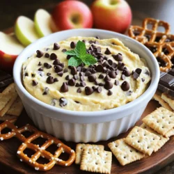 - 1 cup all-purpose flour, heat-treated - ½ cup brown sugar, packed - ½ cup granulated sugar - ½ cup unsalted butter, softened - 1 teaspoon vanilla extract - 1 cup cream cheese, softened - ½ cup mini chocolate chips - ¼ teaspoon sea salt - You can use alternative sweeteners like agave or honey. - For a vegan dip, swap cream cheese with a plant-based version. - Always spoon flour into your measuring cup, then level it off. This keeps it light. - Sugar should also be packed down lightly, especially brown sugar. - Room temperature ingredients mix better, so let butter and cream cheese sit out. Each step ensures a smooth dip full of flavor. When you follow these tips, your dip will be perfect! Feel free to explore [Full Recipe] for more details. First, we need to prepare the flour. Place 1 cup of all-purpose flour in a microwave-safe bowl. Heat it for 1 minute. This step kills any bacteria in the flour. After microwaving, let the flour cool. This is key for our dip's safety and taste. Next, let’s cream our sugars with butter. In a large mixing bowl, add ½ cup of unsalted butter, ½ cup of packed brown sugar, and ½ cup of granulated sugar. Beat them together until the mix is light and fluffy. This process adds air and helps create a smooth dip. Now, it's time to add more flavor. Add 1 cup of softened cream cheese and 1 teaspoon of vanilla extract to the sugar mixture. Keep beating until everything is smooth and well blended. This will give our dip a rich and creamy texture. Gradually add the cooled flour to this mixture. Mix slowly until all the flour is fully incorporated. This step ensures a consistent texture without lumps. To make it even better, gently fold in ½ cup of mini chocolate chips and ¼ teaspoon of sea salt. Make sure to distribute them evenly throughout the dip. The chocolate chips add sweetness, while the sea salt enhances the flavor. Finally, transfer your dip to a serving bowl. Smooth out the top with a spatula. For a fun touch, sprinkle a few extra mini chocolate chips on top. This will make your dip look inviting and delicious. For the full recipe, check out the details above. Enjoy! To make the best chocolate chip cookie dough dip, focus on the texture. You want it to be smooth and creamy. Start by mixing the softened butter with the sugars well. This step is key. If it’s not mixed enough, the dip can feel grainy. Once you add the cream cheese, keep mixing until it’s silky. For flavor twists, think about adding nuts or spices. Chopped walnuts or pecans can add crunch. A dash of cinnamon or a pinch of sea salt can boost the flavor too. You can even try different extracts like almond for a unique twist. What goes best with the dip? Try graham crackers, pretzels, or apple slices. They will give a nice contrast in flavors. I love to serve the dip on a big platter. Arrange the dippers around the bowl for a fun look. For a finishing touch, add mint leaves to brighten it up. Avoid overmixing the ingredients. If you mix too much, the dip can become heavy. Just mix until everything is combined. Also, be sure to heat-treat the flour. This step is very important. It kills any bacteria, making the dip safe to eat. If you skip this, you might risk food safety issues. {{image_2}} You can get creative with this dip. One fun twist is the peanut butter chocolate chip dip. Just mix in a cup of creamy peanut butter when you combine the sugars and butter. It makes the dip rich and nutty. Another great option is the brownie batter dip. To do this, replace the all-purpose flour with cocoa powder. You’ll get a lovely chocolate flavor. Both options are a hit at parties. Seasonal dips add fun to any gathering. For a holiday-themed dip, consider adding peppermint extract. This gives a fresh twist perfect for winter events. You can also create fruit-infused versions. Try folding in mashed strawberries or crushed pineapple. This will brighten the dip and add a fruity taste that everyone will love. For those with dietary needs, there are great options. You can make a gluten-free version by using almond flour or oat flour instead of all-purpose flour. This keeps the dip safe for those avoiding gluten. If you're looking for dairy-free adaptations, use dairy-free cream cheese and margarine. This way, everyone can enjoy this tasty treat. For the Full Recipe, check out the steps to create this delightful dip. Store your Chocolate Chip Cookie Dough Dip in the fridge. Place it in an airtight container. This keeps it fresh and tasty. If you want to save it for later, you can freeze it. Scoop the dip into a freezer-safe container. Make sure to leave space for expansion as it freezes. Use glass or plastic containers with tight lids. These containers keep air out and help the dip stay fresh. It’s a good idea to label your container. Write the date on the label so you know when you made it. This way, you can track how long it lasts. The dip lasts about five days in the fridge. Check for signs of spoilage. If it smells sour or looks strange, it’s best to toss it. You want to enjoy this dip at its best, so always check before eating! No, you should not eat raw flour. Raw flour can carry bacteria. To keep you safe, we heat-treat the flour. This means we microwave it for one minute. This kills any harmful bacteria. After heating, let the flour cool before mixing it in the dip. This makes the dip safe to enjoy. Yes, you can make this dip ahead of time. It keeps well in the fridge for up to three days. Just cover it tightly. When you're ready to serve, take it out and give it a stir. You can even make it the night before a party. This way, you save time and can enjoy more with your friends. You can find pre-made dips in many grocery stores. Look in the snack aisle or refrigerated section. Some brands offer it ready-made. But homemade is often fresher and tastier. Making your own dip lets you control the flavors and ingredients. Plus, it’s fun to create! This dip has some common allergens. It includes flour, butter, and cream cheese. If you have allergies, you can make swaps. Use gluten-free flour for a gluten-free option. For dairy-free, try vegan butter and cream cheese. Always check labels to avoid allergens. This way, everyone can enjoy the dip! In this blog post, we explored crafting the perfect Chocolate Chip Cookie Dough Dip. From key ingredients to optional suggestions, I covered how to measure and mix for the best results. You learned tips for texture and common mistakes to avoid. Remember, variations can keep your dip exciting for any occasion. Lastly, proper storage will ensure your dip stays fresh. Enjoy experimenting with flavors and impressing your guests with this fun treat!