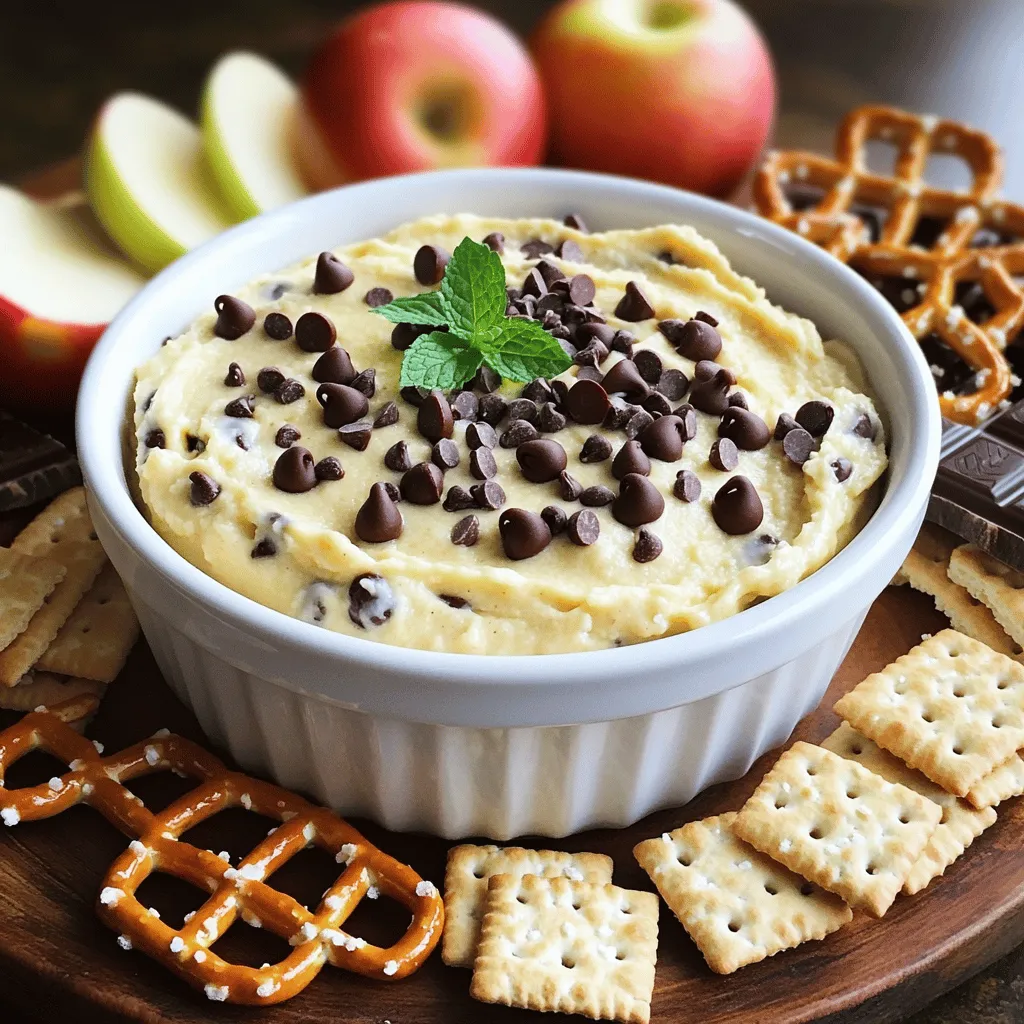 - 1 cup all-purpose flour, heat-treated - ½ cup brown sugar, packed - ½ cup granulated sugar - ½ cup unsalted butter, softened - 1 teaspoon vanilla extract - 1 cup cream cheese, softened - ½ cup mini chocolate chips - ¼ teaspoon sea salt - You can use alternative sweeteners like agave or honey. - For a vegan dip, swap cream cheese with a plant-based version. - Always spoon flour into your measuring cup, then level it off. This keeps it light. - Sugar should also be packed down lightly, especially brown sugar. - Room temperature ingredients mix better, so let butter and cream cheese sit out. Each step ensures a smooth dip full of flavor. When you follow these tips, your dip will be perfect! Feel free to explore [Full Recipe] for more details. First, we need to prepare the flour. Place 1 cup of all-purpose flour in a microwave-safe bowl. Heat it for 1 minute. This step kills any bacteria in the flour. After microwaving, let the flour cool. This is key for our dip's safety and taste. Next, let’s cream our sugars with butter. In a large mixing bowl, add ½ cup of unsalted butter, ½ cup of packed brown sugar, and ½ cup of granulated sugar. Beat them together until the mix is light and fluffy. This process adds air and helps create a smooth dip. Now, it's time to add more flavor. Add 1 cup of softened cream cheese and 1 teaspoon of vanilla extract to the sugar mixture. Keep beating until everything is smooth and well blended. This will give our dip a rich and creamy texture. Gradually add the cooled flour to this mixture. Mix slowly until all the flour is fully incorporated. This step ensures a consistent texture without lumps. To make it even better, gently fold in ½ cup of mini chocolate chips and ¼ teaspoon of sea salt. Make sure to distribute them evenly throughout the dip. The chocolate chips add sweetness, while the sea salt enhances the flavor. Finally, transfer your dip to a serving bowl. Smooth out the top with a spatula. For a fun touch, sprinkle a few extra mini chocolate chips on top. This will make your dip look inviting and delicious. For the full recipe, check out the details above. Enjoy! To make the best chocolate chip cookie dough dip, focus on the texture. You want it to be smooth and creamy. Start by mixing the softened butter with the sugars well. This step is key. If it’s not mixed enough, the dip can feel grainy. Once you add the cream cheese, keep mixing until it’s silky. For flavor twists, think about adding nuts or spices. Chopped walnuts or pecans can add crunch. A dash of cinnamon or a pinch of sea salt can boost the flavor too. You can even try different extracts like almond for a unique twist. What goes best with the dip? Try graham crackers, pretzels, or apple slices. They will give a nice contrast in flavors. I love to serve the dip on a big platter. Arrange the dippers around the bowl for a fun look. For a finishing touch, add mint leaves to brighten it up. Avoid overmixing the ingredients. If you mix too much, the dip can become heavy. Just mix until everything is combined. Also, be sure to heat-treat the flour. This step is very important. It kills any bacteria, making the dip safe to eat. If you skip this, you might risk food safety issues. {{image_2}} You can get creative with this dip. One fun twist is the peanut butter chocolate chip dip. Just mix in a cup of creamy peanut butter when you combine the sugars and butter. It makes the dip rich and nutty. Another great option is the brownie batter dip. To do this, replace the all-purpose flour with cocoa powder. You’ll get a lovely chocolate flavor. Both options are a hit at parties. Seasonal dips add fun to any gathering. For a holiday-themed dip, consider adding peppermint extract. This gives a fresh twist perfect for winter events. You can also create fruit-infused versions. Try folding in mashed strawberries or crushed pineapple. This will brighten the dip and add a fruity taste that everyone will love. For those with dietary needs, there are great options. You can make a gluten-free version by using almond flour or oat flour instead of all-purpose flour. This keeps the dip safe for those avoiding gluten. If you're looking for dairy-free adaptations, use dairy-free cream cheese and margarine. This way, everyone can enjoy this tasty treat. For the Full Recipe, check out the steps to create this delightful dip. Store your Chocolate Chip Cookie Dough Dip in the fridge. Place it in an airtight container. This keeps it fresh and tasty. If you want to save it for later, you can freeze it. Scoop the dip into a freezer-safe container. Make sure to leave space for expansion as it freezes. Use glass or plastic containers with tight lids. These containers keep air out and help the dip stay fresh. It’s a good idea to label your container. Write the date on the label so you know when you made it. This way, you can track how long it lasts. The dip lasts about five days in the fridge. Check for signs of spoilage. If it smells sour or looks strange, it’s best to toss it. You want to enjoy this dip at its best, so always check before eating! No, you should not eat raw flour. Raw flour can carry bacteria. To keep you safe, we heat-treat the flour. This means we microwave it for one minute. This kills any harmful bacteria. After heating, let the flour cool before mixing it in the dip. This makes the dip safe to enjoy. Yes, you can make this dip ahead of time. It keeps well in the fridge for up to three days. Just cover it tightly. When you're ready to serve, take it out and give it a stir. You can even make it the night before a party. This way, you save time and can enjoy more with your friends. You can find pre-made dips in many grocery stores. Look in the snack aisle or refrigerated section. Some brands offer it ready-made. But homemade is often fresher and tastier. Making your own dip lets you control the flavors and ingredients. Plus, it’s fun to create! This dip has some common allergens. It includes flour, butter, and cream cheese. If you have allergies, you can make swaps. Use gluten-free flour for a gluten-free option. For dairy-free, try vegan butter and cream cheese. Always check labels to avoid allergens. This way, everyone can enjoy the dip! In this blog post, we explored crafting the perfect Chocolate Chip Cookie Dough Dip. From key ingredients to optional suggestions, I covered how to measure and mix for the best results. You learned tips for texture and common mistakes to avoid. Remember, variations can keep your dip exciting for any occasion. Lastly, proper storage will ensure your dip stays fresh. Enjoy experimenting with flavors and impressing your guests with this fun treat!