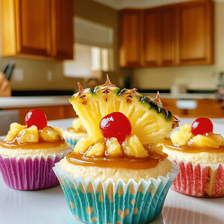 To make these tasty treats, you need: - 1 cup graham cracker crumbs - 1/4 cup unsalted butter, melted - 1/4 cup granulated sugar - 1 (8 oz) package cream cheese, softened - 1/2 cup powdered sugar - 1 teaspoon vanilla extract - 1 cup crushed pineapple, drained - 1 cup heavy whipping cream - Maraschino cherries for topping - Fresh pineapple slices for garnish You can swap ingredients if needed. Here are some ideas: - Use almond flour instead of graham cracker crumbs for gluten-free options. - Coconut cream can replace heavy whipping cream for a dairy-free choice. - If you don’t have maraschino cherries, fresh berries make a great topping too. Fresh pineapple gives a bright, juicy flavor. It adds a nice texture too. If you use fresh pineapple, chop it into small pieces. This ensures even distribution in your cheesecake. Canned pineapple is easy and still tasty. Just drain it well to remove extra juice. It saves time and still gives great results. Both options work well, so choose what fits your needs best. For the complete recipe, check out the Full Recipe. Start by preheating your oven to 350°F (175°C). This step is key for even baking. Next, grab a muffin tin and place cupcake liners inside. The liners help with easy serving and cleanup. In a mixing bowl, combine these three ingredients: - 1 cup graham cracker crumbs - 1/4 cup unsalted butter, melted - 1/4 cup granulated sugar Mix them together until they look like wet sand. Then, take about 1 tablespoon of this mixture and press it into each cupcake liner. Make sure it’s packed tightly. Bake the crusts for 5 minutes, then take them out and let them cool. In a clean mixing bowl, beat 1 (8 oz) package of softened cream cheese until smooth. Gradually add 1/2 cup of powdered sugar and 1 teaspoon of vanilla extract. Mix well until these ingredients are fully combined. Next, you will fold in 1 cup of drained crushed pineapple. Do this gently so you keep the air in the cream cheese mixture. In another bowl, whip 1 cup of heavy whipping cream until stiff peaks form. Carefully fold this whipped cream into the cheesecake mixture. This adds a light and fluffy texture. Spoon the cheesecake filling over the crusts in each cupcake liner. Fill them about 3/4 full. Now, it’s time to chill! Place the mini cheesecakes in the fridge for at least 4 hours, or until they are fully set. When ready to serve, add a slice of fresh pineapple and a maraschino cherry on top for a lovely finish. For the full recipe, visit the link provided earlier. Enjoy this delightful treat! When making mini cheesecakes, avoid overmixing the cream cheese. This makes the filling too airy. Don't skip chilling time. It helps the cheesecakes set properly. Also, make sure to drain the pineapple well. Extra moisture can make the crust soggy. Lastly, use cupcake liners. They help with easy serving and cleanup. Whipping heavy cream can be tricky. Start with cold cream for the best results. Use a clean bowl and beaters to avoid any unwanted flavors. Whip on medium speed until you see soft peaks. Then, increase to high speed until you reach stiff peaks. Don't overwhip! If it turns grainy, it can turn into butter. Gently fold your whipped cream into the cheesecake mix for a light texture. To make your mini cheesecakes shine, add fresh garnishes. Top each one with a slice of fresh pineapple. A maraschino cherry adds a fun pop of color. For an extra touch, drizzle caramel sauce on top. A mint leaf can brighten the look too. Serve them on a pretty plate for a stunning display. For the full recipe, check the link provided. {{image_2}} You can add fun flavors to these mini cheesecakes. Try coconut for a tropical twist. Just mix in shredded coconut with the cream cheese. Lime gives a zesty kick. Add lime juice and zest for a fresh taste. Mango adds sweetness. Fold in fresh mango puree to the cheesecake mix. Each flavor makes the dessert unique and exciting. Making these cheesecakes gluten-free is simple. Use gluten-free graham cracker crumbs for the crust. For vegan options, swap cream cheese with a plant-based version. Use coconut cream instead of heavy whipping cream. This keeps the rich texture while being dairy-free. You can also use a vegan butter substitute for the crust. Toppings can take your cheesecakes to the next level. Try adding toasted coconut on top for crunch. Fresh berries like strawberries or blueberries add color and flavor. You can drizzle caramel or chocolate sauce for sweetness. For a classic touch, place a maraschino cherry on each cheesecake. These additions make each bite special and fun. For the full recipe, check out the detailed steps to create your own Mini Pineapple Upside Down Cheesecakes. Store your mini cheesecakes in the fridge. Use an airtight container to keep them fresh. They will stay good for about five days. This way, you can enjoy them over several days. To freeze, wrap each mini cheesecake in plastic wrap. Then, place them in a freezer bag. They can last up to three months in the freezer. When you want one, just take it out and thaw it in the fridge overnight. Reheat mini cheesecakes gently. Place them in the oven at a low temperature, about 250°F (120°C). Heat for a few minutes, checking often. You want them warm but not hot. Enjoy them with fresh toppings after reheating. Mini cheesecakes can last up to five days in the fridge. Make sure you store them in an airtight container. This keeps them fresh and tasty. If you notice any changes in texture or smell, it’s best to throw them away. Yes, you can make these mini cheesecakes ahead of time. They chill well and taste even better the next day. Just prepare them, chill for at least four hours, and then serve. This can save time if you have guests coming over. If you don’t have maraschino cherries, try fresh berries. Raspberries or strawberries work well. You can also use candied pineapple for a fun twist. These options add flavor and color to your mini cheesecakes. Where can I find the full recipe for Mini Pineapple Upside Down Cheesecakes? You can find the full recipe for Mini Pineapple Upside Down Cheesecakes in the recipe section above. It has all the details you need to make this delightful treat. We explored how to make mini pineapple upside down cheesecakes. We discussed the ingredients, including fresh versus canned pineapple. You learned the steps for baking and the best tips for success. We also looked at fun variations and how to store your treats. Enjoy these mini desserts as a sweet twist on a classic dish. I hope you feel inspired to create your own delicious versions!
