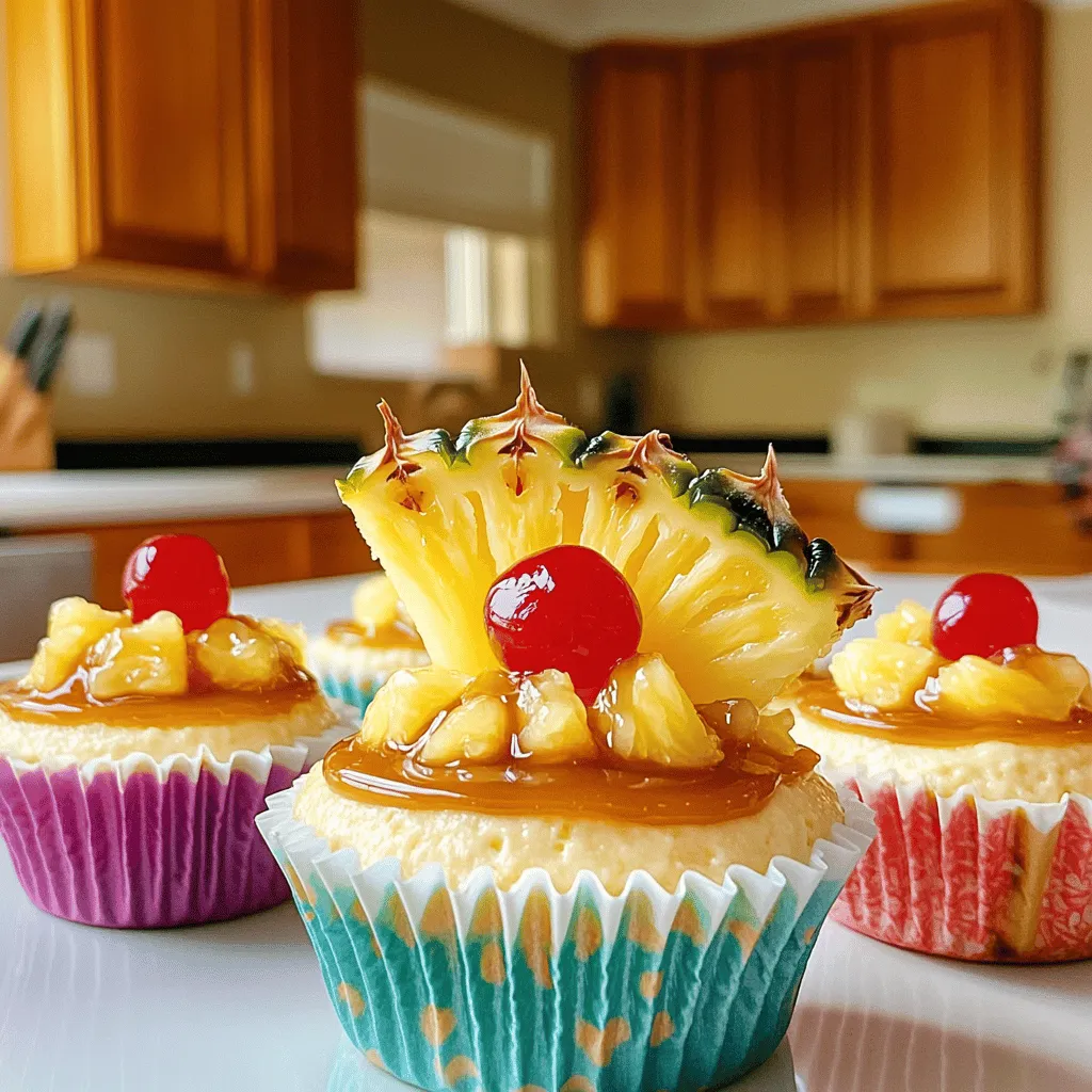 To make these tasty treats, you need: - 1 cup graham cracker crumbs - 1/4 cup unsalted butter, melted - 1/4 cup granulated sugar - 1 (8 oz) package cream cheese, softened - 1/2 cup powdered sugar - 1 teaspoon vanilla extract - 1 cup crushed pineapple, drained - 1 cup heavy whipping cream - Maraschino cherries for topping - Fresh pineapple slices for garnish You can swap ingredients if needed. Here are some ideas: - Use almond flour instead of graham cracker crumbs for gluten-free options. - Coconut cream can replace heavy whipping cream for a dairy-free choice. - If you don’t have maraschino cherries, fresh berries make a great topping too. Fresh pineapple gives a bright, juicy flavor. It adds a nice texture too. If you use fresh pineapple, chop it into small pieces. This ensures even distribution in your cheesecake. Canned pineapple is easy and still tasty. Just drain it well to remove extra juice. It saves time and still gives great results. Both options work well, so choose what fits your needs best. For the complete recipe, check out the Full Recipe. Start by preheating your oven to 350°F (175°C). This step is key for even baking. Next, grab a muffin tin and place cupcake liners inside. The liners help with easy serving and cleanup. In a mixing bowl, combine these three ingredients: - 1 cup graham cracker crumbs - 1/4 cup unsalted butter, melted - 1/4 cup granulated sugar Mix them together until they look like wet sand. Then, take about 1 tablespoon of this mixture and press it into each cupcake liner. Make sure it’s packed tightly. Bake the crusts for 5 minutes, then take them out and let them cool. In a clean mixing bowl, beat 1 (8 oz) package of softened cream cheese until smooth. Gradually add 1/2 cup of powdered sugar and 1 teaspoon of vanilla extract. Mix well until these ingredients are fully combined. Next, you will fold in 1 cup of drained crushed pineapple. Do this gently so you keep the air in the cream cheese mixture. In another bowl, whip 1 cup of heavy whipping cream until stiff peaks form. Carefully fold this whipped cream into the cheesecake mixture. This adds a light and fluffy texture. Spoon the cheesecake filling over the crusts in each cupcake liner. Fill them about 3/4 full. Now, it’s time to chill! Place the mini cheesecakes in the fridge for at least 4 hours, or until they are fully set. When ready to serve, add a slice of fresh pineapple and a maraschino cherry on top for a lovely finish. For the full recipe, visit the link provided earlier. Enjoy this delightful treat! When making mini cheesecakes, avoid overmixing the cream cheese. This makes the filling too airy. Don't skip chilling time. It helps the cheesecakes set properly. Also, make sure to drain the pineapple well. Extra moisture can make the crust soggy. Lastly, use cupcake liners. They help with easy serving and cleanup. Whipping heavy cream can be tricky. Start with cold cream for the best results. Use a clean bowl and beaters to avoid any unwanted flavors. Whip on medium speed until you see soft peaks. Then, increase to high speed until you reach stiff peaks. Don't overwhip! If it turns grainy, it can turn into butter. Gently fold your whipped cream into the cheesecake mix for a light texture. To make your mini cheesecakes shine, add fresh garnishes. Top each one with a slice of fresh pineapple. A maraschino cherry adds a fun pop of color. For an extra touch, drizzle caramel sauce on top. A mint leaf can brighten the look too. Serve them on a pretty plate for a stunning display. For the full recipe, check the link provided. {{image_2}} You can add fun flavors to these mini cheesecakes. Try coconut for a tropical twist. Just mix in shredded coconut with the cream cheese. Lime gives a zesty kick. Add lime juice and zest for a fresh taste. Mango adds sweetness. Fold in fresh mango puree to the cheesecake mix. Each flavor makes the dessert unique and exciting. Making these cheesecakes gluten-free is simple. Use gluten-free graham cracker crumbs for the crust. For vegan options, swap cream cheese with a plant-based version. Use coconut cream instead of heavy whipping cream. This keeps the rich texture while being dairy-free. You can also use a vegan butter substitute for the crust. Toppings can take your cheesecakes to the next level. Try adding toasted coconut on top for crunch. Fresh berries like strawberries or blueberries add color and flavor. You can drizzle caramel or chocolate sauce for sweetness. For a classic touch, place a maraschino cherry on each cheesecake. These additions make each bite special and fun. For the full recipe, check out the detailed steps to create your own Mini Pineapple Upside Down Cheesecakes. Store your mini cheesecakes in the fridge. Use an airtight container to keep them fresh. They will stay good for about five days. This way, you can enjoy them over several days. To freeze, wrap each mini cheesecake in plastic wrap. Then, place them in a freezer bag. They can last up to three months in the freezer. When you want one, just take it out and thaw it in the fridge overnight. Reheat mini cheesecakes gently. Place them in the oven at a low temperature, about 250°F (120°C). Heat for a few minutes, checking often. You want them warm but not hot. Enjoy them with fresh toppings after reheating. Mini cheesecakes can last up to five days in the fridge. Make sure you store them in an airtight container. This keeps them fresh and tasty. If you notice any changes in texture or smell, it’s best to throw them away. Yes, you can make these mini cheesecakes ahead of time. They chill well and taste even better the next day. Just prepare them, chill for at least four hours, and then serve. This can save time if you have guests coming over. If you don’t have maraschino cherries, try fresh berries. Raspberries or strawberries work well. You can also use candied pineapple for a fun twist. These options add flavor and color to your mini cheesecakes. Where can I find the full recipe for Mini Pineapple Upside Down Cheesecakes? You can find the full recipe for Mini Pineapple Upside Down Cheesecakes in the recipe section above. It has all the details you need to make this delightful treat. We explored how to make mini pineapple upside down cheesecakes. We discussed the ingredients, including fresh versus canned pineapple. You learned the steps for baking and the best tips for success. We also looked at fun variations and how to store your treats. Enjoy these mini desserts as a sweet twist on a classic dish. I hope you feel inspired to create your own delicious versions!