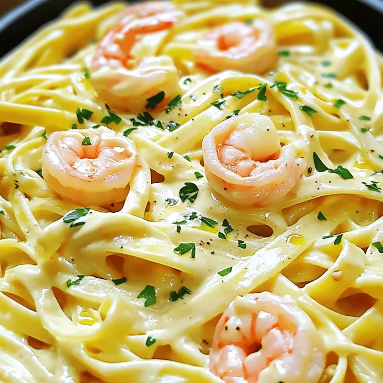 - 8 oz fettuccine pasta - 1 lb large shrimp, peeled and deveined - 2 tablespoons olive oil - 3 cloves garlic, minced - 1 cup heavy cream - 1 cup grated Parmesan cheese - 1 teaspoon lemon zest - 1 tablespoon freshly squeezed lemon juice - 1 teaspoon paprika - Salt and pepper to taste - Fresh parsley, chopped (for garnish) Gathering the right ingredients is key to making this creamy shrimp pasta shine. Start with fettuccine pasta, as it holds the sauce well. Large shrimp work best because they are meaty and cook quickly. Use fresh garlic for a strong aroma and flavor. Heavy cream creates that rich, velvety sauce, while grated Parmesan adds a savory touch. For extra zest, lemon zest and lemon juice brighten the dish. Paprika brings a mild warmth that complements the shrimp. Don't forget to season with salt and pepper for balance. Finally, fresh parsley not only adds color but also a hint of freshness to each bite. Check out the Full Recipe for a complete guide to making this delightful dish! Start by boiling a large pot of salted water. Add the fettuccine and cook according to the package instructions. This usually takes about 8 to 10 minutes. Once the pasta is al dente, drain it. Remember to save a cup of the pasta water for later. In a large skillet, heat 2 tablespoons of olive oil over medium heat. When the oil is hot, add 1 pound of large shrimp. Cook the shrimp for about 2 to 3 minutes on each side. The shrimp should turn pink and opaque. Once cooked, remove the shrimp from the skillet and set it aside. In the same skillet, add 3 cloves of minced garlic. Sauté the garlic for about 1 minute until it smells good. Next, pour in 1 cup of heavy cream. Let this simmer gently. Gradually whisk in 1 cup of grated Parmesan cheese. This will make the sauce creamy and rich. Now, return the cooked shrimp to the skillet. Add the drained fettuccine next. Toss everything together gently to coat the pasta and shrimp in the creamy sauce. If the sauce seems too thick, add a bit of the reserved pasta water to adjust the consistency. Cook the pasta and shrimp together for just another minute. This allows the flavors to blend well. Now, plate the creamy shrimp pasta. Finally, garnish with fresh chopped parsley for a touch of color and flavor. Enjoy this delightful dish! For the full recipe, check out the details above. To cook shrimp well, aim for a duration of 2-3 minutes per side. This short time is key to tender shrimp. Look for shrimp that turn pink and opaque. When they curl into a C shape, they are ready to eat. You can adjust the sauce's thickness using reserved pasta water. Start with a tablespoon and add more if needed. This helps the sauce cling to the pasta. When whisking in cheese, do it slowly. This way, it melts smoothly into the sauce. To boost flavor, consider adding spices like red pepper flakes or fresh basil. These add a nice kick. If you want a cheese alternative, try nutritional yeast or a dairy-free cheese. These can provide a unique twist to the dish. For the full recipe, check out the detailed instructions to make this creamy shrimp pasta. {{image_2}} You can change the pasta for this dish. Try whole grain or gluten-free pasta. Both options work well. Whole grain adds more fiber. Gluten-free pasta is great for those with allergies. Look for brands that offer good texture. Adding veggies makes your dish colorful and healthy. Spinach is a great choice. It wilts nicely in the sauce. Cherry tomatoes add sweetness and a pop of color. You can also use bell peppers for crunch. Just sauté them with garlic for extra flavor. Want to switch up the protein? Chicken works well in this dish. Cook it the same way as the shrimp. Scallops are another tasty option. They cook quickly and add a rich flavor. For a plant-based choice, try tofu or chickpeas. Both absorb flavors well and make the dish filling. To store leftovers, place the creamy shrimp pasta in an airtight container. Make sure it cools down first. This helps keep it fresh. Store it in the fridge for up to three days. If you see any signs of spoilage, like a bad smell or mold, throw it away. Freezing creamy shrimp pasta is a good option if you want it for later. First, let it cool down completely. Then, place it in a freezer-safe container or bag. Remove as much air as possible to prevent freezer burn. You can freeze it for up to two months. To use it, thaw it in the fridge overnight before reheating. When reheating creamy shrimp pasta, do it gently. You can use the stove or microwave. If using the stove, add a splash of water or cream to keep it moist. Heat over low to medium heat, stirring often. If using the microwave, heat in short bursts of 30 seconds. Stir in between to avoid hot spots. This way, you keep the taste and texture nice and creamy. For the full recipe, check out the section above! I recommend using large shrimp for this dish. They have a nice bite and cook well. Fresh shrimp is always the best choice for flavor. If fresh shrimp is not available, frozen shrimp works too. Just ensure they are peeled and deveined. If you use frozen shrimp, thaw them in the fridge overnight. This keeps them firm and tasty. Yes, you can make creamy shrimp pasta dairy-free! Use coconut cream or cashew cream instead of heavy cream. Nutritional yeast can replace Parmesan cheese for a cheesy flavor. There are many brands of dairy-free cheese that melt well too. Just check the labels to ensure they fit your needs. Creamy shrimp pasta stays good in the fridge for about three days. Store it in an airtight container to keep it fresh. When reheating, add a splash of water or broth to help it stay creamy. Make sure it heats through to a safe temperature. Absolutely! If you like a kick, add red pepper flakes or cayenne pepper. Start with a small amount and adjust to your taste. You can also add a dash of hot sauce for extra flavor. Fresh herbs like cilantro can add a nice twist too. This blog post shared a simple and tasty creamy shrimp pasta recipe. You learned about essential ingredients, step-by-step cooking instructions, and tips for perfect shrimp. You can customize this dish with various pasta, veggies, or proteins. Remember to store leftovers properly for later enjoyment. Cooking can be both fun and rewarding, especially with straightforward recipes. Enjoy creating your creamy shrimp pasta!