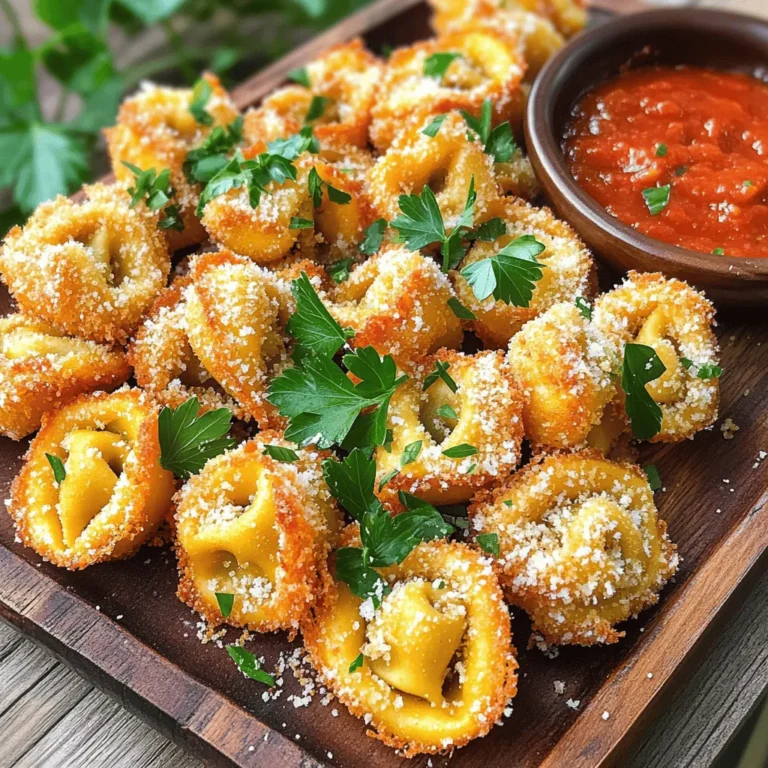 - 2 cups refrigerated or frozen cheese tortellini - 1 cup breadcrumbs (panko recommended for crunch) - ½ cup grated Parmesan cheese - 2 large eggs, beaten - 1 teaspoon garlic powder - ½ teaspoon dried Italian herbs - Salt and pepper to taste - Fresh parsley, chopped for garnish In this recipe, I focus on a few key elements. First, the cheese tortellini. I prefer using fresh or frozen cheese tortellini. Both options work well, but fresh tortellini will save you some time. For the best crunch, I recommend panko breadcrumbs. They add a delightful texture that makes each bite so satisfying. Next is the Parmesan cheese. This adds a rich flavor that pairs perfectly with the tortellini. The grated form mixes well with breadcrumbs. It helps create a crispy coating. You also need two large eggs, beaten. This will help the breadcrumbs stick to the tortellini. In the seasoning mix, I add garlic powder and Italian herbs. They bring out the tortellini's flavors and give it a nice aroma. Don't forget the salt and pepper for taste! Lastly, fresh parsley is a great garnish. It adds color and a fresh touch to your dish. For the full recipe, check out the details above. Enjoy your cooking adventure! First, cook the frozen tortellini. Follow the package instructions carefully. Most of the time, this means boiling them in salted water. You want to cook them until they are al dente. This means they should be firm, not too soft. Once done, drain the tortellini in a colander. Let them cool for a few minutes. Cooling helps them hold their shape when frying. Now, let’s make the breading mix. In a bowl, combine the breadcrumbs, grated Parmesan cheese, garlic powder, dried Italian herbs, salt, and pepper. Mix it well. In a separate bowl, beat two large eggs. You will dip each tortellini into the egg first. Let the excess egg drip off. Then, coat it in the breadcrumb mixture. Press down gently to make sure the crumbs stick. This step is key for the crunch! Next, heat some vegetable oil in a deep skillet over medium-high heat. You want about ½ inch of oil. Wait until it shimmers, which means it’s hot enough. Carefully add the breaded tortellini in small batches to the hot oil. Fry each batch for about 2-3 minutes on each side. You want them golden brown and crispy. Use a slotted spoon to take them out and place them on a paper towel-lined plate. This helps drain any extra oil. Enjoy your crispy tortellini as a delightful snack! For the full recipe, check out the detailed instructions above. To get the best crunch, I always use panko breadcrumbs. Panko is lighter and flakier than regular breadcrumbs. This texture helps the tortellini get that nice, crispy layer you want. When you bite into them, you’ll hear that satisfying crunch. The frying temperature is crucial too. Heat your oil to about 350°F (175°C). If the oil is too cool, the tortellini can become soggy. If it's too hot, they can burn quickly. A deep-frying thermometer can help you keep track. For dipping, marinara sauce is a classic choice. Its tomato flavor pairs well with the cheesy tortellini. You can also try ranch or garlic aioli for a fun twist. When serving, arrange the crispy tortellini on a nice plate. You can sprinkle some extra Parmesan on top for added flavor. A few sprigs of fresh parsley not only add color but also a fresh taste. Your guests will love the look and the taste! For the full recipe, check out the ingredients and steps above! {{image_2}} You can easily change the taste of your crispy tortellini. Adding spices or herbs can give you new flavors. For a kick, try red pepper flakes or smoked paprika. Fresh herbs like basil or parsley can brighten the dish. Using different cheeses can also change the taste. Instead of Parmesan, try mozzarella for a gooey texture. You can also use cheddar for a sharper flavor. Mixing these cheeses can create a unique blend that excites your taste buds. If you want a healthier option, consider baking instead of frying. Preheat your oven to 400°F (200°C). Place the breaded tortellini on a baking sheet lined with parchment paper. Spray them lightly with oil to ensure they crisp up. Bake for about 15-20 minutes, flipping halfway through. This method gives you a crunchy snack without all the oil. You can also use an air fryer for a quick and easy method. Preheat your air fryer to 375°F (190°C). Arrange the breaded tortellini in a single layer in the basket. Cook for about 10-12 minutes, shaking the basket halfway through. This method keeps the tortellini crispy and delicious with less oil. For the full recipe, check out the detailed steps and tips included above. To keep your crispy fried tortellini fresh, store them in an airtight container. Place parchment paper between layers to prevent sticking. You can refrigerate them for up to 3 days. For longer storage, freeze the tortellini in a single layer on a baking sheet. Once frozen, transfer them to a freezer-safe bag. They will stay fresh for about 2 months. To reheat your tortellini, use an oven for the best results. Preheat it to 375°F (190°C). Spread the tortellini on a baking sheet and heat for about 10-15 minutes. This method keeps them crispy. Avoid using a microwave, as it may make them soggy. If you must use a microwave, place a paper towel over the plate to absorb moisture. Yes, you can use frozen tortellini. They work great for this recipe. Just cook them according to the package instructions. This ensures they are tender and ready to fry. If you use fresh tortellini, skip the boiling step. Just coat them in the egg and breadcrumbs directly. The best oils for frying are vegetable and canola oil. These oils have high smoke points, which means they can handle the heat well. Olive oil is another option, but it has a lower smoke point. This can lead to a burnt taste if you fry at high heat. I prefer vegetable oil for its neutral flavor. To make this recipe vegetarian-friendly, choose cheese-filled tortellini. You can also add extra veggies. Try spinach or mushrooms for added flavor. If you want to replace the cheese, use vegan cheese or nutritional yeast. This keeps the crunch and flavor without meat. Frying tortellini takes about 2-3 minutes on each side. You want them golden brown and crispy. Fry in small batches to keep the oil hot. This helps them cook evenly. Use a slotted spoon to remove them when done. Drain on paper towels to soak up extra oil. For best results, keep an eye on the color. This recipe highlights the joy of crispy cheese tortellini. You learned the key ingredients, from tortellini to seasoning. The step-by-step process ensures you can easily achieve the perfect crunch. Tips for serving and storage keep it fresh and enjoyable later. Feel free to explore variations to suit your taste. Whether frying or baking, this dish is versatile and delicious. Now go ahead and make it your own! Enjoy your cooking adventure with these tasty tortellini bites.