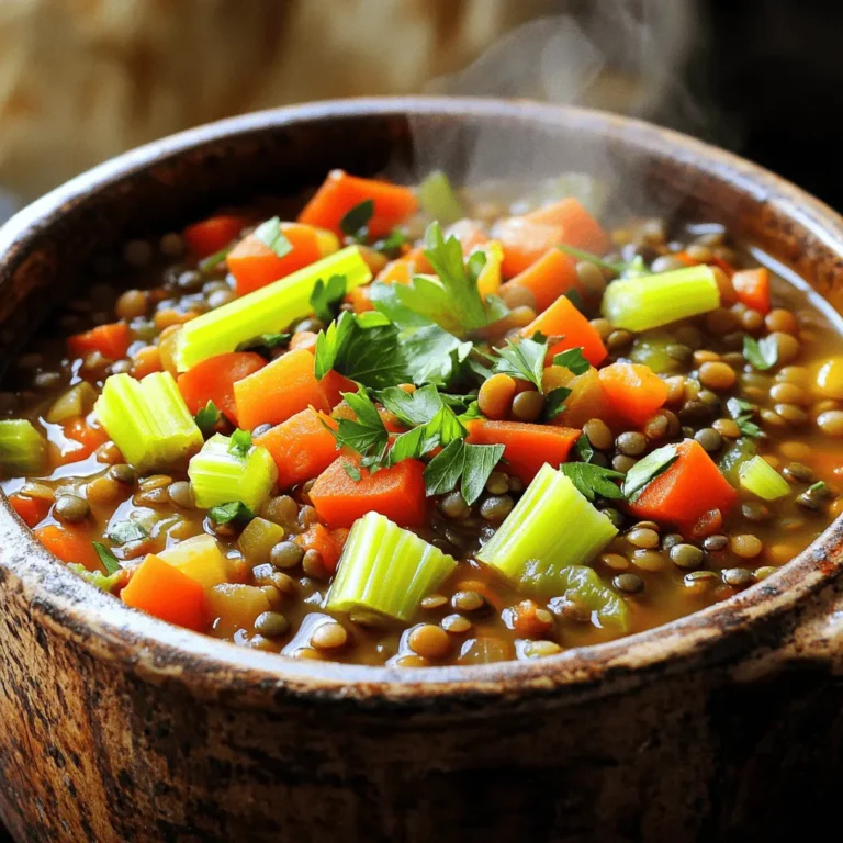 - 1 cup dry green or brown lentils - 2 teaspoons ground cumin - 1 teaspoon smoked paprika - 1 teaspoon dried thyme - Salt and pepper to taste - 1 medium onion, diced - 2 cloves garlic, minced - 2 carrots, diced - 2 stalks celery, diced - 1 bell pepper, diced - 1 can (14 oz) diced tomatoes with juices - 4 cups vegetable broth - 2 tablespoons olive oil - Fresh parsley, chopped When I make my easy lentil stew, I always start with my dry ingredients. I love using green or brown lentils. They add a great texture and are packed with nutrients. I mix in cumin, smoked paprika, and thyme. These spices give the stew a warm flavor. I add salt and pepper to make it just right. Next, I chop fresh vegetables. I use a medium onion, two cloves of garlic, and a few carrots. Celery adds crunch, and a bell pepper gives it color. You can pick any bell pepper you like! All these fresh veggies make the stew healthy and tasty. For liquid, I use diced tomatoes and vegetable broth. The tomatoes add a nice sweetness. The broth brings everything together. I also add olive oil to help sauté the veggies and enhance the flavor. To finish, I sprinkle fresh parsley on top as a garnish. It looks pretty and adds a nice touch. You can find the full recipe [here](#). First, heat the olive oil in a large pot over medium heat. Add the diced onion and sauté until it turns translucent. This should take about five minutes. Next, stir in the minced garlic and cook for one more minute. Once you smell the garlic, add the diced carrots, celery, and bell pepper. Cook these for another five to seven minutes. The goal is to make the veggies soft and sweet. Now, it's time to mix in the rinsed lentils. Add the diced tomatoes with their juices, vegetable broth, and spices like cumin, smoked paprika, and thyme. Stir well to combine all the ingredients. This is where the magic starts. The colors and smells will awaken your senses and make you excited for dinner! Increase the heat to bring the mixture to a boil. Once it boils, reduce the heat to low and cover the pot. Let the stew simmer for about 30 to 35 minutes. This will make the lentils tender and the flavors blend beautifully. You can check the lentils by tasting them. They should be soft but not mushy. After cooking, season the stew with salt and pepper to your taste. This step is essential to enhance the flavors. When ready to serve, ladle the stew into bowls and garnish with freshly chopped parsley. This adds a nice touch of color and freshness to your meal. Enjoy your healthy and comforting lentil stew. For the full recipe, check out the details above. - Rinse lentils properly before use. This removes dirt and debris. - Adjust cooking time for desired lentil texture. For softer lentils, cook longer. - Add herbs like bay leaves or oregano for extra flavor. These herbs deepen the taste. - Consider using homemade vegetable broth for a richer taste. It makes a big difference. - Serve with crusty bread or over rice. This adds heartiness to your meal. - Use a vibrant bowl to showcase the stew’s colors. A bright bowl makes the dish pop. For the full recipe, check out the details in the main article. {{image_2}} You can make your lentil stew heartier. Adding diced potatoes or sweet potatoes boosts texture and flavor. These veggies soak up the stew's spices, giving you a warm and filling meal. You can also add cooked sausage or chicken for extra protein. This option makes the stew rich and satisfying. If you want to keep your stew plant-based, focus on the lentils and veggies. They provide great taste and nutrition. For a deeper flavor, substitute vegetable broth for water. This change enhances the overall taste without losing the vegan aspect. Feel free to spice things up! You can experiment with curry powder or chili for a zesty bite. This twist adds warmth and excitement to your meal. Also, consider incorporating seasonal vegetables for added freshness. Using fresh produce can elevate the dish and make it even more appealing. For the full recipe, check out the [Full Recipe]. To store your lentil stew in the fridge, let it cool first. Use a clean, airtight container. This keeps the stew fresh and prevents odors. You can store it for up to five days. Just be sure to label the container with the date. This way, you know when to enjoy it again. If you want to freeze the stew, portion it into smaller containers. This makes it easy to reheat later. Make sure to leave some space at the top of each container. This allows for expansion when the stew freezes. When you're ready to eat, thaw the stew in the fridge overnight. Reheat it on the stove over low heat. Stir often for the best flavor and texture. Preparing ingredients in advance can save you time during busy days. Chop the veggies and store them in the fridge. You can also rinse the lentils and keep them ready to go. This makes it easy to whip up the stew in no time. For serving ideas, pair the stew with crusty bread or a simple salad. You can also use it as a filling for wraps or bowls throughout the week. Lentil stew lasts about 5 to 7 days in the fridge. To store it, place it in an airtight container. Make sure to cool the stew to room temperature before you seal it. This helps keep it fresh longer. Yes, you can use different types of lentils. Red lentils cook faster and become mushy. Black lentils hold their shape well and add a nice twist. Green lentils offer a firm texture and earthy flavor. Feel free to mix and match based on your taste. Lentil stew pairs well with many sides. Try serving it with crusty bread or a fresh salad. You can also enjoy it with rice or quinoa for a heartier meal. A glass of red wine or sparkling water complements it nicely. You can adjust the spice level to your liking. For mild stew, keep the spices light. If you love heat, add red pepper flakes or chopped jalapeños. You can also stir in hot sauce just before serving for an extra kick. Lentil stew is very healthy. Lentils are full of protein, fiber, and vitamins. They help keep you full and satisfied. The veggies add nutrients and flavor. This stew is a great choice for a balanced meal, promoting overall health. In this blog post, we explored a tasty lentil stew. We started with the key ingredients, like dry lentils and fresh veggies. Then, I shared simple steps for cooking and serving this hearty dish. You can adjust seasonings and even add proteins for variety. Remember, this stew stores well in the fridge or freezer. Enjoy experimenting with flavors and sharing this healthy meal with others!