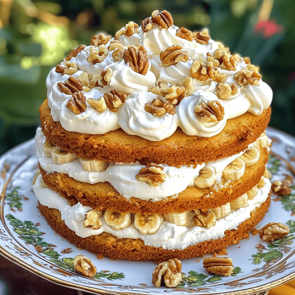 To make the Heavenly Banana Walnut Cream Cake, you need a simple list of ingredients. Here’s what you’ll need: - 3 ripe bananas, mashed - 1 cup sugar - 1/2 cup unsalted butter, softened - 2 large eggs - 1 teaspoon vanilla extract - 1 1/2 cups all-purpose flour - 1 teaspoon baking soda - 1/2 teaspoon salt - 1/2 cup buttermilk - 1 cup walnuts, chopped (reserve a few whole for garnish) - 1 cup heavy cream - 2 tablespoons powdered sugar - 1 teaspoon vanilla extract (for whipped cream) Each ingredient plays a key role in making this cake moist and flavorful. The ripe bananas add sweetness and a rich texture. The sugar and butter create a creamy base. Eggs provide structure, while vanilla adds a warm note. The flour and baking soda combine to give the cake lift. The salt enhances the flavors. Buttermilk makes the cake tender and rich. Chopped walnuts offer crunch and a nutty taste, while the whipped cream on top creates a light finish. You can find the full recipe in the article for detailed steps. Enjoy gathering these ingredients and getting ready to bake! Prepping the oven and cake pan is simple. First, preheat your oven to 350°F (175°C). This step is key for even baking. Next, grab a 9-inch round cake pan. Grease it with butter, then dust it with flour. This ensures your cake comes out clean. Now, it's time for mixing. In a large bowl, cream together the softened butter and sugar. Mix until it becomes light and fluffy. This process adds air to your batter. Then, incorporate the mashed bananas. Make sure they are well blended. Next, add the eggs one at a time, mixing after each addition. Pour in the vanilla extract for added flavor. Now, let's work on the dry ingredients. In a separate bowl, whisk together the flour, baking soda, and salt. This mixes the dry parts evenly. Gradually add this mixture to the banana mixture. Alternate with the buttermilk, starting and ending with the dry mix. This helps keep your batter smooth. Once mixed, fold in the chopped walnuts carefully. This adds a nice crunch. Pour the batter into your prepared cake pan and smooth the top with a spatula. The baking stage is next. Place your cake pan in the preheated oven. Bake for 25-30 minutes. To check if it’s ready, insert a toothpick into the center. If it comes out clean, your cake is done. Once finished, take it out and let it cool. Leave the cake in the pan for about 10 minutes. Then, transfer it to a wire rack to cool completely. This step is important for the perfect texture. For the whipped cream, beat the heavy cream in a clean bowl. Mix until soft peaks form. Add powdered sugar and vanilla extract, then continue beating. You want stiff peaks this time. After your cake has cooled, frost the top with the whipped cream. Spread it evenly for a nice finish. Finally, garnish with whole walnuts for a beautiful touch. Chill the cake in the refrigerator for about an hour. This helps the frosting set. Enjoy your Heavenly Banana Walnut Cream Cake! You can find the Full Recipe for more details. - First, ensure your butter is softened properly. This makes the batter smooth. - Alternate adding the dry ingredients and buttermilk. This helps keep the batter light. - Avoid over-mixing the batter. Mix just until combined to keep the cake fluffy. - Use whipped cream for icing. It adds a light and creamy touch to the cake. - Garnish with whole walnuts on top. This gives a nice, crunchy finish. - Chill the cake before serving for best results. It helps set the frosting nicely. For the full recipe, check out the detailed steps and enjoy making this delightful treat! {{image_2}} You can play with flavors in the Heavenly Banana Walnut Cream Cake. Here are some fun ideas: - Chocolate Chip Banana Walnut Cake: Fold in 1 cup of chocolate chips. The sweet chocolate pairs well with the banana and nuts. It adds a rich twist that kids love. - Coconut Banana Walnut Cake: Add 1 cup of shredded coconut to the batter. This gives a tropical feel to your cake. The coconut adds texture and a lovely flavor. - Spiced Banana Walnut Cake: Sprinkle in a teaspoon of cinnamon and a pinch of nutmeg. This gives your cake a warm, cozy vibe. Spices make it perfect for fall gatherings. You can adjust the recipe to fit special diets. Here are some easy swaps: - Gluten-Free Option: Replace all-purpose flour with a gluten-free blend. Look for one that has a 1:1 ratio. This keeps the texture light and fluffy. - Vegan Substitutes for Ingredients: Use flax eggs instead of regular eggs. Mix 1 tablespoon of ground flaxseed with 3 tablespoons of water. Let it sit for 5 minutes to thicken. You can also swap buttermilk with almond milk mixed with a little vinegar. These variations make the cake fun and enjoyable for all! For the complete recipe, check out the Full Recipe section. You can leave your Heavenly Banana Walnut Cream Cake at room temperature for 1-2 days. Make sure to cover it well. A cake dome or plastic wrap works great for this. This keeps it fresh and moist. For longer storage, refrigerate the cake for up to a week. Place it in an airtight container to avoid drying out. If you want to keep it even longer, you can freeze it. Wrap the cake tightly in plastic wrap, then place it in a freezer bag. It will stay good for about three months. When you want to eat it, just thaw it in the fridge overnight. Enjoy the cake just like you made it fresh! For the full recipe, check the section above. This cake is heavenly due to its rich flavors and soft texture. The ripe bananas add natural sweetness and moisture. When you bite into it, you feel the soft, fluffy cake and the crunch of walnuts. The creamy whipped topping adds a beautiful finish. Altogether, these elements create a delightful treat for your taste buds. Yes, you can make this cake ahead of time. To do this, bake the cake and let it cool completely. Once cool, wrap it tightly in plastic wrap. Store it at room temperature for up to two days. If you need to store it longer, freeze the cake. Just make sure it's well-wrapped to prevent freezer burn. You can frost it just before serving for the best taste. If you need a substitute for all-purpose flour, try using almond flour or oat flour. Almond flour adds a nutty taste and makes the cake moist. Oat flour gives a light texture but may make the cake denser. You can mix different flours to find your favorite taste and texture. Remember to adjust the liquid slightly, as different flours absorb moisture differently. To check if the cake is done, insert a toothpick into the center. If it comes out clean or with a few crumbs, the cake is ready. If the toothpick has wet batter, bake it a little longer. Always check it towards the end of the baking time. This way, you avoid overbaking, which can dry out the cake. This banana walnut cake combines simple ingredients and easy steps to create a treat everyone loves. We covered how to mix the batter, bake the cake, and store it properly. Use tips for decoration and explore flavor variations to make it your own. Remember, baking is about fun and creativity. So gather your ingredients, enjoy the process, and share the delicious results with friends. Your cake will surely impress!