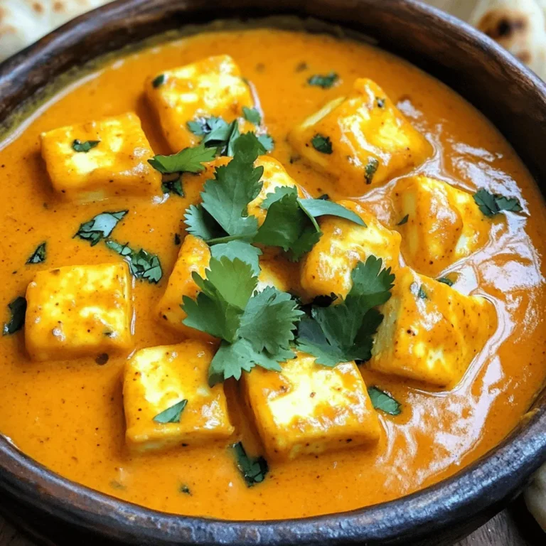 - 250 grams paneer, cubed - 2 tablespoons butter - 1 tablespoon oil - 1 medium onion, finely chopped - 2 tomatoes, pureed - 1 tablespoon ginger-garlic paste - ½ cup heavy cream To make butter paneer, you need some key ingredients. Paneer is the star of the dish. It gives the dish its creamy texture and rich flavor. Next, you need fresh tomatoes. They create a smooth sauce that is both tangy and sweet. Onions add depth to the dish when sautéed. Heavy cream makes everything rich and velvety. - 1 teaspoon cumin seeds - 1 teaspoon red chili powder (adjust for spice) - 1 teaspoon garam masala - 1 tablespoon kasuri methi (dried fenugreek leaves) Spices bring life to butter paneer. Cumin seeds add a warm, earthy note. Red chili powder gives it a kick. You can adjust the spice level based on your taste. Garam masala adds warmth and complexity. Kasuri methi adds a fragrant touch that enhances the dish. - 1 teaspoon sugar - Salt to taste - Fresh cilantro for garnish Adding a bit of sugar balances the acidity of the tomatoes. Salt brings out all the flavors. Fresh cilantro is perfect for garnish. It adds color and a fresh taste to the dish. Butter and oil are also essential for cooking. They help create a rich base for the sauce. You can find the full recipe for this mouthwatering dish [here](#). To start, you need to cube the paneer. Cut it into small, even squares. This helps it cook evenly. For a firmer texture, pan-fry the cubes in a non-stick pan. Heat the pan on medium. Add a little oil. Cook the paneer until it turns golden brown on all sides. This step adds flavor and makes it crispy. Once done, set the paneer aside. Now, let’s prepare the base. In the same pan, add two tablespoons of butter and one tablespoon of oil. Heat it over medium heat. Once the butter melts, drop in one teaspoon of cumin seeds. Let them sizzle for a few moments. You will smell the rich aroma. This is the base for your sauce. Next, we sauté the onions. Add one finely chopped onion to the pan. Cook until they turn golden brown. This takes about five minutes. Then, add one tablespoon of ginger-garlic paste. Stir it for one minute. The smell will be amazing! Now, pour in the pureed tomatoes. Use two tomatoes for this. Add one teaspoon of red chili powder and salt to taste. Cook this mixture until the oil separates from the tomatoes. This will take about five to seven minutes. It's time to mix in the cream and spices. Stir in half a cup of heavy cream. Add one teaspoon of sugar and one teaspoon of garam masala. Mix everything well. Let it simmer for three to five minutes. The sauce will thicken and become creamy. Finally, gently fold in the fried paneer cubes. Add one tablespoon of kasuri methi for extra flavor. Cook for another two to three minutes. This ensures the paneer is heated through and coated in sauce. Your delicious Butter Paneer (Paneer Makhani) is now ready to enjoy! For the complete recipe, check out the [Full Recipe]. To make Butter Paneer really tasty, you can play with spice levels. If you like it spicy, add more red chili powder. If you prefer it mild, cut back on the chili. Using fresh spices is key for a better taste. Fresh spices give a burst of flavor. Dried spices are good too, but they often lose some of their punch. A creamy sauce is what makes this dish special. To get that creaminess, use heavy cream as shown in the full recipe. Stir it in gently to avoid breaking the cream. Be careful not to overcook the paneer. Overcooked paneer can turn rubbery. Just fold the paneer into the sauce and warm it for a few minutes. Garnishing your Butter Paneer can elevate its look. Fresh cilantro adds a pop of color and freshness. You can also use a drizzle of cream on top for a fancy touch. Serve it with naan or steamed rice for a complete meal. The warm bread or rice soaks up the sauce perfectly, making every bite a delight. {{image_2}} You can make Butter Paneer even more exciting by adding vegetables. Try adding bell peppers, peas, or spinach. These veggies add color and nutrition to your dish. For a creamy vegan version, swap the heavy cream for cashew cream or coconut milk. This keeps the richness while making it plant-based. Butter Paneer varies across India. Some regions use more spices, while others keep it simple. In Punjab, you may find a richer, creamier sauce. Modern cooks might experiment with new flavors or cooking methods. Each version brings a unique taste to your table. Why not try Butter Paneer pasta? Mix your buttery sauce with cooked pasta for a fun twist. You can also make Butter Paneer pizza. Spread the sauce on pizza dough, top with paneer, and bake until golden. These dishes let you enjoy Butter Paneer in new ways. For the full recipe, check out the [Full Recipe]. To store Butter Paneer (Paneer Makhani) properly, follow these steps: - Cool it down: Allow the dish to cool to room temperature. - Choose containers: Use airtight containers to keep it fresh. - Keep it separate: If serving with rice or naan, store them separately. Reheating Butter Paneer can be tricky, but here’s how to do it right: - Avoid losing creaminess: Reheat on low heat to maintain the sauce's texture. - Microwaving tips: Use a microwave-safe dish and cover it loosely. Heat in short bursts, stirring in between. - Stovetop method: Warm it gently in a pan. Add a splash of cream if it thickens too much. Freezing Paneer Makhani is possible, but it requires care: - Prepare for freezing: Cool the dish completely before freezing. - Use freezer-safe containers: Ensure they are airtight to prevent freezer burn. - Texture tips: To avoid texture loss, consider freezing the sauce and paneer separately. Thaw in the fridge before reheating. For the full recipe, check my earlier sections! Butter Paneer, or Paneer Makhani, is a rich Indian dish. It features soft paneer in a creamy tomato sauce. The dish has roots in North India and is loved worldwide. This recipe mixes butter, cream, and spices for a delightful taste. The history of Paneer Makhani dates back to the 1950s. It originated in Delhi at the Moti Mahal restaurant. The chefs aimed to create a dish for everyone to enjoy. Yes, you can prepare Butter Paneer in advance. Cook the dish and let it cool. Store it in an airtight container in the fridge. It stays fresh for up to three days. When you're ready to eat, reheat it gently on the stove. Add a splash of cream to keep it creamy. For best results, avoid the microwave as it may change the texture. Butter Paneer pairs well with many dishes. Here are some great options: - Naan bread - Steamed basmati rice - Jeera rice (cumin rice) - Roti - Pulao (spiced rice) - Salad for freshness These sides will balance the rich flavors of the dish. To spice up your Butter Paneer, adjust the red chili powder. Start with a little and taste as you go. You can also add chopped green chilies for more heat. Another option is to include a pinch of cayenne pepper. If you like, add a dash of hot sauce before serving. Just be careful not to overpower the creamy sauce! Butter Paneer, or Paneer Makhani, shines with its rich blend of tomatoes, spices, and cream. You'll love how the spices mix to create depth in each bite. Remember, you can customize this dish easily by adding veggies or trying a vegan twist. Store your Butter Paneer well and reheat it right to keep its creamy goodness. With these tips and instructions, you can impress anyone at your table. Now, go ahead and enjoy making this delightful dish!