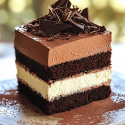 - 4 oz dark chocolate (70% cocoa), chopped - 2 oz milk chocolate, chopped - 2 oz white chocolate, chopped - 1/2 cup unsalted butter - 4 large eggs, separated The heart of this cake is the chocolate. Dark chocolate gives depth. Milk chocolate adds sweetness. White chocolate offers a creamy texture. Each layer brings its own charm. - 1/2 cup granulated sugar, divided - 1 cup heavy whipping cream - 1 teaspoon vanilla extract - Pinch of salt - Cocoa powder (for dusting) - Chocolate shavings (for garnish) Sugar helps to sweeten the mousse. Heavy cream makes it light and fluffy. Vanilla adds warmth, while salt balances the flavors. Dusting cocoa powder on top makes it look fancy. Chocolate shavings are a delightful touch. For the full recipe, check out the complete guide. 1. First, preheat your oven to 350°F (175°C). This step is key for a good bake. 2. Grease an 8-inch round springform pan. Line the bottom with parchment paper. This helps the cake come out easily. 3. In a medium saucepan, melt the dark chocolate and unsalted butter over low heat. Stir until it is smooth. 4. Once melted, remove the saucepan from heat. Let it cool slightly before you mix it with the eggs. 1. In a large bowl, whisk the egg yolks with half of the granulated sugar. This should be light and fluffy. 2. Gradually add the melted chocolate mixture and vanilla extract. Mix until it blends well. 3. In another bowl, beat the egg whites with a pinch of salt. Beat until soft peaks form. 4. Gradually add the remaining sugar while beating the egg whites. Continue until stiff peaks form. 5. Gently fold a third of the whipped egg whites into the chocolate mixture. This lightens the batter. 6. Fold in the remaining egg whites until just combined. Be careful not to overmix. 7. Pour the chocolate batter into your prepared pan. Spread it evenly. 8. Bake for about 25 minutes. The center should be set but still jiggly. 9. Let the cake cool completely in the pan. This helps it firm up. 1. While the cake cools, melt the three types of chocolate separately. Use a double boiler or microwave. Stir until smooth. 2. In a bowl, whip 1/3 cup of heavy cream for each chocolate until soft peaks form. 3. Divide the whipped cream among the melted chocolates. Fold gently until combined. 4. Once the cake is cool, remove it from the pan. Slice it into three even layers. 5. Place the bottom layer back in the springform pan. Spread the dark chocolate mousse over this layer. 6. Add the second cake layer on top, then spread the milk chocolate mousse. 7. Finally, add the last cake layer and top it with white chocolate mousse. 8. Refrigerate for at least 4 hours or overnight to set. Be sure to check the Full Recipe for more details and tips. Enjoy every step! To make the best mousse, start with egg whites. Beat them until soft peaks form. This means they should hold a shape but still be soft. Then, add sugar slowly to create stiff peaks. This gives your mousse a light texture. For cream, whip it until soft peaks form too. It should be fluffy but not too thick. Use a cold bowl and cold beaters for best results. This helps keep the cream from melting. When melting chocolate, use a double boiler or microwave. If using the microwave, melt in short bursts. Stir in between each burst. This helps prevent the chocolate from seizing. Stir until smooth and let it cool slightly before mixing with other ingredients. Presentation makes your cake even more special. Dust the top with cocoa powder for a rich look. Chocolate shavings add a nice touch too. You can make these by using a vegetable peeler on a chocolate bar. When serving, slice the cake with a warm knife. This helps get clean cuts. Serve with fresh berries or a dollop of whipped cream for extra flair. Your guests will love the look and taste of your triple chocolate mousse cake! For more details and guidance, check out the Full Recipe. {{image_2}} You can add coffee or espresso to your mousse. This boosts the rich chocolate taste. Just mix in one tablespoon of espresso powder when blending the chocolate. It adds a nice depth. For a fruity twist, try incorporating fruit purees. You can use raspberry or strawberry puree. Just fold in a half cup of your chosen puree into the mousse. This gives a fresh and vibrant flavor. If you want to make this cake gluten-free, you can swap regular flour with a gluten-free blend. Just ensure it measures the same as all-purpose flour. If you're looking for vegan options, use aquafaba instead of eggs. This is the liquid from canned chickpeas. You can also use coconut cream in place of heavy cream. Both options will keep the mousse creamy and delicious. These variations make the triple chocolate mousse cake fun and adaptable for everyone! For the full recipe, check out the link above. After you enjoy your Triple Chocolate Mousse Cake, store any leftovers in the fridge. Place the cake in an airtight container. If you don’t have one, cover it tightly with plastic wrap. This helps keep the cake moist and fresh. The cake stays good in the fridge for up to three days. Remember to slice off pieces as needed. This way, the rest stays safe from air and drying out. If you want to keep the cake longer, you can freeze it. First, make sure the cake is fully cooled. Then, wrap each slice in plastic wrap tightly. After that, place the slices in a freezer-safe bag or container. This helps keep the texture and flavor intact. When you’re ready to eat, take out a slice and let it thaw in the fridge overnight. Enjoy it as if it were fresh! For the best taste, try to eat frozen slices within a month. Triple chocolate mousse cake combines French and Italian dessert styles. Mousse originated in France, where chefs whipped cream and egg whites to create light and airy textures. The cake adds layers of different chocolate mousses, giving it depth and flavor. This dessert became popular in many kitchens worldwide, especially for special occasions and celebrations. Yes, you can make this cake ahead of time. It tastes even better after chilling overnight. The flavors meld together, and the mousse firms up nicely. You can prepare it a day or two before serving. Just store it in the fridge, covered with plastic wrap. To check if your cake is done, look for a slight jiggle in the center. It should not be liquid, but it can be soft. You can also insert a toothpick into the cake. If it comes out with a few moist crumbs, it is ready. Remember, the cake will continue to cook a little as it cools. Yes, using high-quality chocolate is key. Good chocolate makes a huge difference in taste. It adds rich flavors and smooth textures to the mousse. Look for chocolate with a high cocoa content for the best results. The better the chocolate, the better your cake will taste. For the best outcome, use chocolate you enjoy eating. Make sure to check the [Full Recipe](#) for step-by-step instructions on creating this delightful dessert! Triple chocolate mousse cake combines rich flavors and textures for a delightful treat. We explored key ingredients, from dark chocolate to heavy cream. I shared step-by-step instructions to guide you through baking and assembling your cake. We covered tips for perfecting the mousse and presented ideas to elevate your cake's look. Finally, I discussed variations for dietary needs and storage options. Enjoy creating this delicious dessert, and remember, practice makes perfect! The joy of baking awaits you at every step.