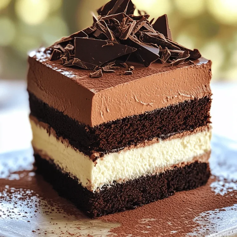 - 4 oz dark chocolate (70% cocoa), chopped - 2 oz milk chocolate, chopped - 2 oz white chocolate, chopped - 1/2 cup unsalted butter - 4 large eggs, separated The heart of this cake is the chocolate. Dark chocolate gives depth. Milk chocolate adds sweetness. White chocolate offers a creamy texture. Each layer brings its own charm. - 1/2 cup granulated sugar, divided - 1 cup heavy whipping cream - 1 teaspoon vanilla extract - Pinch of salt - Cocoa powder (for dusting) - Chocolate shavings (for garnish) Sugar helps to sweeten the mousse. Heavy cream makes it light and fluffy. Vanilla adds warmth, while salt balances the flavors. Dusting cocoa powder on top makes it look fancy. Chocolate shavings are a delightful touch. For the full recipe, check out the complete guide. 1. First, preheat your oven to 350°F (175°C). This step is key for a good bake. 2. Grease an 8-inch round springform pan. Line the bottom with parchment paper. This helps the cake come out easily. 3. In a medium saucepan, melt the dark chocolate and unsalted butter over low heat. Stir until it is smooth. 4. Once melted, remove the saucepan from heat. Let it cool slightly before you mix it with the eggs. 1. In a large bowl, whisk the egg yolks with half of the granulated sugar. This should be light and fluffy. 2. Gradually add the melted chocolate mixture and vanilla extract. Mix until it blends well. 3. In another bowl, beat the egg whites with a pinch of salt. Beat until soft peaks form. 4. Gradually add the remaining sugar while beating the egg whites. Continue until stiff peaks form. 5. Gently fold a third of the whipped egg whites into the chocolate mixture. This lightens the batter. 6. Fold in the remaining egg whites until just combined. Be careful not to overmix. 7. Pour the chocolate batter into your prepared pan. Spread it evenly. 8. Bake for about 25 minutes. The center should be set but still jiggly. 9. Let the cake cool completely in the pan. This helps it firm up. 1. While the cake cools, melt the three types of chocolate separately. Use a double boiler or microwave. Stir until smooth. 2. In a bowl, whip 1/3 cup of heavy cream for each chocolate until soft peaks form. 3. Divide the whipped cream among the melted chocolates. Fold gently until combined. 4. Once the cake is cool, remove it from the pan. Slice it into three even layers. 5. Place the bottom layer back in the springform pan. Spread the dark chocolate mousse over this layer. 6. Add the second cake layer on top, then spread the milk chocolate mousse. 7. Finally, add the last cake layer and top it with white chocolate mousse. 8. Refrigerate for at least 4 hours or overnight to set. Be sure to check the Full Recipe for more details and tips. Enjoy every step! To make the best mousse, start with egg whites. Beat them until soft peaks form. This means they should hold a shape but still be soft. Then, add sugar slowly to create stiff peaks. This gives your mousse a light texture. For cream, whip it until soft peaks form too. It should be fluffy but not too thick. Use a cold bowl and cold beaters for best results. This helps keep the cream from melting. When melting chocolate, use a double boiler or microwave. If using the microwave, melt in short bursts. Stir in between each burst. This helps prevent the chocolate from seizing. Stir until smooth and let it cool slightly before mixing with other ingredients. Presentation makes your cake even more special. Dust the top with cocoa powder for a rich look. Chocolate shavings add a nice touch too. You can make these by using a vegetable peeler on a chocolate bar. When serving, slice the cake with a warm knife. This helps get clean cuts. Serve with fresh berries or a dollop of whipped cream for extra flair. Your guests will love the look and taste of your triple chocolate mousse cake! For more details and guidance, check out the Full Recipe. {{image_2}} You can add coffee or espresso to your mousse. This boosts the rich chocolate taste. Just mix in one tablespoon of espresso powder when blending the chocolate. It adds a nice depth. For a fruity twist, try incorporating fruit purees. You can use raspberry or strawberry puree. Just fold in a half cup of your chosen puree into the mousse. This gives a fresh and vibrant flavor. If you want to make this cake gluten-free, you can swap regular flour with a gluten-free blend. Just ensure it measures the same as all-purpose flour. If you're looking for vegan options, use aquafaba instead of eggs. This is the liquid from canned chickpeas. You can also use coconut cream in place of heavy cream. Both options will keep the mousse creamy and delicious. These variations make the triple chocolate mousse cake fun and adaptable for everyone! For the full recipe, check out the link above. After you enjoy your Triple Chocolate Mousse Cake, store any leftovers in the fridge. Place the cake in an airtight container. If you don’t have one, cover it tightly with plastic wrap. This helps keep the cake moist and fresh. The cake stays good in the fridge for up to three days. Remember to slice off pieces as needed. This way, the rest stays safe from air and drying out. If you want to keep the cake longer, you can freeze it. First, make sure the cake is fully cooled. Then, wrap each slice in plastic wrap tightly. After that, place the slices in a freezer-safe bag or container. This helps keep the texture and flavor intact. When you’re ready to eat, take out a slice and let it thaw in the fridge overnight. Enjoy it as if it were fresh! For the best taste, try to eat frozen slices within a month. Triple chocolate mousse cake combines French and Italian dessert styles. Mousse originated in France, where chefs whipped cream and egg whites to create light and airy textures. The cake adds layers of different chocolate mousses, giving it depth and flavor. This dessert became popular in many kitchens worldwide, especially for special occasions and celebrations. Yes, you can make this cake ahead of time. It tastes even better after chilling overnight. The flavors meld together, and the mousse firms up nicely. You can prepare it a day or two before serving. Just store it in the fridge, covered with plastic wrap. To check if your cake is done, look for a slight jiggle in the center. It should not be liquid, but it can be soft. You can also insert a toothpick into the cake. If it comes out with a few moist crumbs, it is ready. Remember, the cake will continue to cook a little as it cools. Yes, using high-quality chocolate is key. Good chocolate makes a huge difference in taste. It adds rich flavors and smooth textures to the mousse. Look for chocolate with a high cocoa content for the best results. The better the chocolate, the better your cake will taste. For the best outcome, use chocolate you enjoy eating. Make sure to check the [Full Recipe](#) for step-by-step instructions on creating this delightful dessert! Triple chocolate mousse cake combines rich flavors and textures for a delightful treat. We explored key ingredients, from dark chocolate to heavy cream. I shared step-by-step instructions to guide you through baking and assembling your cake. We covered tips for perfecting the mousse and presented ideas to elevate your cake's look. Finally, I discussed variations for dietary needs and storage options. Enjoy creating this delicious dessert, and remember, practice makes perfect! The joy of baking awaits you at every step.