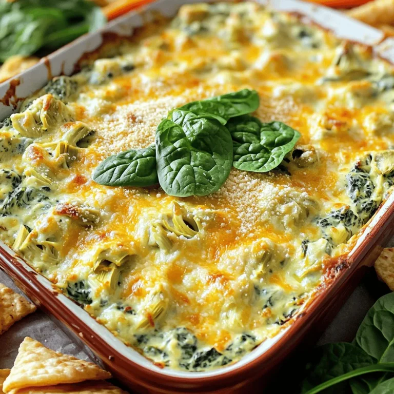 To make this creamy spinach and artichoke dip, gather these simple ingredients: - 1 cup fresh spinach, chopped - 1 cup canned artichoke hearts, drained and chopped - 1 cup cream cheese, softened - ½ cup sour cream - ½ cup mayonnaise - 1 cup shredded mozzarella cheese - ½ cup grated Parmesan cheese - 2 cloves garlic, minced - 1 teaspoon lemon juice - Salt and pepper to taste - ¼ teaspoon red pepper flakes (optional for a kick) These ingredients combine to create a rich and flavorful dip. If you need to swap any ingredients, here are some great options: - Use Greek yogurt instead of sour cream for a tangy taste. - Swap mayonnaise with plain yogurt for a lighter option. - You can use frozen chopped spinach, but make sure to drain it well. - Substitute mozzarella with cheddar cheese for a sharper flavor. - Instead of artichoke hearts, try using roasted red peppers for a different twist. These substitutions keep the dip tasty and fun. Want to make this dip a bit healthier? Here are some ideas: - Use low-fat cream cheese to cut down on calories. - Opt for reduced-fat mozzarella and Parmesan cheese. - Include more veggies like bell peppers or zucchini for added nutrients. - Replace part of the mayonnaise with mashed avocado for creaminess. - Add herbs like spinach or basil for extra flavor without extra calories. These swaps let you enjoy the dip without the guilt. For the full recipe, refer to the [Full Recipe]. Start by preheating your oven to 350°F (175°C). In a large mixing bowl, mix the cream cheese, sour cream, and mayonnaise. Use a spatula or fork to blend them until smooth. Then, add the chopped spinach and artichokes. Next, sprinkle in the mozzarella and Parmesan cheeses, minced garlic, and lemon juice. This gives the dip a fresh taste. After that, season with salt, pepper, and optional red pepper flakes. Stir well until everything is mixed. Transfer the dip mixture into a greased baking dish or an oven-safe skillet. Make sure to smooth the top with a spatula. Place it in the preheated oven and bake for 25 to 30 minutes. Look for the dip to be bubbling and the top to turn golden. This step is important for the best texture and flavor. Once done, take it out of the oven and let it cool slightly. To get the best dip, keep the cream cheese soft. Let it sit at room temperature before you use it. Mixing well helps all ingredients combine seamlessly. If your dip seems too thick, add a little more sour cream or mayonnaise. This will help create a creamy texture. For a fun twist, try adding different cheeses or spices. You can serve it hot with pita chips or veggie sticks. Don’t forget to check the [Full Recipe] for extra details! To make your dip creamier, use full-fat cream cheese. This gives a rich texture. You can also add a bit more sour cream or mayonnaise. A splash of milk can help too. Mix well after each addition. This will ensure everything blends nicely. Store your dip in an airtight container. It will stay fresh in the fridge for up to three days. If you want to save it longer, freeze it. Use a freezer-safe container for this. Just remember to leave some space, as it may expand. Serve this dip hot for the best taste. Pair it with pita chips or toasted bread. Fresh veggie sticks also work well. For a fun twist, add some extra red pepper flakes on top. This gives a nice kick. You can also sprinkle some fresh herbs for color and flavor. For more details, check the Full Recipe. {{image_2}} You can switch up the cheese in this dip. Try using sharp cheddar for a bold taste. A blend of gouda and cream cheese can also add a nice twist. If you want a creamier dip, go for ricotta. Each cheese gives a different flavor. Mix and match to find your favorite! Spices can bring life to your dip. A pinch of cayenne pepper adds heat. You can also try smoked paprika for a smoky touch. For fresh flavor, add chopped herbs like basil or parsley. Experiment with garlic powder or onion powder to enhance the taste. Just remember to start small and taste as you go! If you need gluten-free options, use gluten-free chips or veggies for dipping. For a vegan version, swap cream cheese with a plant-based cream cheese. Use vegan mayo and sour cream too. Nutritional yeast can add a cheesy flavor without dairy. These swaps keep the spirit of the dip while meeting your needs. You can find the full recipe here to get started on this delicious dip! After you enjoy the creamy spinach and artichoke dip, let it cool. Place any leftovers in an airtight container. Store it in the fridge. It will stay fresh for about three to five days. If you want to keep it longer, freezing is a great option. To freeze the dip, first let it cool completely. Then, use a freezer-safe container. You can also use a heavy-duty freezer bag. Make sure to remove as much air as possible. This dip can last up to three months in the freezer. When you're ready to eat it, thaw it in the fridge overnight. To reheat the dip, preheat your oven to 350°F (175°C). Place the dip in an oven-safe dish. Cover it with foil to keep it moist. Heat for about 20 minutes or until warm. You can also microwave it in short bursts. Stir between each burst to heat evenly. Enjoy it warm for the best flavor! For the full recipe, check out the complete guide. You can make this dip healthier by swapping some ingredients. Use Greek yogurt instead of sour cream. It adds creaminess with fewer calories. You can also reduce the cheese amount. A mix of low-fat cream cheese and part-skim mozzarella works well. Adding more fresh spinach boosts nutrition without changing the taste much. Yes, you can use frozen spinach! Just make sure to thaw and drain it well. Frozen spinach has great flavor and is easy to use. It saves prep time and is often cheaper. Use the same amount as fresh spinach in the recipe. This dip pairs well with many tasty options. Consider serving it with: - Pita chips - Toasted baguette slices - Fresh vegetable sticks like carrots and celery - Tortilla chips - Crackers These options let everyone enjoy the creamy spinach and artichoke dip in their own way. For a fun twist, try serving it with some sliced apples for a sweet crunch! For the full recipe, check out the above section. This blog post covered everything you need for a great dip. We looked at ingredients, including swaps and healthier choices. You learned step-by-step instructions for preparation and baking. I shared tips for the best texture and storage methods. Variations let you explore different flavors and dietary needs. Ultimately, whether you’re serving it at a party or just enjoying it at home, following these steps will help you create a tasty dip everyone will love. Dive in and enjoy!