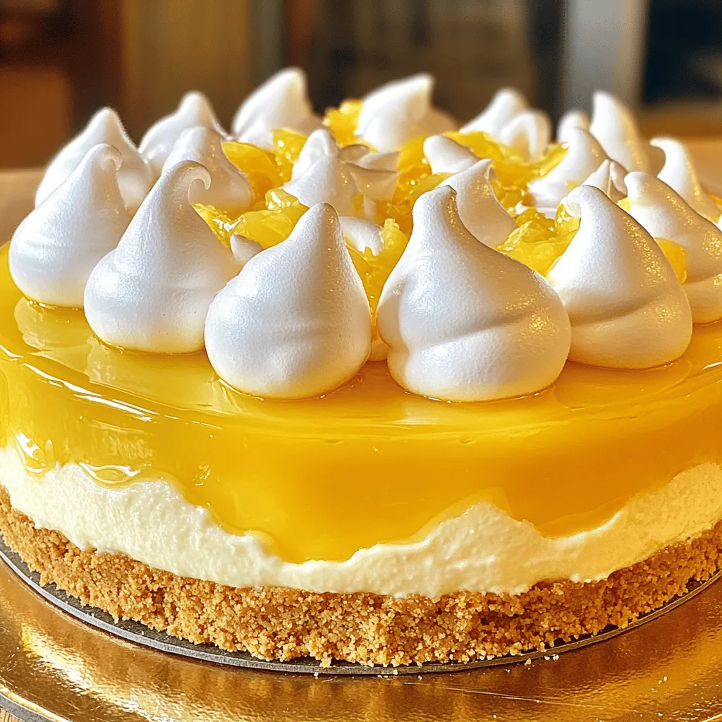 - 1 ½ cups graham cracker crumbs - ½ cup unsalted butter, melted - ¼ cup granulated sugar - 16 oz cream cheese, softened - 1 cup granulated sugar - 3 large eggs - Zest of 2 lemons - ½ cup fresh lemon juice - 1 teaspoon vanilla extract - 3 large egg yolks - ½ cup granulated sugar - ⅓ cup fresh lemon juice - Zest of 1 lemon - 2 tablespoons unsalted butter - 3 large egg whites - ¼ teaspoon cream of tartar - ½ cup granulated sugar - 1 teaspoon vanilla extract Gather these ingredients to make your Triple Lemon Meringue Cheesecake. Each item plays a key role in creating that delightful tangy flavor and creamy texture. The crust gives a nice crunch, while the filling adds rich creaminess. The lemon curd brings a bright, zesty touch, and the meringue tops it off with a sweet cloud-like finish. You can find the full recipe for step-by-step guidance. Enjoy the process of mixing and creating this tasty treat! - Mix 1 ½ cups graham cracker crumbs, ½ cup melted unsalted butter, and ¼ cup sugar in a bowl. - Press this mixture into the bottom of a 9-inch springform pan. - Bake the crust at 350°F (175°C) for 10 minutes. Let it cool completely before adding the filling. - In a large bowl, beat 16 oz of softened cream cheese with 1 cup of sugar until smooth. This takes about 2-3 minutes. - Add 3 large eggs, one at a time, mixing well after each. - Stir in the zest of 2 lemons, ½ cup of fresh lemon juice, and 1 teaspoon of vanilla extract. - Pour this creamy filling over the cooled crust and spread it evenly. Bake for 50-60 minutes until the center is just set. You want a slight jiggle. - In a medium saucepan, whisk together 3 large egg yolks, ½ cup sugar, ⅓ cup lemon juice, and the zest of 1 lemon. - Cook over medium heat, stirring constantly for about 10 minutes, until it thickens and coats the back of a spoon. - Remove from heat and stir in 2 tablespoons of unsalted butter until it melts. Let the lemon curd cool before spreading it over the cheesecake. - In a mixing bowl, beat 3 large egg whites with ¼ teaspoon of cream of tartar on high speed until soft peaks form. - Gradually add ½ cup of sugar, continuing to beat until stiff peaks appear. Mix in 1 teaspoon of vanilla. - Spoon the meringue over the lemon curd, making peaks and swirls with a spatula. - Bake at 350°F (175°C) for 10-12 minutes until the meringue is lightly golden. This Triple Lemon Meringue Cheesecake is a delight. The layers of flavor create a perfect treat. For the full recipe, check the details provided earlier. To get the best texture, use room temperature ingredients. This means letting your cream cheese and eggs sit out for about 30 minutes. Cold items mix poorly, and you could end up with lumps. Cracks in your cheesecake can ruin its look. To prevent this, avoid overmixing your batter. Bake your cheesecake slowly and let it cool in the oven. Keep the door slightly open for about an hour after baking. This gentle cooling helps avoid sudden temperature changes. Lemon curd adds a bright flavor. You can mix in other citrus for a twist. Try lime or orange for a fun change. Just keep the same amount of juice. You might want your curd sweeter or tangier. Adjust the sugar to fit your taste. Start with a little less sugar and add more if needed. The key to good meringue is beating egg whites until stiff peaks form. Start at a low speed, then increase it. This helps air get in slowly and makes a fluffier meringue. If you want to change things up, try different toppings. You can use whipped cream or fresh fruit. These alternatives can give your cheesecake a new look and taste. For the full recipe, check out the detailed instructions above and enjoy making this delightful treat! {{image_2}} You can make your cheesecake unique by adding flavor extracts. Try almond or coconut for a twist. You can also use fruits to boost taste. Fresh berries or tropical fruits add color and zest. If you need a gluten-free option, substitute graham crackers with ground nuts. Almond flour or gluten-free cookies work well. For a crust, use dates and nuts. This gives a sweet and crunchy base. Making mini cheesecakes is a fun option. Use a muffin tin for individual servings. Just adjust the baking time to about 20-25 minutes. Check for a slight jiggle in the center. This way, everyone can enjoy their own slice. To keep your cheesecake fresh, store it in the fridge. Use an airtight container to prevent drying out. It stays tasty for up to five days. Enjoy each slice chilled for the best flavor. You can freeze this cheesecake for later. Wrap it tightly in plastic wrap, then place it in a freezer-safe container. It will last for up to three months. To thaw, move it to the fridge overnight. This way, it stays creamy and delicious. Serve this cheesecake chilled for a refreshing treat. You can slice it into wedges. For a lovely touch, garnish with lemon slices or a sprinkle of lemon zest. Whipped cream can also add a nice flair. Each bite will be a delight! Making this cheesecake takes about five hours. You need 30 minutes for prep, 50 to 60 minutes for baking, and chilling time of at least four hours. It’s best to chill it overnight for perfect texture. Using bottled lemon juice can change the taste. Fresh juice has a bright flavor that bottled juice lacks. It also adds a better texture to the cheesecake. You can use several plant-based options. Silken tofu works well for creaminess. You can also use unsweetened applesauce or mashed bananas. Remember to adjust other ingredients for the best texture. To avoid cracks, bake at a low temperature. If cracks appear, you can hide them with meringue. This will add a nice look and taste. You can also cover with lemon curd for extra flavor. Many bakeries offer this cheesecake. Look for local shops that specialize in desserts. You can also find it online through specialty dessert websites. Always check reviews for quality. You can leave it out for about two hours. After that, it’s best to refrigerate it. Keeping it chilled helps prevent any food safety issues. Always check the temperature before serving for safety. You learned how to make a Triple Lemon Meringue Cheesecake step by step. We covered crust, filling, lemon curd, and meringue. Each part adds flavor and fun. Remember to keep ingredients at room temperature for best texture. As you try different flavors or variations, have fun! Use tips to store and serve it well. Enjoy impressing friends and family with your delicious cheesecake creation!