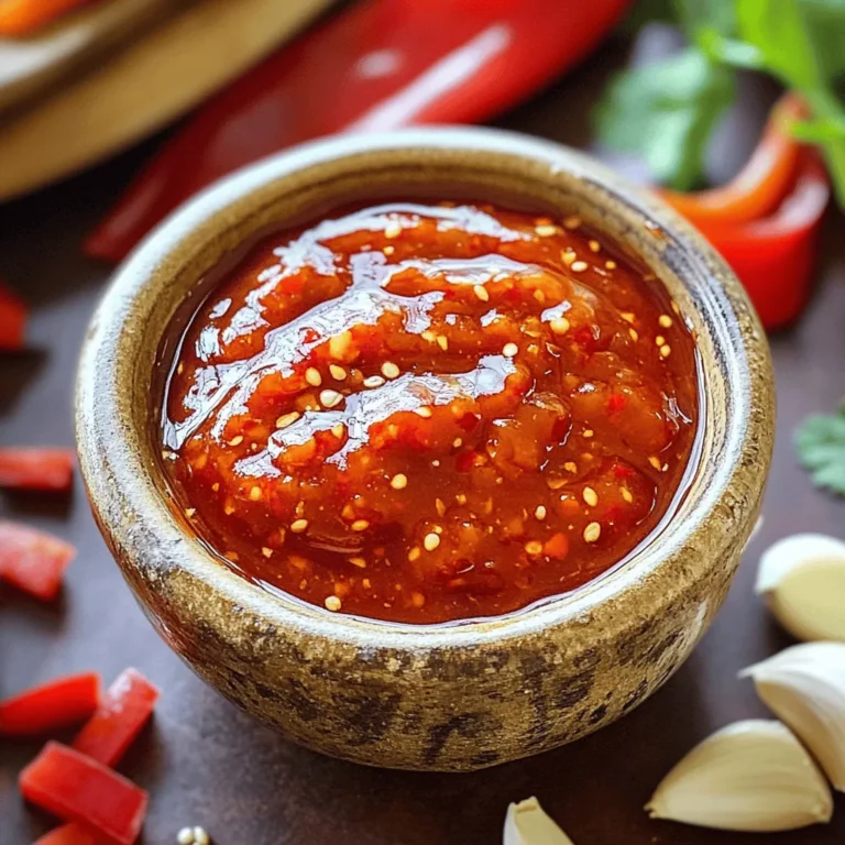 To make a tasty sweet chili sauce, you need the following: - 1 cup of water - 1/2 cup sugar - 1/2 cup rice vinegar - 1 tablespoon cornstarch - 1/2 cup chopped red bell pepper - 2 tablespoons soy sauce - 2-3 tablespoons chili flakes (adjust to taste) - 1 minced garlic clove - 1 teaspoon grated ginger - 1 tablespoon sesame oil Each serving of sweet chili sauce has about: - Calories: 70 - Fat: 0g - Carbohydrates: 17g - Fiber: 0g - Sugar: 15g - Protein: 1g This sauce gives a burst of flavor without adding too many calories. It pairs well with many dishes! When choosing fresh ingredients for your sauce, consider these tips: - Water: Use filtered water for the best taste. - Sugar: Look for granulated sugar. It helps in dissolving quickly. - Rice Vinegar: Choose a clear rice vinegar for a light flavor. - Red Bell Pepper: Pick firm peppers with bright color. They add sweetness. - Soy Sauce: Use low-sodium soy sauce for better control over saltiness. - Chili Flakes: Choose fresh flakes for a stronger flavor. - Garlic: Use fresh garlic for a bold taste. - Ginger: Opt for fresh ginger for a nice zing. - Sesame Oil: Get toasted sesame oil for a nutty aroma. These tips help ensure your sweet chili sauce tastes great! For the full recipe, check the earlier section. To make sweet chili sauce, you need just a few simple steps. Start by gathering your ingredients. Here’s what you’ll need: - 1 cup of water - 1/2 cup sugar - 1/2 cup rice vinegar - 1 tablespoon cornstarch - 1/2 cup chopped red bell pepper - 2 tablespoons soy sauce - 2-3 tablespoons chili flakes (adjust to taste) - 1 minced garlic clove - 1 teaspoon grated ginger - 1 tablespoon sesame oil 1. In a medium saucepan, mix the water, sugar, and rice vinegar. Heat it over medium heat. Stir until the sugar dissolves. 2. In a separate small bowl, mix the cornstarch with a few tablespoons of the warm liquid from the saucepan. This makes a smooth slurry. 3. Slowly whisk the cornstarch slurry back into the saucepan. Keep stirring to thicken the sauce. 4. Add the chopped red bell pepper, soy sauce, chili flakes, minced garlic, grated ginger, and sesame oil. 5. Let the mixture simmer on low heat for 10-15 minutes. This helps the sauce deepen its flavor. 6. When the sauce is thick enough for you, remove it from heat and let it cool. 7. Pour the sauce into a clean bottle or jar. Store it in the fridge for up to 2 weeks. The total time to make sweet chili sauce is about 30 minutes. Here’s the breakdown: - Prep time: 10 minutes - Cooking time: 20 minutes Use medium heat to dissolve the sugar. This helps blend the flavors well. Simmering on low heat is key to thickening the sauce. It also enhances the taste. If your sauce is too thin, try adding more cornstarch. Make a slurry and mix it in while cooking. If it's too sweet, add a bit more vinegar. This balances the flavors. For too much heat, add more sugar or water. Adjusting spice levels is easy once you get the hang of it. Don't be afraid to experiment! To change the spice level in sweet chili sauce, use chili flakes. Start with 2-3 tablespoons, then taste. If you want more heat, add more chili flakes a little at a time. You can also use fresh chilis for a different flavor. For less spice, reduce the chili flakes or remove them completely. Mixing in a bit of honey can balance out the heat too. Thickening your sweet chili sauce is easy. Use cornstarch, as listed in the recipe. Mix it with warm liquid to make a smooth slurry. This helps it blend well into the sauce. Stir it in slowly while cooking to avoid lumps. If the sauce is still thin, let it simmer longer. This will help it thicken naturally. Always check the sauce's thickness before cooling it. Sweet chili sauce is great for many dishes. Serve it as a dip with spring rolls or chicken nuggets. You can drizzle it over grilled meats for a sweet touch. It goes well with roasted vegetables too. Try it in a stir-fry for added flavor. Pair it with rice or noodles for a complete meal. Don't forget to serve it in a small bowl, topped with chili flakes for a fun look. {{image_2}} You can change the flavor of sweet chili sauce by using different ingredients. Here are some ideas: - Pineapple Juice: Swap out some water for pineapple juice. This adds a fruity twist. - Honey: Use honey instead of sugar. It gives a rich sweetness and a nice glaze. - Lime Juice: Add fresh lime juice for a zesty kick. It brightens the sauce nicely. - Hoisin Sauce: Mix in hoisin sauce for a deeper, savory taste. It adds complexity and richness. These swaps let you create your own signature sweet chili sauce. You can use sweet chili sauce in many dishes. It works great as a dip, marinade, or glaze. Here are a few recipes to try: - Grilled Chicken Skewers: Brush it on chicken before grilling. It gives a sweet and spicy flavor. - Stir-Fried Vegetables: Add the sauce to your favorite stir-fry for a tasty finish. - Spring Rolls: Use it as a dip for fresh spring rolls. It adds a perfect balance of sweet and spicy. For the full recipe, refer back to the earlier section. You’ll love how easy it is to make! You can easily make sweet chili sauce vegan and gluten-free. Here’s how: - Soy Sauce: Use tamari instead of regular soy sauce. Tamari is often gluten-free. - Sugar: Ensure the sugar you use is vegan. Most granulated sugars are safe, but check labels. - Cornstarch: This ingredient is naturally gluten-free. It helps thicken your sauce without any issues. These options let everyone enjoy this flavorful sauce without worry. To keep your sweet chili sauce fresh, store it in a clean jar. Make sure the lid is tightly sealed. This prevents air from getting in and keeps the flavor intact. Always use a clean spoon when scooping out sauce. This avoids cross-contamination and extends its life. Homemade sweet chili sauce lasts about two weeks in the fridge. Over time, it may change in color or smell. If you notice mold or an off odor, it’s best to throw it away. A thick layer of separation can also mean it’s time to toss it. If your sauce thickens too much, add a little water or vinegar. Heat it on low until it reaches your desired consistency. You can also use leftover sauce in stir-fries or marinades. It adds a sweet, spicy kick to grilled meats and veggies. Sweet chili sauce is a blend of simple ingredients. It often includes: - Water - Sugar - Rice vinegar - Cornstarch - Red bell pepper - Soy sauce - Chili flakes - Garlic - Ginger - Sesame oil These ingredients create a balance of sweet and spicy flavors. Each adds its own unique taste to the sauce. You can find sweet chili sauce in many places. Look in the condiment aisle at your local grocery store. Asian markets often carry a wide range of brands. You can also shop online for various options. Sweet chili sauce is very versatile. You can use it as a dip, glaze, or marinade. It adds flavor to grilled meats, stir-fries, and roasted vegetables. Feel free to get creative in the kitchen! Homemade sweet chili sauce can last up to two weeks. Store it in a clean jar in the fridge. Always check for changes in color or smell before using. Sweet chili sauce has a mild heat. The level of spice depends on the chili flakes used. You can adjust the spice by adding more or less chili flakes when making the sauce. Enjoy the balance of sweet and spicy! You learned how to make sweet chili sauce from scratch. We covered ingredients, cooking steps, and storage tips. Adjusting spice levels and exploring variations can enhance your sauce. With these tips, you can create a flavorful sauce that suits your taste. Enjoy your sweet chili sauce in many dishes or as a dip. Feel free to experiment and share your results. Your kitchen will become more fun with this tasty recipe!