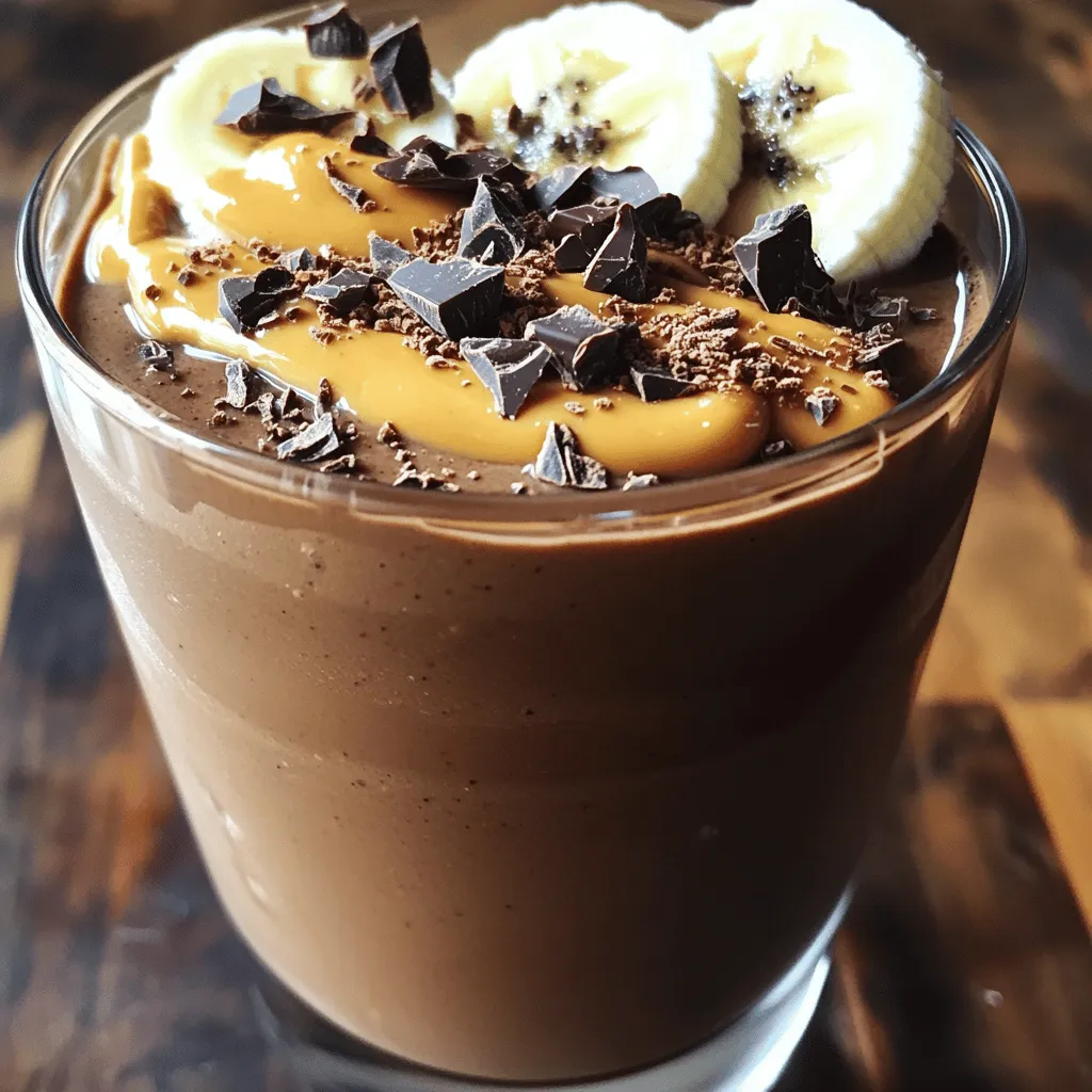 To make a delicious Chocolate Peanut Butter Smoothie, gather these simple ingredients: - 1 frozen banana - 1 tablespoon natural peanut butter - 2 tablespoons unsweetened cocoa powder - 1 cup almond milk (or any milk of choice) - 1 tablespoon honey or maple syrup (adjust for sweetness) - 1/2 teaspoon vanilla extract - A pinch of sea salt - Ice cubes (optional, for a thicker smoothie) Each ingredient plays a key role in flavor and texture. The frozen banana gives a creamy base. Natural peanut butter adds rich taste and protein. Unsweetened cocoa powder brings a deep chocolate flavor. Almond milk keeps it light and smooth. Honey or maple syrup sweetens the mix. Vanilla extract adds warmth, while sea salt enhances all the flavors. Ice cubes can make your smoothie thicker and colder, perfect for a hot day. For the full recipe, check the Chocolate Peanut Butter Bliss Smoothie section. It’s a quick and easy treat! 1. Cutting the frozen banana Start by cutting your frozen banana into smaller chunks. This helps it blend easier and faster. Use a sharp knife for smooth cuts. Aim for pieces about one inch long. 2. Adding ingredients to blender Now, place the banana chunks in your blender. Add one tablespoon of natural peanut butter. Then, add two tablespoons of unsweetened cocoa powder. Pour in one cup of almond milk or any milk you like. Next, add one tablespoon of honey or maple syrup. Don't forget half a teaspoon of vanilla extract and a pinch of sea salt. 3. Blending for desired consistency If you want a thicker drink, toss in a few ice cubes. Blend on high speed until the mix is smooth and creamy. Scrape the sides of the blender as needed. This ensures all ingredients blend well together. 4. Adjusting sweetness Once blended, taste your smoothie. If you want it sweeter, add more honey or maple syrup. Blend again for a few seconds to mix in the extra sweetness. 1. Pouring into a chilled glass After blending, pour your smoothie into a chilled glass. This keeps your drink cold and refreshing. 2. Garnishing options To make it look even better, add a sprinkle of cocoa powder or a drizzle of peanut butter on top. You can also add banana slices or chocolate shavings for a nice touch. Now you have a tasty and rich Chocolate Peanut Butter Smoothie to enjoy! For the full recipe, check the earlier section. To make your smoothie super creamy, start with a frozen banana. It adds thickness and chill. You can also use a high-speed blender. This makes blending easier and smoother. If your blender has speed settings, use the highest one. This helps blend everything well without chunks. For sweetness, I recommend honey or maple syrup. Start with one tablespoon. You can always add more if you like it sweeter. Balance is key! The chocolate and peanut butter flavors should shine through. If it tastes too strong, try adding a little more banana or milk. This brings harmony to the flavors. For the full recipe, check out the Chocolate Peanut Butter Bliss Smoothie. {{image_2}} You can change a few ingredients to suit your taste. If you want a different flavor, try using almond butter or cashew butter instead of peanut butter. Each nut butter adds its own twist. If you are dairy-free, swap almond milk for coconut milk or oat milk. Both options taste great and keep the smoothie rich. Add protein powder if you need a boost. This will make your smoothie filling and nutritious. I like to use chocolate or vanilla protein powder, but you can choose your favorite. Another fun twist is adding greens. Toss in a handful of spinach or kale. You won’t taste them, but they add vitamins. This makes the smoothie even healthier without losing the yummy chocolate flavor. For the complete recipe, check out the [Full Recipe]. If you have leftover smoothie, you can store it in the fridge. Pour it into a sealed jar or container. Make sure to use it within one day. The smoothie may separate, so shake it well before drinking. You can also freeze the leftover smoothie. Pour it into ice cube trays or freezer-safe bags. These cubes are great for smoothies later. Just blend them with some milk or yogurt for a quick treat. To keep bananas fresh, store them at room temperature. Avoid placing them in the fridge until they are ripe. If you want to slow down ripening, keep them away from other fruits. For nut butters, store them in a cool, dark place. You can also refrigerate them for longer shelf life. Make sure the lid is tight to keep air out. This helps maintain flavor and freshness for your peanut butter. How many calories are in a Chocolate Peanut Butter Smoothie? A standard serving has about 300 calories. The exact number can change with your choices. If you add more sweetener or use whole milk, the calories will rise. Can I make this smoothie nut-free? Yes! Just swap peanut butter for sun butter or soy nut butter. These options taste great and keep the creamy texture. What is the best time to drink a smoothie for health benefits? Drinking a smoothie in the morning gives a great energy boost. It's also good as a snack before or after a workout. How do I make this smoothie vegan? To make it vegan, use plant-based milk and maple syrup instead of honey. This keeps the flavor while making it dairy-free. How to make a Chocolate Peanut Butter Smoothie thicker? To thicken your smoothie, add ice cubes or use a frozen banana. You can also blend in a bit of Greek yogurt for extra creaminess. Can I use fresh bananas instead of frozen? Fresh bananas will work, but the smoothie might be less thick. If you use fresh bananas, consider adding more ice to reach your desired texture. This post covered everything about making a tasty Chocolate Peanut Butter Smoothie. We discussed key ingredients like frozen bananas and peanut butter, plus simple steps to blend it all together. I shared tips for achieving the perfect texture and sweetness. You learned about tasty variations and how to store any leftovers. Enjoy your smoothie journey! I hope you try out these ideas and find your favorite mix. Creativity is key in the kitchen, so keep experimenting!