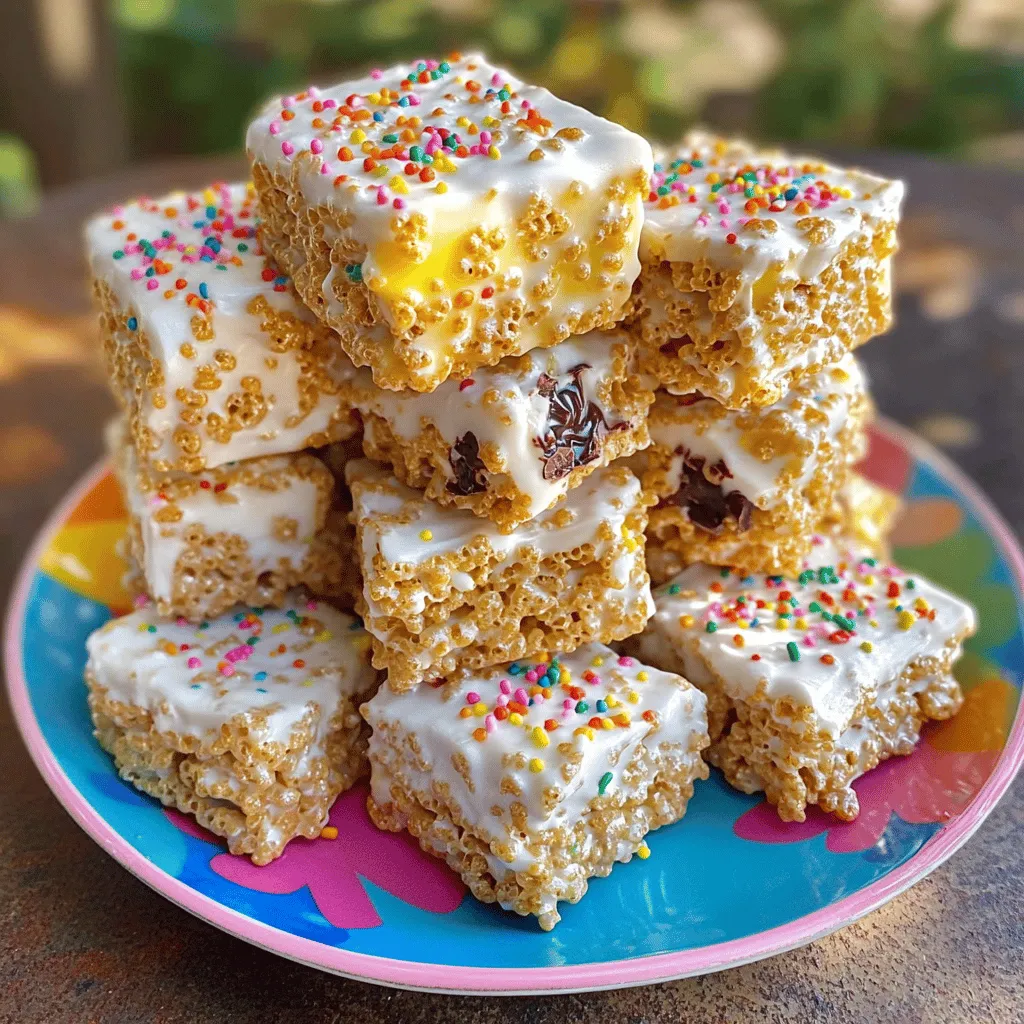 To make chewy Rice Krispies treats, you need some simple ingredients. Here’s what you need: - 6 cups Rice Krispies cereal - 1 package (10 oz) mini marshmallows - 3 tablespoons unsalted butter - 1 teaspoon vanilla extract - ½ teaspoon salt - ½ cup peanut butter (creamy or crunchy) - ½ cup chocolate chips (optional) - ½ cup rainbow sprinkles (optional for a fun twist) Each ingredient plays a key role in making the treats chewy and sweet. The mini marshmallows give the treats their classic gooeyness. Butter adds richness, while peanut butter brings in a nutty flavor. You can play with the flavors in your treats. Here are some fun ideas: - Swap peanut butter for almond butter. - Use flavored marshmallows for a twist. - Add crushed cookies or candies for crunch. - Mix in dried fruit like cranberries or raisins. These options let you create your unique version of this classic treat. Using fresh ingredients makes a big difference in taste. Old marshmallows may not melt well. Stale cereal can make your treats hard. Always check the date on your ingredients before starting. This ensures your treats come out soft and tasty. For the best results, use the full recipe and enjoy the process! To start, gather your ingredients: Rice Krispies cereal, mini marshmallows, butter, peanut butter, vanilla extract, salt, and optional chocolate chips or sprinkles. In a large saucepan, melt 3 tablespoons of butter over low heat. Next, add 10 ounces of mini marshmallows. Stir this mix until it melts and becomes smooth. Remove the pan from heat and mix in ½ cup of peanut butter. Blend everything well. Then, add 1 teaspoon of vanilla extract and ½ teaspoon of salt. Stir until combined. In a large mixing bowl, pour the melted mixture over 6 cups of Rice Krispies cereal. Gently stir until all the cereal gets coated. If using chocolate chips or sprinkles, fold them in now for extra flavor. To get that chewy texture, make sure you don’t overcook the marshmallows. Melt them just until smooth and mix quickly. Press the mixture into the pan firmly, but don’t crush it too much. This keeps the treats soft and chewy. Let them cool at room temperature for about 30 minutes before cutting them into squares. Greasing the pan is key. Use butter or cooking spray to coat a 9x13 inch baking pan. This helps remove the treats easily later. When pressing the mixture down, dampen your hands to prevent sticking. You can also use a spatula for a smooth finish. Press evenly across the pan to ensure all parts are the same thickness. This helps them cool evenly and stay chewy throughout. For more on the complete method, check the Full Recipe. To get your Rice Krispies treats chewy, follow these steps closely. Use fresh mini marshmallows for the best texture. Melt the butter and marshmallows slowly over low heat. Stir constantly to avoid burning. When they are fully melted, add the peanut butter quickly. This step adds creaminess and helps with chewiness. Press the mixture firmly into your pan. This helps it hold together better when cooled. One common mistake is melting the marshmallows too fast. This can lead to a hard texture. Another mistake is not measuring the cereal properly. Too much cereal makes the treats dry. Also, avoid pressing the mixture too hard. If you press too hard, the treats can become dense and tough. Lastly, don't skip the salt. It balances the sweetness and enhances flavor. You can easily change the flavor of your treats. Try adding different types of nut butter, like almond or cashew. You can also mix in flavored extracts, like almond or mint, for a twist. For extra fun, fold in crushed candies or nuts. Use crushed graham crackers for a s'mores version. You can find the full recipe for these delicious treats above. {{image_2}} You can make your chewy Rice Krispies treats even more fun by adding special mix-ins. Try mixing in: - ½ cup of mini chocolate chips - ½ cup of crushed cookies - ½ cup of dried fruit like cranberries or raisins These add-ins not only change the flavor but also give a nice texture. You can also swap peanut butter for almond butter or sun butter for a nut-free option. Change the look and taste of your treats for special days. For Halloween, add orange and black sprinkles. For Christmas, use red and green sprinkles and a dash of peppermint extract. Easter is perfect for pastel-colored sprinkles or even mini egg candies. Each season brings a chance to be creative and make your treats festive. You can lighten up your treats with some simple swaps. Use: - 3 cups of whole grain Rice Krispies for added fiber - 1 cup of mini marshmallows made with natural sweeteners You can also reduce the butter to 2 tablespoons and add mashed bananas for moisture. This way, you still enjoy a delicious treat, but with a healthier twist. For the full recipe, check out the details above! To keep your Chewy Rice Krispies Treats fresh, store them in an airtight container. This helps prevent them from becoming hard. You can stack the squares in the container, but place parchment paper between layers to avoid sticking. Keep them in a cool, dry place. Avoid direct sunlight, as heat can change their texture. To extend the freshness of your treats, try adding a slice of bread to the container. The bread will keep the treats soft. Change the slice every few days to maintain moisture. You can also wrap each square in plastic wrap. This keeps them fresh longer and makes them easy to grab on the go. If you want to save your treats for later, freezing is a great option. Wrap each square tightly in plastic wrap and place them in a freezer bag. Remove as much air as possible before sealing. They can last up to three months in the freezer. When you're ready to eat them, let them thaw at room temperature. You can also warm them in the microwave for a few seconds for that fresh-out-of-the-pan feel. For the complete recipe, check out the Full Recipe. To make your Rice Krispies treats softer, you can add more marshmallows. Use about 11 ounces instead of 10. You can also add a bit more butter. This extra fat keeps them chewy and moist. Mix the marshmallows well with butter until they melt completely. This helps create a smooth mix that coats the cereal well, giving you that soft texture you desire. Yes, you can use different cereals! Try fruity cereals for a fun twist. Cornflakes or Cheerios work too. Just keep the measurements similar to Rice Krispies. It’s a great way to play with flavors and textures. The key is to keep the sticky mixture balanced, so it holds together well. You can find pre-made chewy Rice Krispies treats at most grocery stores. Look in the snack aisle. Some brands offer different flavors, like chocolate or peanut butter. You can also check online retailers for a wide selection. However, making them at home is much more fun and fresh! If you want the full recipe, just follow the steps I shared earlier. In this blog post, I shared how to make chewy Rice Krispies Treats. We covered key ingredients, step-by-step instructions, and tips for maximum chewiness. You learned how to customize your treats and store them properly. Remember, fresh ingredients are vital for the best flavor. Now, with these tips, you can create delicious, fun treats for any occasion. Enjoy experimenting with your own unique twists!