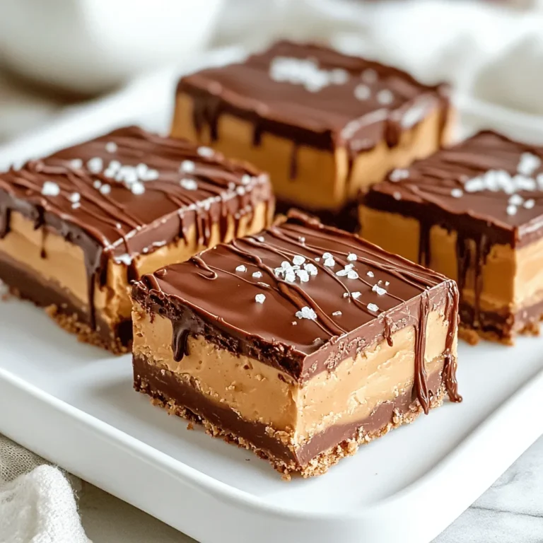 To make these no-bake chocolate peanut butter bars, gather these simple items: - 1 cup creamy peanut butter - 1/2 cup maple syrup - 2 cups rolled oats - 1/2 cup cocoa powder - 1/2 teaspoon vanilla extract - 1/4 teaspoon salt - 1/2 cup dark chocolate chips (dairy-free if desired) - 2 tablespoons coconut oil If you need to change a few ingredients, here are some great swaps: - Use almond butter instead of peanut butter for a different flavor. - Swap maple syrup with agave syrup for a vegan option. - Try quick oats if you want a softer texture. - Use unsweetened carob powder if you want a caffeine-free chocolate taste. - Replace dark chocolate chips with white chocolate for a sweeter treat. These bars are rich and satisfying. Each square has about: - Calories: 180 - Protein: 5g - Fat: 10g - Carbohydrates: 18g - Fiber: 3g - Sugar: 6g These values may change based on your ingredient choices. For the full recipe, check the details above. To start, gather all your ingredients. You will need creamy peanut butter, maple syrup, oats, cocoa powder, vanilla extract, salt, dark chocolate chips, and coconut oil. Measure each item carefully for the best results. This ensures each bar has the right taste and texture. In a large bowl, add the peanut butter and maple syrup first. Stir them together until they are smooth. This step is key for a creamy base. Next, add your oats, cocoa powder, vanilla extract, and salt. Mix everything together well. You want a thick mixture that holds its shape. Once mixed, grease an 8x8-inch dish or line it with parchment paper. This makes it easy to lift out the bars later. Now, transfer the mixture into the dish and press it down firmly. Use a spatula or your hands to create an even layer. In a small saucepan, melt the dark chocolate chips and coconut oil over low heat. Stir often until it’s smooth and glossy. This step adds a rich flavor to your bars. Once melted, pour the chocolate over the pressed peanut butter mixture. Use a spatula to spread it evenly over the top. Place the dish in the fridge for about 2-3 hours. This helps the bars set up nicely. After they are firm, cut them into squares. Now you have a delightful treat ready to enjoy! For the full recipe, check the earlier section. To get the best texture, use creamy peanut butter. Chunky peanut butter can make the bars crumbly. The oats should be rolled oats, not instant. They help to bind the mixture. After mixing, the mixture should be thick and sticky. If it feels too dry, add a bit more maple syrup. Press the mixture firmly into the dish. This helps the bars hold together well when cut. These bars shine when served cold. After chilling, cut them into squares. You can drizzle more melted chocolate on top for flair. A sprinkle of sea salt adds a nice touch. For fun, place them in cute boxes. They make great gifts for friends and family. You can also pair these bars with fresh fruit or a scoop of ice cream. One common mistake is not pressing the mixture firmly enough. If you don’t, the bars may fall apart. Another mistake is using the wrong type of chocolate. Always choose good quality chocolate chips for the best taste. Make sure to melt chocolate slowly. If you heat it too fast, it can burn. Lastly, don’t skip on chilling time. They need time to set properly. For the full recipe, check out the [Full Recipe]. {{image_2}} You can change the taste of your no-bake chocolate peanut butter bars easily. Try adding different flavors. For a fruity twist, mix in dried cherries or cranberries. They add a nice chew and sweetness. You could also add a pinch of cinnamon for warmth. If you love coconut, sprinkle shredded coconut on top before the chocolate sets. This will give your bars a tropical feel. Making these bars fit your diet is simple. To make them vegan, swap the honey for maple syrup. Use dairy-free chocolate chips to keep it vegan. For a gluten-free option, ensure you use certified gluten-free oats. This way, everyone can enjoy these tasty treats without worry. Want to make your bars even better? Add a layer of crunch by mixing in chopped nuts like almonds or walnuts. This will give your bars a great texture. For a richer taste, try adding a spoonful of nut butter on top of the chocolate layer. This adds depth and flavor. You can also drizzle extra melted chocolate on top before serving for a fancy touch. For the full recipe, check the details above. To store your no-bake chocolate peanut butter bars, wrap them tightly. Use plastic wrap or foil to keep air out. Place them in an airtight container. This will keep them fresh and tasty. Store them in the refrigerator for the best results. The cool air helps keep them firm and prevents melting. You can freeze these bars if you want to save some for later. First, cut them into squares. Then, wrap each piece in plastic wrap. Place the wrapped pieces in a freezer bag or container. Be sure to label the bag with the date. They will last well in the freezer for about three months. When you want one, just take it out and let it thaw in the fridge. When stored in the fridge, the bars last for about one week. They stay fresh and delicious if kept sealed. If frozen, they will taste great for up to three months. After that, they may lose some flavor and texture. Enjoy these tasty treats anytime! For the full recipe, check the earlier section. Yes, you can use other nut butters. Almond butter or cashew butter work well. These options add their own flavor. Just make sure they are creamy and smooth. This keeps the texture nice. The bars will still taste great, even with a different nut butter. The bars are set when they feel firm to the touch. After chilling in the fridge, check their texture. If they hold their shape and don't feel sticky, they are ready. Usually, it takes about 2-3 hours for them to set fully. If you are unsure, wait a bit longer for peace of mind. Yes, honey can replace maple syrup in this recipe. The bars will still be sweet and tasty. Keep in mind that honey may change the flavor slightly. It will still work well, so don’t worry if you have honey on hand. Enjoy the sweet swap! This blog post covered all you need for no-bake bars. We explored ingredients, proper prep, and mixing methods. You learned tips for perfect texture and serving ideas, plus variations for different diets. We also discussed storage and answered common questions. Now, you can create delicious no-bake bars with ease. Remember to have fun and experiment with flavors. Enjoy your tasty treats!