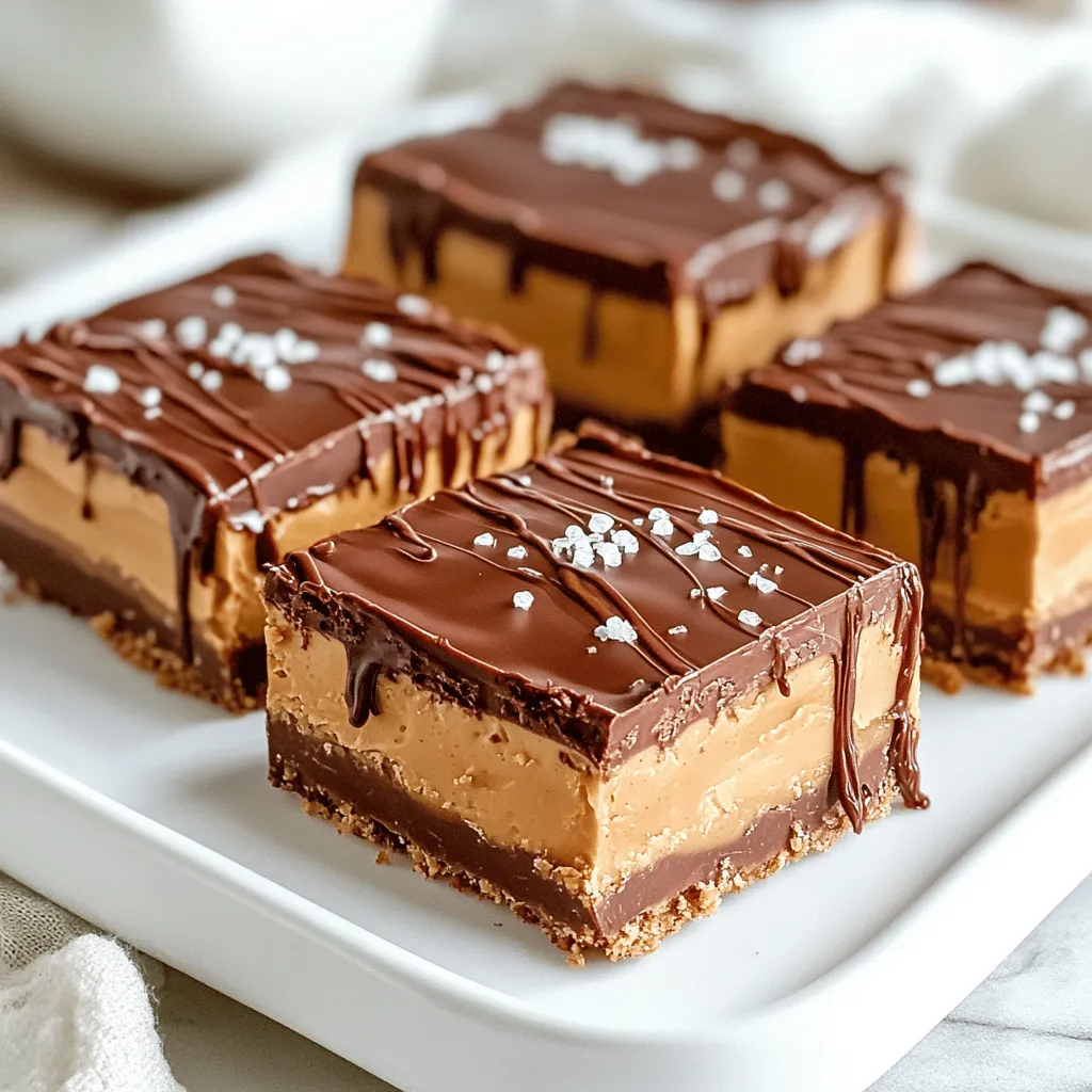 To make these no-bake chocolate peanut butter bars, gather these simple items: - 1 cup creamy peanut butter - 1/2 cup maple syrup - 2 cups rolled oats - 1/2 cup cocoa powder - 1/2 teaspoon vanilla extract - 1/4 teaspoon salt - 1/2 cup dark chocolate chips (dairy-free if desired) - 2 tablespoons coconut oil If you need to change a few ingredients, here are some great swaps: - Use almond butter instead of peanut butter for a different flavor. - Swap maple syrup with agave syrup for a vegan option. - Try quick oats if you want a softer texture. - Use unsweetened carob powder if you want a caffeine-free chocolate taste. - Replace dark chocolate chips with white chocolate for a sweeter treat. These bars are rich and satisfying. Each square has about: - Calories: 180 - Protein: 5g - Fat: 10g - Carbohydrates: 18g - Fiber: 3g - Sugar: 6g These values may change based on your ingredient choices. For the full recipe, check the details above. To start, gather all your ingredients. You will need creamy peanut butter, maple syrup, oats, cocoa powder, vanilla extract, salt, dark chocolate chips, and coconut oil. Measure each item carefully for the best results. This ensures each bar has the right taste and texture. In a large bowl, add the peanut butter and maple syrup first. Stir them together until they are smooth. This step is key for a creamy base. Next, add your oats, cocoa powder, vanilla extract, and salt. Mix everything together well. You want a thick mixture that holds its shape. Once mixed, grease an 8x8-inch dish or line it with parchment paper. This makes it easy to lift out the bars later. Now, transfer the mixture into the dish and press it down firmly. Use a spatula or your hands to create an even layer. In a small saucepan, melt the dark chocolate chips and coconut oil over low heat. Stir often until it’s smooth and glossy. This step adds a rich flavor to your bars. Once melted, pour the chocolate over the pressed peanut butter mixture. Use a spatula to spread it evenly over the top. Place the dish in the fridge for about 2-3 hours. This helps the bars set up nicely. After they are firm, cut them into squares. Now you have a delightful treat ready to enjoy! For the full recipe, check the earlier section. To get the best texture, use creamy peanut butter. Chunky peanut butter can make the bars crumbly. The oats should be rolled oats, not instant. They help to bind the mixture. After mixing, the mixture should be thick and sticky. If it feels too dry, add a bit more maple syrup. Press the mixture firmly into the dish. This helps the bars hold together well when cut. These bars shine when served cold. After chilling, cut them into squares. You can drizzle more melted chocolate on top for flair. A sprinkle of sea salt adds a nice touch. For fun, place them in cute boxes. They make great gifts for friends and family. You can also pair these bars with fresh fruit or a scoop of ice cream. One common mistake is not pressing the mixture firmly enough. If you don’t, the bars may fall apart. Another mistake is using the wrong type of chocolate. Always choose good quality chocolate chips for the best taste. Make sure to melt chocolate slowly. If you heat it too fast, it can burn. Lastly, don’t skip on chilling time. They need time to set properly. For the full recipe, check out the [Full Recipe]. {{image_2}} You can change the taste of your no-bake chocolate peanut butter bars easily. Try adding different flavors. For a fruity twist, mix in dried cherries or cranberries. They add a nice chew and sweetness. You could also add a pinch of cinnamon for warmth. If you love coconut, sprinkle shredded coconut on top before the chocolate sets. This will give your bars a tropical feel. Making these bars fit your diet is simple. To make them vegan, swap the honey for maple syrup. Use dairy-free chocolate chips to keep it vegan. For a gluten-free option, ensure you use certified gluten-free oats. This way, everyone can enjoy these tasty treats without worry. Want to make your bars even better? Add a layer of crunch by mixing in chopped nuts like almonds or walnuts. This will give your bars a great texture. For a richer taste, try adding a spoonful of nut butter on top of the chocolate layer. This adds depth and flavor. You can also drizzle extra melted chocolate on top before serving for a fancy touch. For the full recipe, check the details above. To store your no-bake chocolate peanut butter bars, wrap them tightly. Use plastic wrap or foil to keep air out. Place them in an airtight container. This will keep them fresh and tasty. Store them in the refrigerator for the best results. The cool air helps keep them firm and prevents melting. You can freeze these bars if you want to save some for later. First, cut them into squares. Then, wrap each piece in plastic wrap. Place the wrapped pieces in a freezer bag or container. Be sure to label the bag with the date. They will last well in the freezer for about three months. When you want one, just take it out and let it thaw in the fridge. When stored in the fridge, the bars last for about one week. They stay fresh and delicious if kept sealed. If frozen, they will taste great for up to three months. After that, they may lose some flavor and texture. Enjoy these tasty treats anytime! For the full recipe, check the earlier section. Yes, you can use other nut butters. Almond butter or cashew butter work well. These options add their own flavor. Just make sure they are creamy and smooth. This keeps the texture nice. The bars will still taste great, even with a different nut butter. The bars are set when they feel firm to the touch. After chilling in the fridge, check their texture. If they hold their shape and don't feel sticky, they are ready. Usually, it takes about 2-3 hours for them to set fully. If you are unsure, wait a bit longer for peace of mind. Yes, honey can replace maple syrup in this recipe. The bars will still be sweet and tasty. Keep in mind that honey may change the flavor slightly. It will still work well, so don’t worry if you have honey on hand. Enjoy the sweet swap! This blog post covered all you need for no-bake bars. We explored ingredients, proper prep, and mixing methods. You learned tips for perfect texture and serving ideas, plus variations for different diets. We also discussed storage and answered common questions. Now, you can create delicious no-bake bars with ease. Remember to have fun and experiment with flavors. Enjoy your tasty treats!