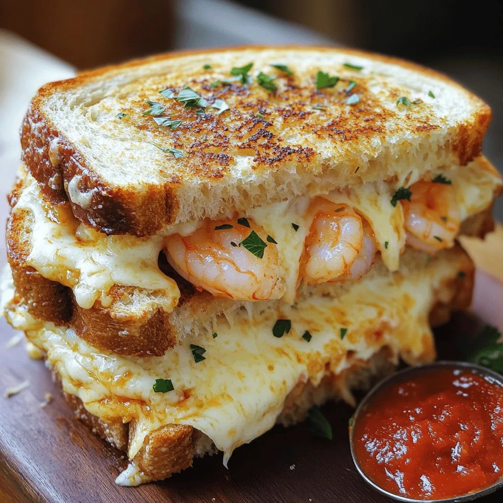 To make Cheesy Garlic Bread Shrimp Grilled Cheese, gather the following ingredients: - 2 slices of thick-cut sourdough bread - 3 tablespoons butter, softened - 2 cloves garlic, minced - 1 teaspoon garlic powder - 1/2 teaspoon dried Italian herbs (oregano, basil) - 1 cup cooked shrimp, peeled and deveined - 1/2 cup shredded mozzarella cheese - 1/4 cup grated Parmesan cheese - Salt and pepper to taste - Fresh parsley, chopped (for garnish) These ingredients work together to create a rich and tasty sandwich. The sourdough bread gives a great base with its chewy texture. The garlic butter adds strong flavors. The shrimp brings a nice protein punch. Finally, the melted cheeses make it all creamy and delicious. If you want to elevate your dish, consider using fresh herbs or a variety of cheeses. Each choice can change the flavor and make your grilled cheese unique. For the full recipe, refer to the section above. To start, I mix butter, minced garlic, garlic powder, and dried herbs in a bowl. I add a pinch of salt and pepper to taste. This mixture is my garlic spread. It brings great flavor to the bread. Next, I take my thick-cut sourdough bread. I spread a generous layer of garlic butter on one side of each slice. This step is key to making the bread crispy and full of flavor. On the unbuttered side of one slice, I layer my cooked shrimp evenly. I make sure to cover the entire slice. Then, I sprinkle shredded mozzarella and grated Parmesan cheese over the shrimp. This mix creates a delicious, cheesy center. Now, I place the other slice of bread on top, buttered side up. This completes my sandwich. It’s important to make sure the buttered sides face out for the best grilling. I heat a skillet over medium heat. Then, I carefully place the sandwich in the skillet. I cook it for about 4-5 minutes until the bread is golden brown. I keep an eye on it to avoid burning. Once golden, I flip the sandwich and grill the other side for another 4-5 minutes. When done, I remove it from the skillet. I let it cool for a minute and then cut it in half diagonally. For a nice touch, I sprinkle chopped fresh parsley on top. Serve this sandwich on a wooden board with marinara sauce for dipping. The flavors are sure to impress! For the full recipe, check out the detailed instructions above. - Use thick bread: Thick-cut sourdough holds up well. It gives a nice crunch. - Low heat: Cook on medium heat. This will melt the cheese without burning the bread. - Press down gently: Use a spatula to press the sandwich. This helps the cheese melt evenly. - Fresh shrimp: Use fresh, peeled, and deveined shrimp for best taste. - Frozen shrimp: If fresh is not available, frozen shrimp work well too. Just thaw them first. - Seasoned shrimp: Try marinated or seasoned shrimp for extra flavor. - Add herbs: Mix in fresh herbs like basil or parsley for a fresh taste. - Add cheese: Blend in some grated Parmesan into the garlic spread for richness. - Spice it up: A pinch of red pepper flakes adds a nice kick to the spread. For the complete recipe, check the Full Recipe section. {{image_2}} You can switch up the cheeses to match your taste. Try using sharp cheddar for a bold flavor. Provolone adds a nice melt and a bit of tang. If you love blue cheese, it gives a rich taste that pairs well with shrimp. Cream cheese can add a creamy texture, too. Each cheese brings a new twist to the sandwich. Boost the taste by adding veggies. Spinach adds freshness and a pop of color. Sautéed mushrooms bring an earthy flavor that pairs well with shrimp. Bell peppers can add crunch and sweetness. You might also try red onions for a bit of zing. These veggies not only add flavor but also make the sandwich healthier. If you like heat, try adding jalapeños. Slice them thin for a spicy kick. You can mix them right into the cheese for an even spread of heat. If you want more spice, try pickled jalapeños. They add a tangy flavor that complements the shrimp. This spicy twist can turn your sandwich into a fiery delight. To store your Cheesy Garlic Bread Shrimp Grilled Cheese, let it cool first. Place any leftover sandwich in an airtight container. This will keep it fresh. Make sure to store it in the fridge. Use it within 2 days for the best taste. To reheat, you can use a skillet. Heat it over medium-low heat. Place your sandwich in the skillet without any oil. Cook for about 3-4 minutes on each side. This helps the bread crisp up while warming the shrimp and cheese. You can also use a microwave. Just heat it for 30 seconds. Check if it's warm enough. If not, heat it more in 15-second bursts. If you want to freeze your sandwich, wrap it tightly in foil or plastic wrap. Then, place it in a freezer-safe bag. This can keep it good for up to 2 months. When you're ready to eat, thaw it in the fridge overnight. Reheat it in the skillet as mentioned above. This will keep the flavors and texture delicious. You can tell the sandwich is ready when both sides are golden brown. The cheese should be melted and gooey. About 4-5 minutes on each side works well. If the bread is crisp and the cheese is bubbly, it's perfect! Yes, you can use frozen shrimp! Just thaw them first. Rinse the shrimp under cold water until they are no longer icy. Cooked shrimp works best for this recipe, so make sure they are pre-cooked. This sandwich pairs well with a side of marinara sauce for dipping. You can also serve it with a fresh salad or some crispy fries. A light soup, like tomato, can complement the meal too. Yes, this dish is great for meal prep. You can make the garlic spread and store it in the fridge for up to a week. Just assemble the sandwich when you're ready to eat. Grilling it fresh makes the best flavor. While sourdough is tasty, you can use other types of bread. Try ciabatta, French bread, or even whole grain. Each bread brings a unique flavor and texture to your sandwich. Choose what you like best! This grilled cheese sandwich combines savory shrimp and cheese with garlic flavor. We covered the ingredients, step-by-step prep, cooking tips, and tasty variations. You can even add veggies or spice it up! Remember to store leftovers properly and reheat for best taste. This dish is perfect for meal prep and pairs well with many sides. Enjoy making your own Cheesy Garlic Bread Shrimp Grilled Cheese!