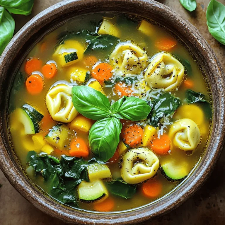 To make a veggie-loaded tortellini soup, gather these fresh and pantry-stable ingredients: - 1 tablespoon olive oil - 1 medium onion, diced - 3 cloves garlic, minced - 2 medium carrots, diced - 2 stalks celery, diced - 1 zucchini, diced - 1 bell pepper (any color), diced - 1 cup cherry tomatoes, halved - 4 cups vegetable broth - 12 ounces fresh or frozen cheese tortellini - 1 teaspoon dried Italian herbs (oregano, basil, thyme) - Salt and pepper to taste - 2 cups fresh spinach - 1 tablespoon lemon juice - Grated Parmesan cheese for serving (optional) You can swap out some ingredients for what you have on hand. For instance, use frozen vegetables if fresh ones aren't available. You can also switch the tortellini type. Use meat-filled, vegan, or gluten-free versions based on your needs. To make this soup, you will need a few essential kitchen tools: - Large pot or Dutch oven - Sharp knife for chopping - Cutting board - Ladle for serving - Measuring cups and spoons For cooking, a 6-quart pot is ideal. It gives you enough space for the soup to simmer. A larger pot helps prevent spills and allows for easy stirring. If you enjoy cooking, consider a high-quality pot for even heat distribution. This will enhance your overall soup-making experience. For the full recipe, check out the complete guide that details each step! To make veggie-loaded tortellini soup, you will cook the veggies first. Then, add the broth and tortellini. Finally, mix in the spinach and seasonings. It’s a simple process that gives big flavor. This soup is perfect for any day. Step 1: Heat the olive oil and sauté onion Start by heating the olive oil in a large pot over medium heat. Once hot, add the diced onion. Cook it for 3 to 4 minutes until it’s soft and clear. This step builds the base flavor for your soup. Step 2: Add garlic and other vegetables Next, stir in the minced garlic. Cook it for about 1 minute until fragrant. Then, add the diced carrots and celery. Cook these for 5 minutes to soften them. After that, toss in the zucchini, bell pepper, and halved cherry tomatoes. Cook everything for 3 to 4 minutes, stirring often. Step 3: Incorporate broth and tortellini Pour in 4 cups of vegetable broth and bring it to a boil. Once boiling, reduce the heat to a simmer. Add the tortellini next. Cook according to the package instructions, usually about 5 to 7 minutes. This step makes the tortellini tender and hearty. After the tortellini cooks, stir in the dried Italian herbs, salt, and pepper to taste. Now, gently fold in 2 cups of fresh spinach and let it wilt for about 2 minutes. This adds nutrition and color. Lastly, finish your soup with a squeeze of lemon juice and stir well. For the best results, serve the soup hot and top with grated Parmesan cheese. Enjoy your veggie-loaded tortellini soup! For a full recipe, check the full recipe section. To cook your veggies just right, timing is key. Start with the onion and garlic. Cook them for about 4 minutes. This softens them and brings out their flavor. Next, add the carrots and celery. Let them cook for about 5 minutes. These need a bit more time to soften. After that, toss in zucchini, bell pepper, and cherry tomatoes. Cook them for 3 to 4 minutes. This will keep their crunch and color. When it comes to tortellini, you want to avoid overcooking. Follow the package instructions closely. Most fresh tortellini cooks in about 5 to 7 minutes. Check a piece to see if it’s tender. Remember, it will keep cooking in the hot soup after you turn off the heat. For sides, consider crusty bread or a fresh salad. Garlic bread pairs well and adds a great crunch. A simple green salad with a light vinaigrette complements the soup's flavors. Store any leftover soup in an airtight container. It will last in the fridge for about 3 days. To reheat, just warm it on the stove or in the microwave. Add a splash of broth if it thickens too much. You can easily add more veggies or protein to your soup. Try adding kale or broccoli for extra nutrients. You could also mix in some cooked chicken, beans, or lentils for a protein boost. If you want healthier alternatives, swap cheese tortellini for whole grain or veggie tortellini. Use low-sodium broth to cut down on salt. Fresh herbs can add flavor without adding calories. For the full recipe, check the detailed instructions to create your veggie-loaded tortellini soup. {{image_2}} You can change the tortellini type to suit your taste. Try meat tortellini for extra flavor. If you want a lighter option, use vegan tortellini. This soup is perfect for seasonal veggies. In summer, add fresh corn or green beans. In fall, try butternut squash or pumpkin. Get creative and use what you have on hand. Spices can make a big difference in flavor. Add red pepper flakes for heat if you like spice. You can also try smoked paprika for a unique taste. Different broths can change the soup's profile. Use chicken broth for more richness or mushroom broth for an earthy flavor. Experiment until you find your favorite mix. Making this soup gluten-free is easy. Simply use gluten-free tortellini. For a dairy-free option, skip the cheese or use a plant-based cheese. You can also add coconut milk for creaminess. For a vegan version, use vegetable broth and plant-based tortellini. This way, everyone can enjoy a warm bowl of goodness. For the full recipe, check out the earlier section. Store leftover veggie-loaded tortellini soup in an airtight container. This keeps it fresh and tasty. Let the soup cool down before sealing. It will last in the fridge for about 3 to 4 days. If you see any mold or smell something off, it's best to throw it away. To freeze the soup, first let it cool completely. Then, pour it into freezer-safe bags or containers. Leave some space at the top for expansion. When ready to eat, move the soup to the fridge overnight to thaw. You can also reheat it straight from the freezer. Just warm it on low heat. To maintain the soup's texture, avoid freezing it with fresh spinach. Add spinach when you reheat it for the best taste. This method keeps the flavors bright and fresh. You can find the full recipe for veggie-loaded tortellini soup above. What can I substitute for tortellini? You can use other pasta types if you don't have tortellini. Try shells, bow ties, or even small macaroni. These shapes hold sauce well and cook similarly. If you want a low-carb option, use zucchini noodles or cauliflower rice. Both add great taste and texture. Can I use frozen vegetables instead of fresh? Yes, frozen vegetables work well in this soup. They save time and still taste great. Just toss them in when you add the broth. They cook quickly and are convenient. Look for blends that include carrots, peas, and corn for added flavor. How do I know when the tortellini is done? Check the package instructions to know the cooking time. Usually, tortellini takes about 5-7 minutes. They are done when they float to the top of the soup. A quick taste test can help too. They should be tender but not mushy. Can I make this soup in a slow cooker? Absolutely! To make it in a slow cooker, start by sautéing the onion and garlic. Then, add all other ingredients, except the tortellini and spinach. Cook on low for 6-8 hours. Add the tortellini and spinach in the last 30 minutes. This gives you a warm and hearty meal. What to serve with veggie-loaded tortellini soup? Pair this soup with crusty bread or a fresh salad. Garlic bread is a favorite too. It adds crunch and flavor to each bite. You can also serve it with a sprinkle of Parmesan cheese on top for extra taste. Can I make this soup ahead of time? Yes, this soup stores well. Make it a day or two in advance. Store it in an airtight container in the fridge. Just be aware that the pasta may soak up some broth. You may need to add a splash of water or broth when reheating. Check out the full recipe for more tips! In this blog post, we explored how to make a delicious veggie-loaded tortellini soup. We broke down essential ingredients, including fresh and pantry staples, and noted smart substitutions. You learned the recommended tools and step-by-step cooking instructions for perfect results. I shared tips for enhancing flavor and nutrition, plus storage advice for leftovers. Keep experimenting with different ingredients and flavors. Enjoy the process and make this soup your own!