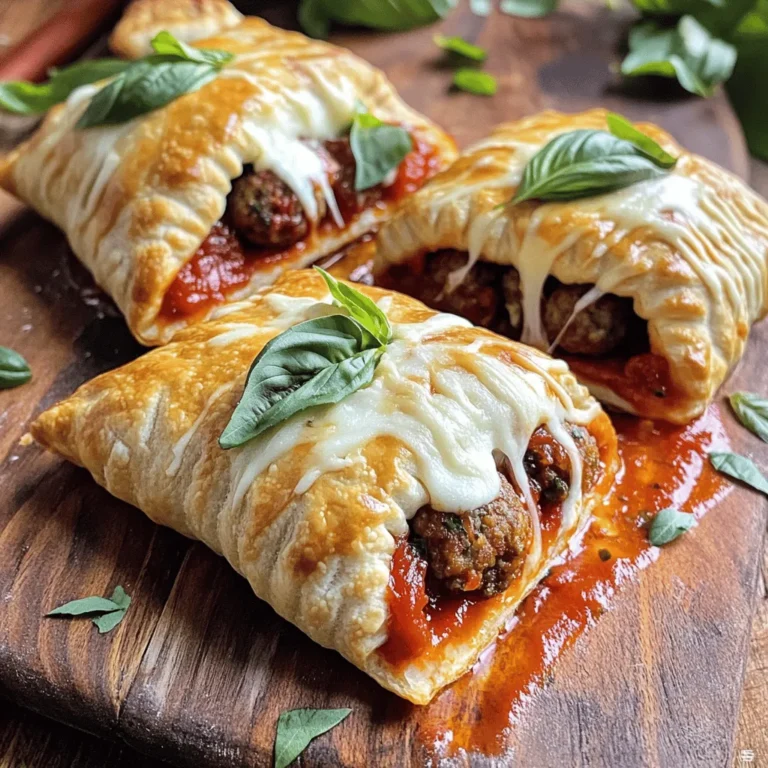 To make these hot pockets, you will need: - 1 batch of homemade or store-bought vegan meatballs (or 1 cup lentils, cooked and mashed) - 1 cup vegan mozzarella cheese, shredded - 1 cup marinara sauce - 2 cups all-purpose flour - 1 teaspoon baking powder - ½ teaspoon salt - ¾ cup plant-based milk (almond or soy) - 2 tablespoons olive oil - 1 teaspoon Italian seasoning - Fresh basil leaves for garnish (optional) These ingredients come together to create a warm and tasty meal. The dough gives a soft bite, while the filling brings a burst of flavor. I love using brands that focus on quality and taste. For vegan meatballs, I recommend Beyond Meat or Gardein. Both options offer great flavor and texture. For mozzarella, Daiya and Miyoko's Creamery provide creamy, meltable cheese that works perfectly in this recipe. These brands are widely available, making them easy to find. While the main ingredients shine, you can add even more flair. Consider including: - Chopped garlic for a stronger flavor - Red pepper flakes for a kick of heat - Fresh spinach for added nutrients and color - Nutritional yeast for a cheesy taste without the dairy These optional ingredients can transform your hot pockets into a unique dish. Feel free to mix and match to find your favorite flavor combinations. For the complete cooking steps, check out the Full Recipe. Start by mixing your flour, baking powder, and salt in a large bowl. Make sure to combine them well. Next, slowly add in the plant-based milk and olive oil. Stir until a soft dough forms. Once it’s mixed, lightly flour a clean surface. Knead your dough for about five minutes. You want it to be smooth and elastic. After kneading, cover the dough with a kitchen towel. Let it rest for 15 minutes to relax the gluten. After the dough has rested, divide it into four or six equal pieces. Roll each piece into a circle, about six inches wide. This will be the base for your hot pockets. On one half of each circle, place a few vegan meatballs, a spoonful of marinara sauce, and a sprinkle of vegan mozzarella cheese. Make sure not to overfill them. Fold the other half over the filling. Use a fork to crimp the edges and seal them tight. Preheat your oven to 375°F (190°C) while you shape the hot pockets. Line a baking sheet with parchment paper. Place the filled hot pockets on the sheet. Bake for 20 to 25 minutes, or until they turn golden brown. When they are done, take them out and let them cool slightly. Serve warm with extra marinara sauce for dipping. If you like, garnish with fresh basil leaves for a pop of color and flavor. This dish is perfect for sharing or enjoying on your own. Check out the Full Recipe for more details! To make soft and flaky dough, use fresh flour. Mix it well with baking powder and salt. Gradually add plant-based milk and olive oil. This step helps create a smooth texture. Knead the dough on a floured surface for about five minutes. Let the dough rest for at least 15 minutes. Resting allows the gluten to relax, giving you a better dough. To prevent filling from leaking, don’t overfill each pocket. A spoonful of marinara and a few meatballs work best. Make sure to seal the edges tightly. Using a fork to crimp the edges creates a strong seal. If you notice any gaps, press the edges more firmly. This helps keep all the goodness inside. Adding seasonings can make a big difference. Italian seasoning adds a nice depth to the filling. You can also sprinkle a little garlic powder for extra flavor. Consider using fresh herbs like basil or parsley. These give a fresh taste and aroma. Feel free to experiment with your favorite spices. A pinch of red pepper flakes adds a kick if you like some heat. {{image_2}} To make gluten-free hot pockets, use a gluten-free flour blend. You can find these at most grocery stores. Mix the gluten-free flour with the baking powder and salt. Substitute plant-based milk with a similar amount of water or plant yogurt. This will help keep the dough moist and tasty. Knead the dough like regular dough but be gentle. Gluten-free dough can be more fragile, so handle it with care. If you want to change up the protein in your hot pockets, try different options. You can use cooked lentils, chickpeas, or even tempeh. For a fun twist, use jackfruit for a pulled texture. If you miss meat, try store-bought vegan meat crumbles. They are easy to find and cook quickly. Each option offers a unique taste and texture, making your hot pockets exciting. You can easily modify the recipe to fit your taste. Adding spices like cumin or smoked paprika can bring a new flavor. For a spicy kick, mix in some red pepper flakes or jalapeños. If you love veggies, consider adding sautéed mushrooms, spinach, or bell peppers to the filling. You can also change the cheese to a different vegan variety. This allows you to create a hot pocket that suits your cravings perfectly. For the full recipe, refer back to the main section. To keep your leftover hot pockets fresh, let them cool first. Place them in an airtight container. This helps keep them from drying out. You can also wrap each hot pocket in plastic wrap. Store them in the fridge for up to three days. If you want to save them for later, freezing is a great option. Wrap each cooled hot pocket in foil or plastic wrap. Place them in a freezer-safe bag. They will last up to three months in the freezer. Just remember to label the bag with the date. To reheat, you have a few options. The oven is the best method for crispiness. Preheat your oven to 350°F (175°C). Place the hot pockets on a baking sheet and heat for about 15-20 minutes. For a quicker method, use the microwave. Heat for 1-2 minutes, but the crust may not be as crisp. Enjoy your hot pockets warm and delicious! For the full recipe, check out the Vegan Meatball Mozzarella Hot Pockets. You can use many options for vegan meatballs. Some popular choices are chickpeas, lentils, or mushrooms. Store-bought brands like Beyond Meat or Gardein work well too. You can also make your own using beans, breadcrumbs, and spices. This way, you control the flavor and texture. Yes, store-bought dough is a great time-saver. Look for pizza or biscuit dough in the refrigerated section. Just make sure it’s vegan. This will help you skip the mixing and kneading steps. Using it will still give you tasty hot pockets. You can easily prepare these hot pockets in advance. Make the dough and filling, then assemble them. Place the hot pockets in the fridge for a day or two. You can also freeze them for up to three months. Just bake them straight from the freezer when you’re ready to eat. For more details, check the Full Recipe. You learned about making vegan meatball mozzarella hot pockets. We covered key ingredients, brands, and optional flavors. I shared easy steps for dough, shaping, and baking. You now have tips for texture and flavor, plus variations for different diets. Making hot pockets at home gives you control over taste and ingredients. Enjoy the process, get creative, and share your tasty results!