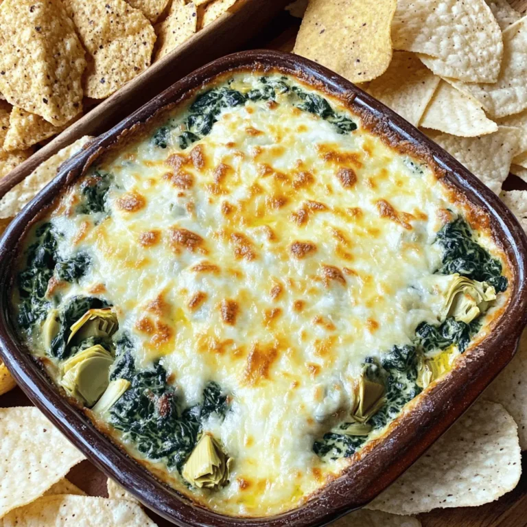 When you make creamy spinach artichoke dip, you need to gather some key ingredients. Here’s what you will need: - 1 cup fresh spinach, chopped - 1 cup canned artichoke hearts, drained and chopped - 1 cup cream cheese, softened - 1/2 cup sour cream - 1/2 cup mayonnaise - 1 cup grated Parmesan cheese - 1 cup shredded mozzarella cheese - 2 cloves garlic, minced - 1/2 teaspoon onion powder - 1/2 teaspoon red pepper flakes (optional) - Salt and pepper to taste - Tortilla chips or bread slices for serving Fresh spinach and artichoke hearts give this dip its bright flavor. The creamy components, like cream cheese, sour cream, and mayonnaise, create that rich texture we love. For seasonings, I use garlic, onion powder, and red pepper flakes to bring out the taste. You can skip the red pepper flakes if you prefer a milder dip. When serving, tortilla chips or toasted baguette slices work best. You can also add some veggie sticks for a fresh touch. Check out the Full Recipe for more details on how to combine these ingredients for a delicious dip! 1. Preheat your oven to 350°F (175°C). This step warms the oven for even cooking. 2. Grab a mixing bowl. Combine the softened cream cheese, sour cream, and mayonnaise. Mix until creamy and smooth. 3. Next, stir in the chopped spinach and artichoke hearts. Add the minced garlic, onion powder, and red pepper flakes if you like some heat. 4. Mix in half of the Parmesan cheese. Make sure every bit is well blended. 5. Season the mixture with salt and pepper to taste. This is key for great flavor. 6. Transfer the dip into a baking dish. Spread it evenly across the dish. 7. Top with the rest of the Parmesan cheese and sprinkle the mozzarella cheese on top. 8. Bake in the preheated oven for about 25-30 minutes. Wait until the dip bubbles and turns golden brown. 9. Once done, let it cool slightly before serving. This dip pairs well with tortilla chips or bread. For the complete recipe, check out the Full Recipe. Enjoy your delicious Creamy Spinach Artichoke Dip! To make your dip creamy, start with room temperature cream cheese. Cold cream cheese can clump and make it hard to blend. You want a smooth, lump-free mix. - Soften the cream cheese for at least 30 minutes before mixing. - Use a hand mixer or food processor to blend the base. This helps combine all ingredients well. To keep your dip from drying out, add sour cream and mayonnaise. They provide moisture and a rich taste. - Bake it until just bubbly. Overbaking can lead to dryness. - If it looks too thick, stir in a bit of milk or cream before baking. When serving, choose dippers that complement the dip. Tortilla chips are classic, but toasted baguette slices and fresh veggie sticks work too. - Arrange your dippers in a fun way around the dip for a colorful display. - Serve the dip warm for the best taste. For an extra touch, sprinkle some red pepper flakes on top before serving. This adds a pop of color and a hint of heat. Enjoy your creamy spinach artichoke dip with friends and family! For the full recipe, refer to the section above. {{image_2}} You can change up the cheese in this dip for fun flavors. Use sharp cheddar for a kick or creamy goat cheese for a tangy twist. Mixing in some blue cheese adds a bold taste that many will love. You can also add different herbs and spices. Try adding fresh basil or dill for a fresh touch. If you want heat, sprinkle in some cayenne or smoked paprika. Each choice gives the dip a new flavor that keeps it exciting. If you want to lighten this dish, make some easy swaps. Use low-fat cream cheese or Greek yogurt instead of sour cream and mayonnaise. This keeps the dip creamy but cuts down on calories. You can also add more veggies for extra nutrition. Chopped bell peppers or mushrooms work great. You can even mix in some kale for added health benefits. These changes make the dip tasty and a bit better for you without losing flavor. You can store any leftover dip in an airtight container. Keep it in the fridge. It stays fresh for up to three days. To reheat, place it in a microwave-safe bowl. Heat on medium power for one to two minutes. Stir every thirty seconds for even warming. You can also bake it again. Place it in the oven at 350°F (175°C) for about 10 minutes. This helps keep the texture creamy. You can freeze this dip for later use. First, let it cool completely. Then, transfer it to a freezer-safe container. Make sure to seal it tightly. It can last in the freezer for up to three months. To thaw, move it to the fridge overnight. You can also use the microwave for quicker thawing. Just be careful not to overheat. After thawing, stir well before reheating. This keeps the flavors fresh and delicious. For the best taste, always try to eat it soon after thawing. You can serve this dip with many tasty options. Here are some ideas: - Tortilla chips - Sliced baguette - Fresh vegetable sticks like carrots and celery - Pita chips - Crackers Each of these pairs well with the creamy dip. They add crunch and flavor, making your appetizer more fun. Yes, you can make this dip ahead of time! Prepare the dip and store it in the fridge. Cover it tightly with plastic wrap. You can keep it for about two days. When ready to bake, just take it out and let it sit for 15 minutes. Then, bake as directed in the Full Recipe. To add some heat, try these options: - Mix in more red pepper flakes. - Add a few dashes of hot sauce. - Stir in diced jalapeños. These ideas will give your dip a nice kick. Adjust the spice level to suit your taste! In this blog post, we explored how to make a delicious Creamy Spinach Artichoke Dip. You learned about the best ingredients, step-by-step preparation, and tips to achieve the perfect creamy texture. We also covered variations and storage best practices. Now you can impress your guests with tasty dips. Enjoy experimenting with new flavors and serving ideas. Your next gathering will be a hit!