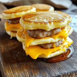 - 1 cup all-purpose flour - 1 tablespoon baking powder - 1 tablespoon sugar - 1/2 teaspoon salt - 1 cup milk - 1 large egg - 2 tablespoons melted butter - 1/2 teaspoon vanilla extract - 8 mini sausage patties - 4 slices of American cheese, halved - Maple syrup for drizzling To make Mini McGriddle Bites, you start with simple, essential ingredients. The flour, baking powder, and sugar give the base a sweet, fluffy texture. Salt helps to enhance the flavors. Milk adds moisture, making the bites soft. Next, you need a few more items to complete the dish. The egg binds everything together. Melted butter brings richness, while vanilla extract adds a nice touch of flavor. The mini sausage patties give your bites a savory punch. American cheese melts beautifully, creating a creamy layer. Finally, don't forget the maple syrup. It adds a sweet drizzle that makes each bite a delight. You can find the Full Recipe above to guide you through the steps. To make the batter, start by whisking together the dry ingredients. In a large bowl, combine 1 cup of all-purpose flour, 1 tablespoon of baking powder, 1 tablespoon of sugar, and 1/2 teaspoon of salt. Mix these well to ensure even flavor. Next, in another bowl, mix the wet ingredients. Combine 1 cup of milk, 1 large egg, 2 tablespoons of melted butter, and 1/2 teaspoon of vanilla extract. Stir until everything is smooth and well combined. Gradually pour the wet mix into the dry mix. Stir gently until you see a few lumps. Do not overmix, as it can make the bites tough. Heat a skillet over medium heat. Place the mini sausage patties in the skillet. Cook them for about 3 to 4 minutes on each side until they are browned and cooked through. Once done, drain the cooked patties on paper towels. This will help remove extra grease, making your bites less greasy and more delicious. Now, grease a griddle or large skillet with a little butter or cooking spray. Heat it to medium-low. Pour about 2 tablespoons of pancake batter onto the griddle for each bite. Place one sausage patty on top of each pancake. After about 2 to 3 minutes, when bubbles form on the pancakes, place half a slice of cheese on top of each sausage. Pour a little more batter over the cheese, about 1 tablespoon. Carefully flip each mini McGriddle. Cook for another 2 to 3 minutes until they turn golden brown and the cheese melts. Remove the bites from the heat and drizzle warm maple syrup on top before serving. Enjoy your tasty breakfast delight! For detailed cooking instructions, check out the Full Recipe. To get the best Mini McGriddle Bites, avoid overmixing the batter. When you mix, stop as soon as you see no dry flour. A few lumps are fine. This keeps the bites fluffy and light. Choosing the right skillet or griddle is key. Use a non-stick surface for easy flipping. Heat it to medium-low. This way, the bites cook evenly without burning. Toppings can make your McGriddle Bites special. Try whipped cream and berries for a sweet twist. For a savory option, add avocado or hot sauce. Maple syrup is a must for drizzling. Pair your bites with beverages, too! Fresh orange juice or milk works well. For fun, serve with a coffee or a warm chai tea. These drinks complement the flavors perfectly. If you want the Full Recipe, check the section above for all the steps! {{image_2}} You can change up your Mini McGriddle Bites with simple swaps. Try using different cheeses for a new flavor. Cheddar, pepper jack, or gouda can bring a tasty twist. Each cheese melts differently, adding unique creaminess. Next, think about the sausage. You can swap mini sausage patties for turkey or chicken sausage. These options give a lighter taste. You can also try plant-based sausage for a fun vegetarian choice. Each swap can change the whole vibe of your bites. The batter for Mini McGriddle Bites can be sweet or savory. To make it sweet, try adding fruits like mashed bananas or blueberries. These fruits add natural sweetness and moisture. You might also sprinkle in some cinnamon for warmth and spice. For a savory version, add herbs like chives or thyme to the batter. These herbs bring fresh notes to each bite. You can also experiment with toppings. Instead of syrup, try avocado or a spicy sauce. These options can make your breakfast feel like a gourmet meal. For those who want to dive deeper, check the Full Recipe for all the steps and details. To keep your Mini McGriddle Bites fresh, follow these tips: - Refrigerating: Place leftover bites in an airtight container. They will stay fresh in the fridge for up to three days. Make sure to cool them before sealing to prevent condensation. - Freezing: If you want to enjoy them later, freeze them! Lay the bites on a baking sheet first. This prevents sticking. Once frozen, transfer them to a freezer bag. They can last up to a month in the freezer. Reheating your Mini McGriddle Bites will keep them tasty. Here’s how: - Microwave: Place a few bites on a plate. Cover with a damp paper towel. Heat for about 30 seconds to one minute. Check to ensure they are warm throughout. - Oven: Preheat your oven to 350°F (175°C). Put the bites on a baking sheet. Heat for about 10 minutes. This method keeps them crispy. By following these storage and reheating tips, you can enjoy your Mini McGriddle Bites again and again! You can make Mini McGriddle Bites healthier by swapping out some ingredients. Here are a few ideas: - Use whole wheat flour instead of all-purpose flour. This adds fiber and nutrients. - Reduce the sugar in the batter. You can cut it in half or use a sugar substitute. - Choose turkey sausage instead of pork sausage. This lowers the fat content. - Add fruits like mashed bananas or applesauce to the batter. This adds natural sweetness and flavor. These changes help keep the bites tasty while making them a bit better for you. Yes, you can prepare Mini McGriddle Bites ahead of time. Here’s how: - Make the batter and cook the bites. After cooking, let them cool. - Store them in an airtight container in the fridge for up to three days. - To reheat, just pop them in the microwave for about 30 seconds. You can also warm them in a skillet for a few minutes. This way, you can enjoy a quick breakfast without any fuss. For the Full Recipe, please visit the original source. This will give you all the detailed steps to make Mini McGriddle Bites exactly how you want them. Enjoy the cooking adventure! Mini McGriddle Bites are easy to make with simple ingredients. We covered the essential ingredients, step-by-step cooking, and tips for perfect results. I also shared fun variations and storage ideas. These bites are perfect for a quick meal or snack. Feel free to experiment with flavors or adjust the recipe for your taste. Now, you can enjoy this tasty treat anytime!
