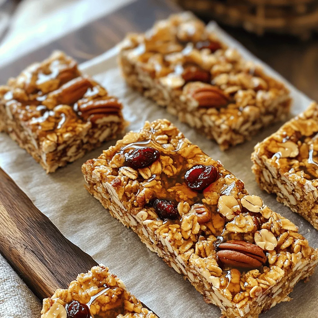 To make Maple Pecan Granola Bars, you need some simple and healthy ingredients. Here’s what you will need: - 2 cups rolled oats - 1 cup pecans, chopped - 1/2 cup honey or maple syrup - 1/4 cup coconut oil, melted - 1/2 teaspoon vanilla extract - 1/4 teaspoon salt - 1/2 cup dried cranberries or raisins - 1/4 cup mini chocolate chips (optional) These ingredients come together to create a tasty snack. The rolled oats provide fiber. Chopped pecans add crunch and healthy fats. Honey or maple syrup gives sweetness. Coconut oil makes the bars rich and tasty. Vanilla adds flavor, while salt balances the sweetness. Dried cranberries or raisins add a fruity touch. If you like chocolate, mini chocolate chips can make it even better! For the full recipe and steps, you can check out [Full Recipe]. First, preheat your oven to 350°F (175°C). While it heats, grab an 8x8 inch (20x20 cm) baking dish. Line it with parchment paper. Let the edges hang over the sides for easy removal later. In a large mixing bowl, add 2 cups of rolled oats, 1 cup of chopped pecans, and 1/4 teaspoon of salt. Mix them together well. This step ensures every bite has a great flavor. In another bowl, whisk together 1/2 cup of honey or maple syrup, 1/4 cup of melted coconut oil, and 1/2 teaspoon of vanilla extract. Mix until it looks smooth and well-combined. This mix adds sweetness and moisture. Pour the wet mixture over the dry ingredients. Stir until all the oats and nuts are coated. Now, fold in 1/2 cup of dried cranberries or raisins. You can add 1/4 cup of mini chocolate chips if you like a sweet twist. Scoop the mixture into your prepared baking dish. Press it down firmly to create an even layer. Use a spatula or your moistened hands to pack it tight. This helps the bars hold their shape when baked. Place the dish in the oven and bake for 20-25 minutes. Look for a golden brown edge. Once done, take it out and let it cool in the pan for about 10 minutes. After that, use the parchment paper to lift it out. Let it cool on a wire rack for about 30 minutes before cutting into bars. Enjoy your tasty snack! For the complete recipe, check out [Full Recipe]. To get that perfect crunch, bake your bars until golden. The edges should be crisp, while the center stays chewy. Press the mixture firmly into the baking dish. This helps the bars hold together well. Add different nuts like almonds or walnuts for a unique taste. You can also mix in seeds like chia or pumpkin seeds for extra crunch. Want something sweeter? Use maple syrup instead of honey. Toss in some coconut flakes for a tropical twist. These bars make great snacks anytime. Pair them with yogurt for breakfast or enjoy them with a piece of fruit. Slice them into small squares for a fun treat at parties. Presentation matters! Serve on a wooden board, topped with whole pecans and a drizzle of maple syrup for flair. For a quick grab-and-go option, wrap each bar in parchment paper. Check out the Full Recipe for more details! {{image_2}} You can swap pecans for other nuts. Almonds, walnuts, or cashews work well. Each nut adds a unique taste and texture. For a nut-free option, use seeds like sunflower or pumpkin. These seeds pack in protein and crunch. Try mixing different nuts for a fun flavor twist! If you want to change the sweetener, you have options. Use agave syrup or brown rice syrup. Both bring a sweet touch and a hint of flavor. You can also use mashed bananas for a natural sweetener. This adds moisture and a fruity flavor, making your bars more unique! Adding extras can make your granola bars even better. Try mixing in dark chocolate chips or coconut flakes. Dried fruits like apricots or cherries add sweetness and chewiness. You can even add spices like cinnamon or nutmeg for warmth. These simple changes can elevate the taste and keep things interesting. For the full recipe, check out the Maple Pecan Granola Bars section above! To keep your maple pecan granola bars fresh, store them in an airtight container. This step helps maintain their taste and texture. If you plan to eat them soon, keep them at room temperature. For longer storage, the fridge works well too. These granola bars last about one week at room temperature. If you refrigerate them, they can stay fresh for up to two weeks. You can also freeze them for up to three months. Just wrap each bar tightly in plastic wrap. Place them in a freezer bag or container to prevent freezer burn. For on-the-go snacks, wrap each granola bar in parchment paper. This keeps them fresh and makes them easy to grab. You can also use small containers or snack bags for easy packing. This way, your snacks stay ready for any adventure. For the full recipe, check out the section above. Yes, you can use quick oats instead of rolled oats. Quick oats will make your bars softer. They absorb moisture faster than rolled oats. If you prefer a chewier texture, stick with rolled oats. To make these granola bars vegan, replace honey with maple syrup. Use coconut oil as the fat source. This keeps the bars sweet and sticky. You won’t lose any flavor or texture, and they stay delicious! The best way to cut granola bars is to let them cool first. After they cool in the pan for ten minutes, lift them out using the parchment paper. Use a sharp knife to cut them into bars. Clean the knife between cuts for neat edges. Absolutely! You can swap pecans for almonds, walnuts, or sunflower seeds. Use what you like or what you have at home. Each nut adds its own flavor. Just make sure to chop them if they are large. To keep your granola bars crunchy, bake them until they are golden brown. Press the mixture down firmly when you put it in the pan. Store them in an airtight container to protect them from humidity. Enjoy your crunchy snack! For the full recipe, check the section above. In this article, we explored how to make tasty and healthy granola bars. You learned about the essential ingredients, step-by-step instructions, and useful tips. We discussed variations for flavor and the best ways to store your bars. Remember, making granola bars is fun and allows you to customize them to your taste. Enjoy your homemade snacks, and feel free to experiment with different ingredients! Your tasty granola bars await!