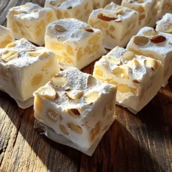 - 2 cups raw almonds - 1 cup honey - 1 cup granulated sugar - 2 large egg whites - 1 teaspoon vanilla extract - Zest of 1 lemon - Edible rice paper (for lining) - 1/4 teaspoon salt Soft Italian torrone is a treat that combines simple yet rich flavors. The main stars of this dessert are the raw almonds, honey, and granulated sugar. Each ingredient plays a key role in creating that soft, chewy texture we crave. Raw almonds give torrone its delightful crunch. Toasting them adds warmth and depth. Honey and sugar provide sweetness and help bind the ingredients together. We also need egg whites, which add lightness. Beating them to stiff peaks creates a fluffy mixture. Vanilla extract adds a hint of warmth, while lemon zest brightens the flavor. Edible rice paper is important for lining the pan. It keeps the torrone from sticking. Finally, a pinch of salt balances the sweetness and enhances the flavors. For the full details on making this sweet delight, check out the Full Recipe. Each ingredient works together to create a classic Italian dessert that is hard to resist! Toasting the almonds First, preheat your oven to 350°F (175°C). Spread 2 cups of raw almonds on a baking sheet. Toast them for about 10-12 minutes. Watch for them to turn golden brown. Once done, let them cool and chop them coarsely. Making the sugar syrup Next, grab a medium saucepan. Mix 1 cup of honey and 1 cup of granulated sugar in the pan. Cook over medium heat. Stir until the sugar dissolves. Use a candy thermometer to check the heat. You want it to reach about 250°F (121°C). Whipping the egg whites While the syrup cooks, take a large bowl. Beat 2 large egg whites with an electric mixer. You want to whip until stiff peaks form. When peaks form, add 1 teaspoon of vanilla extract and 1/4 teaspoon of salt. Keep beating for another minute to blend well. Combining the syrup with egg whites Once the syrup is hot enough, slowly pour it into the whipped egg whites. Do this while you keep mixing. It’s important to beat the mixture for about 5-10 minutes. The goal is to make it thick and glossy. Folding in the almonds and zest Now, gently fold in the chopped almonds and the zest of one lemon. Make sure everything combines evenly without deflating the mixture. Transferring to the pan Prepare a square or rectangular baking dish, about 9x9 inches. Line it with edible rice paper. Pour the torrone mixture into this dish. Spread it evenly. Cover the top with another layer of rice paper. Cooling time Let the torrone cool completely at room temperature. This will take about 6-8 hours, or overnight for best results. After cooling, it will set perfectly. You can find the complete process in the Full Recipe. Enjoy making this delicious treat! How to check syrup temperature To check the syrup temperature, use a candy thermometer. Place it in the syrup while it cooks. The target temperature is 250°F (121°C). This is crucial for getting the right texture. If the syrup is too cool, the torrone won't set well. If it's too hot, it can become too hard. Tips for beating egg whites to stiff peaks Start with clean, dry bowls and beaters. Make sure no yolk gets in the egg whites. Begin at low speed to break them up, then increase to high speed. Beat until the mixture becomes foamy. Once frothy, add salt and vanilla. Keep beating until you see stiff peaks. This means the mixture stands up without falling. Best ways to cut and serve Cut the torrone after it has fully set. Use a sharp knife to make clean cuts. You can cut it into squares or rectangles. For a fun twist, try cutting into fun shapes with cookie cutters. Serve it on a platter for a beautiful display. Pairing ideas with beverages Torrone pairs well with coffee or hot chocolate. The sweetness balances the richness of these drinks. You can also serve it with dessert wine for an elegant touch. For a lighter option, enjoy it with green tea. Each pairing enhances the flavor and makes for a delightful experience. For the full recipe, check out the detailed steps and enjoy making this treat! {{image_2}} You can make soft Italian torrone even more exciting by adding flavors. Chocolate can create a rich twist. Melt dark or milk chocolate and fold it into the mixture before setting. For a fresh taste, add citrus flavors like orange or lime zest. This adds brightness and a fun zing. Using different nuts can also change the taste. While almonds are traditional, try pistachios, hazelnuts, or walnuts. Each nut brings its own flavor and crunch. You can mix nuts, too, for a more complex taste. Soft torrone varies by region in Italy. In Sicily, you may find torrone made with pistachios. In other areas, they use figs or candied fruits. Each region adds a unique spin that reflects local tastes. Notable brands of torrone include Sperlari and Martelli. These brands have long histories and offer many flavors. If you want to explore, buy some from these brands to taste the differences. Each bite tells a story of its origin. For a delightful experience, try making the Full Recipe yourself and taste the magic of homemade torrone! To keep your soft Italian torrone fresh, store it in an airtight container. This method prevents air from making it hard or stale. You can also wrap it in wax paper before placing it in the container. The best temperature for storage is cool and dry. Avoid direct sunlight or heat. A pantry or a cupboard works well. Do not refrigerate, as this can alter its texture. Homemade torrone lasts about two to three weeks when stored properly. If you notice any changes in texture or smell, it's time to toss it. Signs that torrone has gone bad include a hard texture, an off smell, or visible mold. Always trust your senses when checking for freshness. [Full Recipe] What is soft Italian Torrone? Soft Italian Torrone is a chewy, sweet treat made from sugar, almonds, and egg whites. It often contains honey and flavors like vanilla or lemon zest. This candy is popular in Italy, especially during holidays. How is soft Italian Torrone different from hard Torrone? Soft Torrone is chewy and soft, while hard Torrone is crunchy and firm. The texture comes from how long the sugar syrup cooks and how much air is whipped into the egg whites. Soft Torrone melts in your mouth, while hard Torrone requires a bite. Can I make torrone without egg whites? Yes, you can make Torrone without egg whites. However, the texture will change. The egg whites help create a light, fluffy candy. Without them, the Torrone will be denser and not as soft. Where can I buy authentic soft Italian Torrone? You can buy authentic soft Italian Torrone at Italian markets, specialty candy shops, or online. Look for brands that source their ingredients from Italy for the best flavor. What is the best way to cut soft torrone? The best way to cut soft Torrone is to use a sharp knife. I recommend warming the knife slightly under hot water. This helps to create clean cuts without sticking. Can I substitute ingredients in the torrone recipe? Yes, you can substitute some ingredients. For example, you can use different nuts like hazelnuts or walnuts. You can also use agave syrup instead of honey for a different flavor. How to tell when the torrone is set? You can tell when the Torrone is set by gently pressing it. If it feels firm and holds its shape, it’s ready. It should also look glossy and slightly opaque. For the full recipe, check out the detailed instructions mentioned earlier. In this guide, we explored how to make soft Italian Torrone. We covered the key ingredients, like raw almonds and honey, and detailed each step, from toasting the nuts to cooling the final product. I shared tips on perfecting your recipe and various fun variations. Remember, store your Torrone properly to keep it fresh. With these insights, you can enjoy making your own delicious treats. Now, it's time to get cooking and impress your friends and family with your new skills!